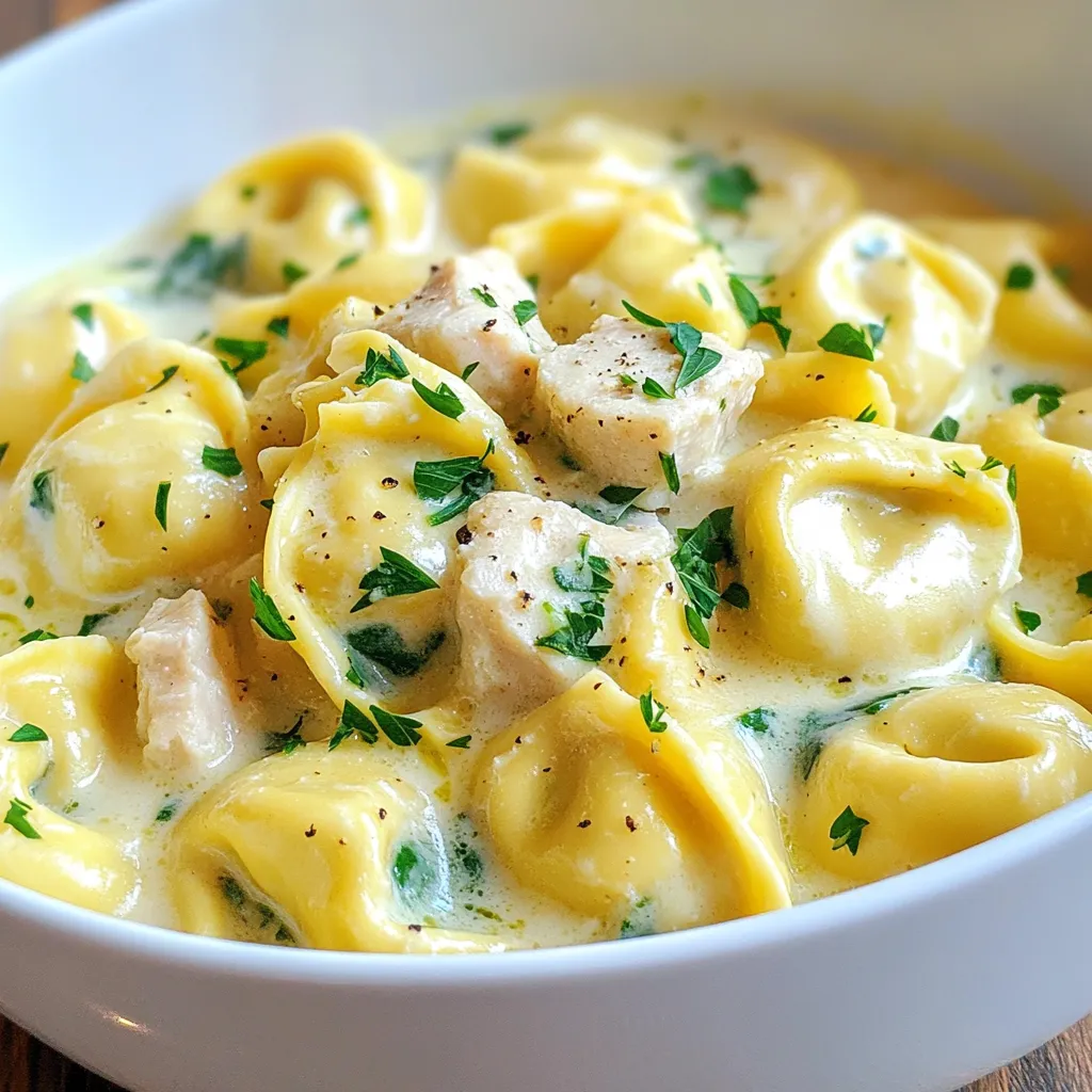 - 12 ounces cheese tortellini - 2 boneless, skinless chicken breasts, diced - 4 tablespoons unsalted butter - 4 cloves garlic, minced - 1 cup heavy cream - 1 cup grated Parmesan cheese - 1 teaspoon Italian seasoning - 2 cups fresh spinach - Fresh parsley, chopped (for garnish) You need to gather the main ingredients first. Cheese tortellini is the star of this dish. You can use fresh or frozen. The chicken adds protein and flavor. I like using boneless and skinless breasts for ease. Butter brings a rich taste to the sauce. Garlic adds a strong aroma that makes your kitchen smell amazing. Heavy cream gives the sauce a nice, creamy texture. Parmesan cheese adds a salty kick that pairs perfectly with garlic. Italian seasoning gives it a classic Italian touch. Fresh spinach adds color and nutrition to the dish. Finally, parsley is a great garnish that freshens up the plate. - Salt - Pepper Salt and pepper are vital for flavor. Use salt to enhance the taste of the chicken and pasta. Freshly cracked pepper adds a bit of heat. You can adjust these to your liking. Always taste before serving to make sure it’s just right. {{ingredient_image_1}} - Start by boiling a large pot of salted water. - Once boiling, add 12 ounces of cheese tortellini. - Cook the tortellini for 2-4 minutes, or until they float. - Drain the tortellini and set them aside in a bowl. - In a large skillet, melt 2 tablespoons of butter over medium heat. - Add 2 diced chicken breasts and season with salt, pepper, and 1 teaspoon of Italian seasoning. - Cook the chicken for 6-8 minutes, until golden brown and cooked through. - Remove the chicken from the skillet and set it aside. - In the same skillet, add 2 more tablespoons of butter and 4 minced garlic cloves. - Sauté the garlic for 1 minute until it smells good. - Pour in 1 cup of heavy cream and bring it to a gentle simmer. - Stir in 1 cup of grated Parmesan cheese until the sauce is smooth. - Add the cooked tortellini and chicken back to the skillet. - Toss in 2 cups of fresh spinach and mix gently. - Cook for another 2-3 minutes until everything is heated. - Taste and adjust seasoning with salt and pepper as needed. You can find two main types of tortellini: fresh and frozen. Fresh tortellini cooks quickly and tastes great. Frozen tortellini lasts longer and is perfect for busy nights. Both options work well in this dish. You can also find tortellini with different flavors. Cheese is the most common, but you might find spinach or mushroom-filled ones. Experimenting with flavors adds fun to your meals. To keep your chicken juicy, choose boneless, skinless breasts. Cut them into small pieces for even cooking. Season the chicken well with salt, pepper, and Italian seasoning. This gives the chicken great flavor. Cook it until it is golden brown and no longer pink inside. This usually takes about 6-8 minutes. Remove it from the skillet before adding the sauce. This keeps it tender and tasty. Your sauce should be creamy but not too thick. Start by melting the butter and sautéing garlic until it smells good. Then, add heavy cream and let it simmer. Stir in the Parmesan cheese until it's smooth. If your sauce is too thick, add a bit of water or more cream. If it’s too thin, let it simmer a bit longer. Always taste, and adjust the salt and pepper for the best flavor. Pro Tips Use Fresh Garlic: Fresh garlic will provide a stronger, more vibrant flavor compared to pre-minced garlic. Always opt for fresh cloves to enhance the dish's overall taste. Cook Pasta Al Dente: To achieve the best texture, cook the tortellini until it’s al dente, as it will continue to cook slightly when combined with the sauce. Adjust Creaminess: If you prefer a lighter sauce, you can substitute half of the heavy cream with chicken broth. This will still keep the sauce flavorful without being too rich. Add Extra Greens: For added nutrition and color, feel free to toss in other greens like kale or arugula along with the spinach for a delightful variation. {{image_2}} If you want a meat-free dish, try adding mushrooms and bell peppers. These veggies bring a nice texture and flavor. Use 1 cup of sliced mushrooms and 1 cup of diced bell peppers. Sauté them with the garlic for a tasty mix. Another option is to replace chicken with tofu. Use firm tofu, diced into small cubes. Cook it until golden, just like the chicken. This makes a great vegetarian twist! For a fun twist, shake up the sauces. You can use alternative cheese sauces. Try a creamy Alfredo or a rich goat cheese sauce. Both add a unique flavor to your dish. If you want a tomato-based sauce, mix in marinara or diced tomatoes. This adds a fresh and tangy taste that pairs well with tortellini. To make your dish pop, consider adding sundried tomatoes. Just chop them and toss them in with the tortellini and chicken. They add a sweet, tangy flavor you will love. You can also incorporate different herbs. Fresh basil or thyme can brighten up the dish. Just sprinkle them in right before serving for the best flavor. To store leftovers, let the tortellini cool first. Then, place it in an airtight container. This keeps your dish fresh for later. You can store it in the fridge for up to three days. When reheating, add a splash of cream or milk. This helps bring back the dish's creamy texture. Heat it gently on the stove or in the microwave. Stir often to avoid burning. If you want to freeze the cooked tortellini, let it cool completely. Then, transfer it to a freezer-safe container. You can also use freezer bags for easy storage. It lasts for up to three months in the freezer. When ready to eat, thaw it overnight in the fridge. Reheat the dish on the stove with a little cream until hot. This keeps it creamy and delicious. Refrigerated leftovers last for about three days. After that, the taste and texture change. Signs of spoilage include a sour smell or mold. If it looks or smells off, it's best to throw it out. Always trust your senses when checking your leftovers! Yes, you can use other cheeses. Here are some great options: - Mozzarella: It melts well and adds a nice stretch. - Asiago: This cheese has a sharp flavor that pairs nicely. - Ricotta: For a creamier texture, use ricotta in the sauce. Feel free to mix cheeses for a unique taste! Garlic Parmesan Tortellini is tasty on its own, but sides add fun. Consider these: - Garlic bread: It’s perfect for soaking up sauce. - Caesar salad: Crisp romaine with creamy dressing complements the dish. - Roasted vegetables: Think zucchini or bell peppers for color and flavor. These sides bring balance to the meal! To make this dish lighter, swap some ingredients. Here are some tips: - Use half-and-half instead of heavy cream for less fat. - Cut the butter in half or use olive oil for cooking. - Add more spinach or other veggies to bulk it up. These changes keep the flavor while reducing calories! This blog post covered a delicious Garlic Parmesan Tortellini dish. You learned about key ingredients like cheese tortellini and chicken. I shared step-by-step instructions for cooking and making the sauce. The tips helped you choose tortellini and perfect your chicken. Variations offered fun ideas for customization. Finally, storage tips make leftovers easy to enjoy later. Cooking can be simple and enjoyable. I hope you feel inspired to try this airy, creamy dish soon!