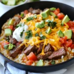 - 1 lb flank steak, cut into bite-sized pieces - 1 cup long grain rice - 2 cups beef broth - 1 cup diced tomatoes with green chilies - 1 cup shredded queso cheese (like Chihuahua or Monterey Jack) - 1 medium onion, diced - 2 cloves garlic, minced - 1 teaspoon chili powder - ½ teaspoon cumin - Salt and pepper to taste Gathering the right ingredients is key to making this Steak Queso Rice Skillet a success. First, I always choose flank steak. It has great flavor and cooks well. Next, I use long grain rice because it absorbs the broth nicely. The beef broth is crucial, as it adds depth to the dish. For a kick, I add diced tomatoes with green chilies. They bring both heat and flavor. Shredded queso cheese melts beautifully on top. I often go for Chihuahua or Monterey Jack for their creamy texture. Don't forget the onion and garlic. They add a savory base that makes every bite tasty. For seasonings, I stick with chili powder and cumin. They enhance the steak's natural flavors. Finally, I always keep salt and pepper close. They help balance the dish perfectly. With these ingredients, you set the stage for a flavorful meal that everyone will love. {{ingredient_image_1}} 1. Heating olive oil and cooking onion Start by heating one tablespoon of olive oil in a large skillet over medium heat. Add one diced medium onion and cook it for about 2-3 minutes. The onion should soften and become fragrant. 2. Adding garlic and steak to the skillet Next, stir in two minced garlic cloves. Cook this mixture for one more minute, stirring to avoid burning. Then, add one pound of bite-sized flank steak pieces. Sprinkle salt, pepper, one teaspoon of chili powder, and half a teaspoon of cumin over the steak. Sear the steak for about 4-5 minutes until it turns a nice brown color. 1. Incorporating rice and toasting Now it’s time to add one cup of long grain rice. Stir the rice into the skillet, making sure it gets coated with all the delicious flavors. Let it toast in the skillet for about a minute to enhance its nutty flavor. 2. Adding tomatoes and beef broth Pour in one cup of diced tomatoes with green chilies, along with two cups of beef broth. Bring this mixture to a gentle simmer. Once you see bubbles, reduce the heat to low, cover the skillet, and let it cook for 20 minutes. The rice will soak up most of the liquid and become tender. 1. Melting cheese and garnishing When the rice is done, remove the skillet from the heat. Sprinkle one cup of shredded queso cheese on top. Cover the skillet and let it sit for about 5 minutes. This will allow the cheese to melt perfectly. 2. Fluffing the rice and serving Finally, fluff the rice with a fork to mix in the melted cheese. Garnish with fresh cilantro. If you like, you can also serve this dish with sour cream and avocado slices for extra creaminess and flavor. Enjoy your delicious Steak Queso Rice Skillet! - How to achieve the best sear on the steak: Start with a hot skillet. Heat the olive oil before adding the steak. This helps create a nice crust. Make sure not to overcrowd the pan. If the pieces touch, they won’t sear well. Sear each side for about 4-5 minutes. You want a rich brown color. - Importance of resting the cheese: After cooking, let the cheese rest for about 5 minutes. This helps it melt evenly. If you cut into it right away, the cheese will slide off. Letting it sit keeps it creamy and gooey. - Best toppings to enhance flavors: Top your skillet with fresh cilantro for a burst of brightness. You can add sour cream for creaminess. Slices of avocado add a rich texture. You can even sprinkle some extra chili powder for heat. - Ideal side dishes to pair with the skillet: Serve with tortilla chips for crunch. A side salad with lime vinaigrette adds freshness. You could also enjoy it with grilled corn for a sweet contrast. Pro Tips Let the Steak Rest: After searing the steak, let it rest for a few minutes before adding it to the skillet. This allows the juices to redistribute, resulting in a more tender and flavorful bite. Customize the Heat: Adjust the level of spice by using mild or hot diced tomatoes with green chilies, or by adding more or less chili powder to suit your taste. Use a Lid: Keeping the skillet covered while the rice cooks helps trap steam, ensuring the rice cooks evenly and absorbs all the delicious flavors. Experiment with Cheese: While queso cheese adds a creamy texture, feel free to mix in other types of cheese like cheddar or pepper jack for additional flavor variations. {{image_2}} You can swap out flank steak for other meats. Chicken and shrimp are great choices. They cook fast and soak up flavors well. Just make sure to adjust the cooking time. For a vegetarian twist, try tofu or beans. Tofu adds protein and takes on the taste of spices. Beans like black or pinto can make this dish hearty and filling. Changing up the cheese can take this dish to new levels. You can try pepper jack for a spicy kick. Or go for a sharp cheddar for a bold flavor. Adding spices like smoked paprika or cayenne can give a nice depth. You can also experiment with different tomatoes. Fire-roasted tomatoes add a sweet, smoky taste. This small change can really brighten the dish. To store leftovers of your steak queso rice skillet, let it cool. Place the dish in an airtight container. This helps keep it fresh and prevents odors from mixing. Store it in the fridge for up to 3 days. To reheat, use the stovetop for best results. Heat a skillet over low heat. Add a splash of beef broth to keep the dish moist. Stir often until heated through. For longer storage, you can freeze the skillet. Wait for it to cool, then transfer it to a freezer-safe container. It can last up to 3 months. To thaw, move it to the fridge overnight before reheating. Can I use brown rice instead of long grain rice? Yes, you can use brown rice. Brown rice adds a nutty taste and is healthier. Just remember it needs more cooking time. Use 2 ½ cups of beef broth and cook for about 30-35 minutes. How do I substitute for queso cheese? If you cannot find queso cheese, use Monterey Jack or cheddar. Both melt well and add great flavor. Cream cheese can also work for a creamy texture. Can I make this dish ahead of time? Yes, you can prepare it ahead. Cook the steak and rice, then cool them down. Store in the fridge for up to three days. Reheat when ready to serve. What to do if the rice is not cooking properly? If the rice is still hard, add a bit more beef broth. Cover the skillet and cook for a few more minutes. Check often to avoid burning. In this blog post, we covered how to make a flavorful skillet dish using flank steak, rice, and rich seasonings. You learned about key ingredients, detailed steps, and helpful tips for the best results. I shared variations for different proteins and flavors to fit your taste. Finally, we looked at storage tips to keep your meal fresh. With this knowledge, you can create a delicious dish your family will love. Enjoy cooking and experimenting with your own flavors!