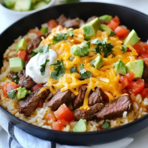 - 1 lb flank steak, cut into bite-sized pieces - 1 cup long grain rice - 2 cups beef broth - 1 cup diced tomatoes with green chilies - 1 cup shredded queso cheese (like Chihuahua or Monterey Jack) - 1 medium onion, diced - 2 cloves garlic, minced - 1 teaspoon chili powder - 1/2 teaspoon cumin - Salt and pepper to taste Gathering the right ingredients is key to making this Steak Queso Rice Skillet a success. First, I always choose flank steak. It has great flavor and cooks well. Next, I use long grain rice because it absorbs the broth nicely. The beef broth is crucial, as it adds depth to the dish. For a kick, I add diced tomatoes with green chilies. They bring both heat and flavor. Shredded queso cheese melts beautifully on top. I often go for Chihuahua or Monterey Jack for their creamy texture. Don't forget the onion and garlic. They add a savory base that makes every bite tasty. For seasonings, I stick with chili powder and cumin. They enhance the steak's natural flavors. Finally, I always keep salt and pepper close. They help balance the dish perfectly. With these ingredients, you set the stage for a flavorful meal that everyone will love. {{ingredient_image_1}} 1. Heating olive oil and cooking onion Start by heating one tablespoon of olive oil in a large skillet over medium heat. Add one diced medium onion and cook it for about 2-3 minutes. The onion should soften and become fragrant. 2. Adding garlic and steak to the skillet Next, stir in two minced garlic cloves. Cook this mixture for one more minute, stirring to avoid burning. Then, add one pound of bite-sized flank steak pieces. Sprinkle salt, pepper, one teaspoon of chili powder, and half a teaspoon of cumin over the steak. Sear the steak for about 4-5 minutes until it turns a nice brown color. 1. Incorporating rice and toasting Now it’s time to add one cup of long grain rice. Stir the rice into the skillet, making sure it gets coated with all the delicious flavors. Let it toast in the skillet for about a minute to enhance its nutty flavor. 2. Adding tomatoes and beef broth Pour in one cup of diced tomatoes with green chilies, along with two cups of beef broth. Bring this mixture to a gentle simmer. Once you see bubbles, reduce the heat to low, cover the skillet, and let it cook for 20 minutes. The rice will soak up most of the liquid and become tender. 1. Melting cheese and garnishing When the rice is done, remove the skillet from the heat. Sprinkle one cup of shredded queso cheese on top. Cover the skillet and let it sit for about 5 minutes. This will allow the cheese to melt perfectly. 2. Fluffing the rice and serving Finally, fluff the rice with a fork to mix in the melted cheese. Garnish with fresh cilantro. If you like, you can also serve this dish with sour cream and avocado slices for extra creaminess and flavor. Enjoy your delicious Steak Queso Rice Skillet! - How to achieve the best sear on the steak: Start with a hot skillet. Heat the olive oil before adding the steak. This helps create a nice crust. Make sure not to overcrowd the pan. If the pieces touch, they won’t sear well. Sear each side for about 4-5 minutes. You want a rich brown color. - Importance of resting the cheese: After cooking, let the cheese rest for about 5 minutes. This helps it melt evenly. If you cut into it right away, the cheese will slide off. Letting it sit keeps it creamy and gooey. - Best toppings to enhance flavors: Top your skillet with fresh cilantro for a burst of brightness. You can add sour cream for creaminess. Slices of avocado add a rich texture. You can even sprinkle some extra chili powder for heat. - Ideal side dishes to pair with the skillet: Serve with tortilla chips for crunch. A side salad with lime vinaigrette adds freshness. You could also enjoy it with grilled corn for a sweet contrast. Pro Tips Let the Steak Rest: After searing the steak, let it rest for a few minutes before adding it to the skillet. This allows the juices to redistribute, resulting in a more tender and flavorful bite. Customize the Heat: Adjust the level of spice by using mild or hot diced tomatoes with green chilies, or by adding more or less chili powder to suit your taste. Use a Lid: Keeping the skillet covered while the rice cooks helps trap steam, ensuring the rice cooks evenly and absorbs all the delicious flavors. Experiment with Cheese: While queso cheese adds a creamy texture, feel free to mix in other types of cheese like cheddar or pepper jack for additional flavor variations. {{image_2}} You can swap out flank steak for other meats. Chicken and shrimp are great choices. They cook fast and soak up flavors well. Just make sure to adjust the cooking time. For a vegetarian twist, try tofu or beans. Tofu adds protein and takes on the taste of spices. Beans like black or pinto can make this dish hearty and filling. Changing up the cheese can take this dish to new levels. You can try pepper jack for a spicy kick. Or go for a sharp cheddar for a bold flavor. Adding spices like smoked paprika or cayenne can give a nice depth. You can also experiment with different tomatoes. Fire-roasted tomatoes add a sweet, smoky taste. This small change can really brighten the dish. To store leftovers of your steak queso rice skillet, let it cool. Place the dish in an airtight container. This helps keep it fresh and prevents odors from mixing. Store it in the fridge for up to 3 days. To reheat, use the stovetop for best results. Heat a skillet over low heat. Add a splash of beef broth to keep the dish moist. Stir often until heated through. For longer storage, you can freeze the skillet. Wait for it to cool, then transfer it to a freezer-safe container. It can last up to 3 months. To thaw, move it to the fridge overnight before reheating. Can I use brown rice instead of long grain rice? Yes, you can use brown rice. Brown rice adds a nutty taste and is healthier. Just remember it needs more cooking time. Use 2 ½ cups of beef broth and cook for about 30-35 minutes. How do I substitute for queso cheese? If you cannot find queso cheese, use Monterey Jack or cheddar. Both melt well and add great flavor. Cream cheese can also work for a creamy texture. Can I make this dish ahead of time? Yes, you can prepare it ahead. Cook the steak and rice, then cool them down. Store in the fridge for up to three days. Reheat when ready to serve. What to do if the rice is not cooking properly? If the rice is still hard, add a bit more beef broth. Cover the skillet and cook for a few more minutes. Check often to avoid burning. In this blog post, we covered how to make a flavorful skillet dish using flank steak, rice, and rich seasonings. You learned about key ingredients, detailed steps, and helpful tips for the best results. I shared variations for different proteins and flavors to fit your taste. Finally, we looked at storage tips to keep your meal fresh. With this knowledge, you can create a delicious dish your family will love. Enjoy cooking and experimenting with your own flavors!