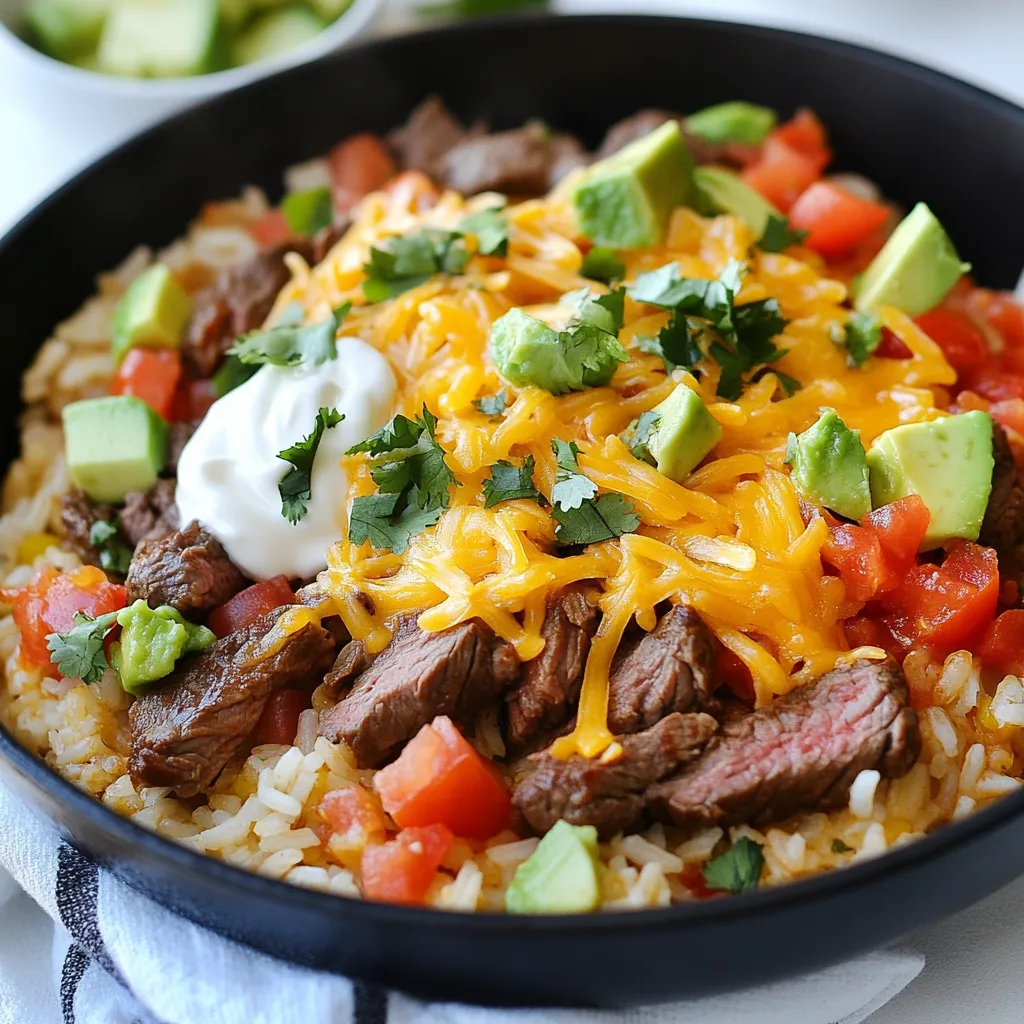- 1 lb flank steak, cut into bite-sized pieces - 1 cup long grain rice - 2 cups beef broth - 1 cup diced tomatoes with green chilies - 1 cup shredded queso cheese (like Chihuahua or Monterey Jack) - 1 medium onion, diced - 2 cloves garlic, minced - 1 teaspoon chili powder - ½ teaspoon cumin - Salt and pepper to taste Gathering the right ingredients is key to making this Steak Queso Rice Skillet a success. First, I always choose flank steak. It has great flavor and cooks well. Next, I use long grain rice because it absorbs the broth nicely. The beef broth is crucial, as it adds depth to the dish. For a kick, I add diced tomatoes with green chilies. They bring both heat and flavor. Shredded queso cheese melts beautifully on top. I often go for Chihuahua or Monterey Jack for their creamy texture. Don't forget the onion and garlic. They add a savory base that makes every bite tasty. For seasonings, I stick with chili powder and cumin. They enhance the steak's natural flavors. Finally, I always keep salt and pepper close. They help balance the dish perfectly. With these ingredients, you set the stage for a flavorful meal that everyone will love. {{ingredient_image_1}} 1. Heating olive oil and cooking onion Start by heating one tablespoon of olive oil in a large skillet over medium heat. Add one diced medium onion and cook it for about 2-3 minutes. The onion should soften and become fragrant. 2. Adding garlic and steak to the skillet Next, stir in two minced garlic cloves. Cook this mixture for one more minute, stirring to avoid burning. Then, add one pound of bite-sized flank steak pieces. Sprinkle salt, pepper, one teaspoon of chili powder, and half a teaspoon of cumin over the steak. Sear the steak for about 4-5 minutes until it turns a nice brown color. 1. Incorporating rice and toasting Now it’s time to add one cup of long grain rice. Stir the rice into the skillet, making sure it gets coated with all the delicious flavors. Let it toast in the skillet for about a minute to enhance its nutty flavor. 2. Adding tomatoes and beef broth Pour in one cup of diced tomatoes with green chilies, along with two cups of beef broth. Bring this mixture to a gentle simmer. Once you see bubbles, reduce the heat to low, cover the skillet, and let it cook for 20 minutes. The rice will soak up most of the liquid and become tender. 1. Melting cheese and garnishing When the rice is done, remove the skillet from the heat. Sprinkle one cup of shredded queso cheese on top. Cover the skillet and let it sit for about 5 minutes. This will allow the cheese to melt perfectly. 2. Fluffing the rice and serving Finally, fluff the rice with a fork to mix in the melted cheese. Garnish with fresh cilantro. If you like, you can also serve this dish with sour cream and avocado slices for extra creaminess and flavor. Enjoy your delicious Steak Queso Rice Skillet! - How to achieve the best sear on the steak: Start with a hot skillet. Heat the olive oil before adding the steak. This helps create a nice crust. Make sure not to overcrowd the pan. If the pieces touch, they won’t sear well. Sear each side for about 4-5 minutes. You want a rich brown color. - Importance of resting the cheese: After cooking, let the cheese rest for about 5 minutes. This helps it melt evenly. If you cut into it right away, the cheese will slide off. Letting it sit keeps it creamy and gooey. - Best toppings to enhance flavors: Top your skillet with fresh cilantro for a burst of brightness. You can add sour cream for creaminess. Slices of avocado add a rich texture. You can even sprinkle some extra chili powder for heat. - Ideal side dishes to pair with the skillet: Serve with tortilla chips for crunch. A side salad with lime vinaigrette adds freshness. You could also enjoy it with grilled corn for a sweet contrast. Pro Tips Let the Steak Rest: After searing the steak, let it rest for a few minutes before adding it to the skillet. This allows the juices to redistribute, resulting in a more tender and flavorful bite. Customize the Heat: Adjust the level of spice by using mild or hot diced tomatoes with green chilies, or by adding more or less chili powder to suit your taste. Use a Lid: Keeping the skillet covered while the rice cooks helps trap steam, ensuring the rice cooks evenly and absorbs all the delicious flavors. Experiment with Cheese: While queso cheese adds a creamy texture, feel free to mix in other types of cheese like cheddar or pepper jack for additional flavor variations. {{image_2}} You can swap out flank steak for other meats. Chicken and shrimp are great choices. They cook fast and soak up flavors well. Just make sure to adjust the cooking time. For a vegetarian twist, try tofu or beans. Tofu adds protein and takes on the taste of spices. Beans like black or pinto can make this dish hearty and filling. Changing up the cheese can take this dish to new levels. You can try pepper jack for a spicy kick. Or go for a sharp cheddar for a bold flavor. Adding spices like smoked paprika or cayenne can give a nice depth. You can also experiment with different tomatoes. Fire-roasted tomatoes add a sweet, smoky taste. This small change can really brighten the dish. To store leftovers of your steak queso rice skillet, let it cool. Place the dish in an airtight container. This helps keep it fresh and prevents odors from mixing. Store it in the fridge for up to 3 days. To reheat, use the stovetop for best results. Heat a skillet over low heat. Add a splash of beef broth to keep the dish moist. Stir often until heated through. For longer storage, you can freeze the skillet. Wait for it to cool, then transfer it to a freezer-safe container. It can last up to 3 months. To thaw, move it to the fridge overnight before reheating. Can I use brown rice instead of long grain rice? Yes, you can use brown rice. Brown rice adds a nutty taste and is healthier. Just remember it needs more cooking time. Use 2 ½ cups of beef broth and cook for about 30-35 minutes. How do I substitute for queso cheese? If you cannot find queso cheese, use Monterey Jack or cheddar. Both melt well and add great flavor. Cream cheese can also work for a creamy texture. Can I make this dish ahead of time? Yes, you can prepare it ahead. Cook the steak and rice, then cool them down. Store in the fridge for up to three days. Reheat when ready to serve. What to do if the rice is not cooking properly? If the rice is still hard, add a bit more beef broth. Cover the skillet and cook for a few more minutes. Check often to avoid burning. In this blog post, we covered how to make a flavorful skillet dish using flank steak, rice, and rich seasonings. You learned about key ingredients, detailed steps, and helpful tips for the best results. I shared variations for different proteins and flavors to fit your taste. Finally, we looked at storage tips to keep your meal fresh. With this knowledge, you can create a delicious dish your family will love. Enjoy cooking and experimenting with your own flavors!
