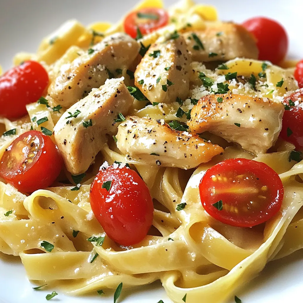 - Chicken and Pasta - 2 boneless, skinless chicken breasts, cut into bite-sized pieces - 8 oz fettuccine pasta - Spices and Seasonings - 1 teaspoon smoked paprika - 1 teaspoon onion powder - 1 teaspoon ground cumin - ½ teaspoon cayenne pepper (adjust for heat preference) - Salt and pepper to taste - Sauces and Garnishes - 3 tablespoons unsalted butter - 3 cloves garlic, minced - 1 cup cherry tomatoes, halved - ½ cup heavy cream - Fresh parsley, chopped (for garnish) - Grated Parmesan cheese (optional) Gather these ingredients before starting. It makes cooking easier. The chicken gives protein, while the pasta serves as a base. The spices add warmth and flavor, making this dish special. The butter and cream create a rich sauce. Lastly, the tomatoes brighten up the dish, and parsley adds a fresh touch. Enjoy this simple and tasty meal! {{ingredient_image_1}} - Preparing Salted Boiling Water Start by filling a large pot with water. Add a good amount of salt. The salty water adds flavor to the pasta. Bring the water to a rolling boil over high heat. - Cooking Fettuccine to Perfection Once the water boils, add the fettuccine. Stir the pasta so it doesn't stick. Cook according to package instructions, usually around 8-10 minutes. The pasta should be al dente, firm but not hard. Reserve a cup of pasta water before draining. - Sautéing Chicken with Seasonings In a large skillet, melt one tablespoon of butter over medium heat. Add bite-sized chicken pieces to the skillet. Sprinkle salt, pepper, smoked paprika, onion powder, cumin, and cayenne pepper on the chicken. Stir to coat evenly. - Achieving Perfect Texture and Flavor Cook the chicken for about 7-10 minutes. Stir occasionally until it’s cooked through and lightly browned. The spices will fill your kitchen with a great aroma. Once done, remove the chicken from the skillet and set it aside. - Sautéing Garlic in Butter In the same skillet, add two more tablespoons of butter. Once melted, add minced garlic. Sauté the garlic for about a minute until fragrant. Be careful not to let it brown; that can ruin the flavor. - Incorporating Cherry Tomatoes and Heavy Cream Next, add halved cherry tomatoes to the skillet. Cook for about 3-4 minutes until they soften. Pour in the heavy cream and stir gently. Cook until the sauce thickens slightly and becomes creamy. - Mixing Chicken and Pasta with Sauce Return the cooked chicken to the skillet. Toss everything together to coat the chicken in the sauce. Add the drained fettuccine and mix well. - Adjusting Consistency with Reserved Pasta Water If the sauce seems too thick, add some reserved pasta water a little at a time. This helps achieve the right creamy consistency. Taste the dish and adjust the seasoning if needed. - Overcooking the Pasta: Cooking pasta is simple, but timing is key. Always follow the package instructions. Cook until al dente, which means it should have a slight bite. If you cook it too long, it can get mushy. - Under-seasoning the Chicken: Chicken needs flavor! Season it well before cooking. Use salt, pepper, and all those spices. This makes a huge difference in taste. If you skip this step, your dish may taste bland. - Suggestions for Additional Spices: Want to kick up the flavor? Try adding a pinch of Italian herbs or a dash of chili powder. You can also use lemon zest for brightness. Experiment and find your favorite combo! - Alternative Herbs for Garnishing: Fresh herbs add color and taste. If you don’t have parsley, try basil or cilantro. Both can give your dish a fresh twist and elevate its look. - Dairy-Free Alternatives for Heavy Cream: If you need a dairy-free option, use coconut cream or cashew cream. Both are creamy and delicious. They will keep the dish rich without the dairy. - Gluten-Free Pasta Options: There are many gluten-free pastas available today. Look for those made from rice or chickpeas. They cook well and taste great in this dish. Pro Tips Use Fresh Garlic: Freshly minced garlic will enhance the flavor of your Cowboy Butter sauce more than pre-minced options. Adjust the Heat: Feel free to tweak the cayenne pepper according to your heat preference; you can also omit it for a milder dish. Reserve Pasta Water: Saving a bit of the pasta cooking water can help you achieve the perfect sauce consistency. Garnish Generously: Don't skimp on the parsley and Parmesan cheese; they add a fresh and savory finish to the dish! {{image_2}} You can make Cowboy Butter Chicken Pasta even better by adding vegetables. Greens like spinach or kale add color and nutrition. Simply stir them into the sauce while it cooks. They will wilt nicely and blend in well. Using seasonal vegetables can also enhance this dish. Think of zucchini, bell peppers, or asparagus. Chop them into bite-sized pieces and sauté them with the chicken. This adds flavor and texture. Fresh corn would work great in summer, while roasted squash is perfect in fall. If you want to switch things up, you can use shrimp or tofu instead of chicken. Shrimp cooks quickly, so add it to the skillet for only a few minutes. You want it to turn pink and curl up. For tofu, use firm or extra-firm types. Cut it into cubes and sauté until golden brown. Adjust your cooking times based on your choice. Shrimp takes about 3-5 minutes, while tofu can take about 8-10 minutes. Always check to ensure it's cooked through for safety. You can use different pasta shapes to change the dish’s look and feel. Penne, rotini, or even farfalle can work well. Each shape holds onto the sauce in its own way. When cooking various types of pasta, follow the package instructions. Some shapes may need more or less time in boiling water. Always taste a piece to see if it’s done to your liking. Remember to reserve some pasta water for mixing. It helps everything stick together nicely. To keep your Cowboy Butter Chicken Pasta fresh, follow these steps: - Cool Down: Let the pasta cool to room temperature before storing. - Use Airtight Containers: Store leftovers in airtight containers to keep moisture in. - Separate Sauce and Pasta: If possible, store sauce separately to avoid sogginess. Want to save some for later? Here’s how to freeze it: - Prepare for Freezing: Place the cooled pasta in freezer-safe containers. - Label Containers: Write the date on each container for easy tracking. - Thawing and Reheating: To enjoy later, thaw in the fridge overnight. Reheat on the stove over low heat, adding a splash of water if needed. How long can you keep this dish? - Refrigerated: It lasts about 3-4 days in the fridge. - Frozen: In the freezer, it can last up to 2 months. You can serve this dish with a simple side salad. A fresh green salad adds crunch and balance. Garlic bread also pairs well, adding a nice touch. You can try roasted vegetables for a healthy option. They bring more flavor and color to your meal. Yes, you can make it ahead. Cook the pasta and chicken, then store them separately. You can mix them together later. This helps keep the pasta from getting soggy. Just reheat both before serving. The recipe has a hint of spice from cayenne pepper. You can adjust the amount to suit your taste. If you prefer no heat, skip the cayenne. This keeps the dish mild and tasty for everyone. To make it dairy-free, use coconut cream instead of heavy cream. You can also try almond milk for a lighter option. Both choices will still give a nice creamy texture. For butter, use a dairy-free alternative like margarine. Reheat leftovers in a skillet over medium heat. Add a splash of water or broth to help it warm evenly. You can cover the skillet to keep moisture in. Stir occasionally until heated through. This keeps the pasta from drying out. You learned how to make Cowboy Butter Chicken Pasta by following easy steps. We covered ingredients, cooking methods, and tips to enhance your dish. Remember to avoid common mistakes like overcooking pasta. Feel free to explore variations and make it your own with different proteins or veggies. Proper storage will keep your leftovers tasty. Cooking should be fun, and this dish is a great way to enjoy time in the kitchen. Try it and impress yourself and others with your skills!