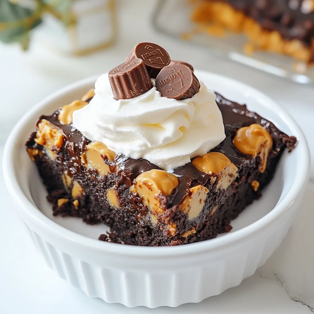 To make your Peanut Butter Cup Dump Cake, gather these key items: - 1 box of chocolate cake mix - 1 cup creamy peanut butter - 1 cup milk - 1 cup semi-sweet chocolate chips - 1 cup chopped Reese's Peanut Butter Cups - 1 cup vegetable oil - 4 large eggs - ½ teaspoon vanilla extract - Optional: Whipped cream for serving These ingredients create a sweet and rich cake that everyone will love. You can add extra flavors to your cake. Here are some fun options: - ½ cup chopped nuts for crunch - 1 teaspoon coffee powder to enhance chocolate flavor - ½ cup caramel sauce for a sweet twist These additions can give your cake a unique taste. If you can’t find an ingredient, don’t worry! Here are some swaps: - Use almond butter instead of peanut butter. - Swap whole milk for almond or oat milk. - Replace vegetable oil with melted coconut oil. These substitutions work well and keep the cake yummy. {{ingredient_image_1}} 1. Preheat the Oven: Start by heating your oven to 350°F (175°C). Grease a 9x13-inch baking dish with cooking spray. This keeps the cake from sticking. 2. Mix the Wet Ingredients: In a large bowl, combine 1 cup of creamy peanut butter, 1 cup of milk, 1 cup of vegetable oil, 4 large eggs, and ½ teaspoon of vanilla extract. Use a whisk or mixer until it is smooth and creamy. 3. Add the Dry Ingredients: Gradually add the box of chocolate cake mix to the wet mix. Stir until just combined. You want to avoid lumps but do not overmix. 4. Create the Dump Layer: Pour the mixed batter into the prepared baking dish. Spread it evenly across the dish. 5. Add the Toppings: Sprinkle 1 cup of semi-sweet chocolate chips and 1 cup of chopped Reese's Peanut Butter Cups over the top. Gently press them into the batter. This helps them sink during baking. 6. Bake the Cake: Place the baking dish in the oven. Bake for 30-35 minutes. Check with a toothpick. It should come out clean or with a few moist crumbs. 7. Cool and Serve: Once baked, remove the cake from the oven. Let it cool in the dish for 10-15 minutes. Cut into squares and serve warm. For extra creaminess, top with whipped cream. 8. Presentation Tips: Serve the cake in a bowl. Add a dollop of whipped cream and sprinkle more chocolate chips or chopped peanut butter cups on top for a nice finish. To make your Peanut Butter Cup Dump Cake great, follow these tips: - Use fresh ingredients: Always check the dates on cake mix and eggs. - Mix well, but not too much: Stir until just combined to keep it light. - Grease the pan well: Use cooking spray to prevent sticking. - Press toppings in gently: This helps them sink and blend with the cake. Avoid these common mistakes for the best dump cake: - Overmixing the batter: This can make your cake dense and tough. - Skipping the cooling step: Letting it cool helps set the cake for easy cutting. - Not testing for doneness: Use a toothpick to ensure it’s baked all the way through. - Adding too many toppings: More isn’t always better; a good balance is key. Serve your dump cake with these ideas: - Top with whipped cream: This adds creaminess and makes it extra special. - Garnish with extra chocolate chips: A sprinkle on top looks nice and tasty. - Pair with vanilla ice cream: The cold ice cream contrasts well with the warm cake. - Serve in dessert bowls: This makes it easy for guests to enjoy every bite. Pro Tips Use Room Temperature Ingredients: Ensure your eggs and milk are at room temperature for a smoother batter and better rise. Don’t Overmix: Stir until just combined to keep the cake light and fluffy. Overmixing can lead to a dense texture. Customize Your Toppings: Feel free to add other mix-ins like nuts or different types of chocolate for a unique twist! Cool Before Serving: Let the cake cool for at least 10-15 minutes before serving to help it set and make slicing easier. {{image_2}} To make a gluten-free version of this dump cake, you can swap the chocolate cake mix. Use a gluten-free chocolate cake mix instead. Check the label to ensure it’s truly gluten-free. The rest of the recipe stays the same. This way, everyone can enjoy this tasty treat without worry. You can add fun flavors and textures to your cake. Consider using chopped nuts like pecans or walnuts. You can also mix in some crushed Oreos or chocolate sandwich cookies. For a twist, try adding a swirl of caramel sauce or a sprinkle of sea salt on top. Each mix-in adds something special to the cake. If you want to serve the cake cold, let it cool completely. Then, cover it and place it in the fridge for a few hours. This makes the cake firmer and easier to cut. A cold slice is perfect for warm days. Serve it with whipped cream or a scoop of ice cream for a fun treat. To store leftover Peanut Butter Cup Dump Cake, let it cool completely. Then, cut the cake into squares. Place the squares in an airtight container. You can keep it in the fridge for up to five days. This keeps the cake moist and fresh. To reheat the cake, take a square from the fridge. Place it on a microwave-safe plate. Heat it for about 20 to 30 seconds. Check to see if it is warm. You can also reheat it in the oven. Preheat your oven to 350°F (175°C). Place the cake on a baking sheet for about 10 minutes. This will keep the cake soft. You can freeze Peanut Butter Cup Dump Cake too! Wrap each square tightly in plastic wrap. Then, place them in a freezer bag. Make sure to squeeze out any air. This helps keep the cake fresh for up to three months. When ready to eat, move the cake to the fridge overnight. Then, reheat it as mentioned above. Enjoy the delightful cake at any time! Yes, you can make this recipe ahead of time. Prepare the batter and place it in the baking dish. Cover it with plastic wrap and store it in the fridge for up to 24 hours. When you are ready, bake it straight from the fridge. Just add a few extra minutes to the baking time. To check if the cake is fully baked, use a toothpick. Insert it into the center of the cake. If it comes out clean or with a few moist crumbs, the cake is done. If it has wet batter on the toothpick, bake it for a few more minutes. Keep an eye on it to avoid overbaking. Yes, you can use different types of candy. Try adding M&Ms, Snickers, or chocolate chunks. Get creative with your favorite candies. Just keep the amounts the same to ensure the cake bakes properly. You will have a fun and unique flavor each time! This blog post covered everything you need to know about making a dump cake. We talked about the key ingredients, steps for baking, and tips for perfect results. I shared fun variations and how to store leftovers. Remember, easy substitutions can make your cake unique. Avoid common mistakes for the best taste. Embrace your creativity with mix-ins. Enjoy serving this delightful dessert hot or cold. Now, you have all the tools to bake a delicious dump cake! Happy baking!