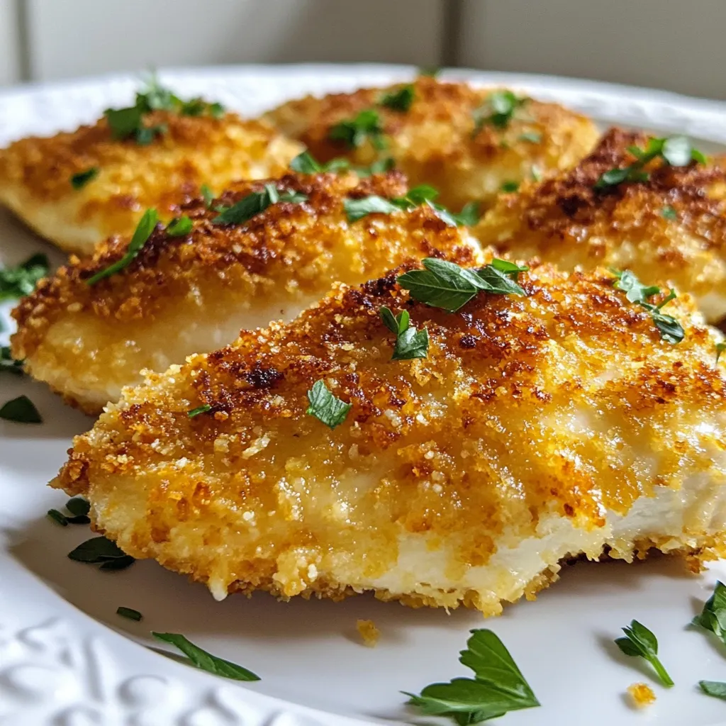 - 4 boneless, skinless chicken breasts - 1 cup grated Parmesan cheese - 1 cup panko breadcrumbs - 1 teaspoon garlic powder - 1 teaspoon Italian seasoning - œ teaspoon paprika - œ teaspoon black pepper - 2 eggs, beaten - ÂŒ cup flour - Olive oil spray - Fresh parsley, chopped (for garnish) You need fresh chicken breasts for this dish. They should be boneless and skinless. This makes them easy to cook and eat. The star of the recipe is the blend of Parmesan cheese and panko breadcrumbs. This mix gives a crispy and tasty crust. Youâll also need seasonings. Garlic powder adds flavor. Italian seasoning gives it a nice herb touch. Paprika and black pepper give a little kick. For the coating, you will use eggs and flour. The flour helps the egg stick better to the chicken. Beaten eggs coat the chicken well so the crust holds on during cooking. Lastly, don't forget the olive oil spray. It helps make the chicken crispy without adding too many extra calories. Fresh parsley is a nice touch for garnish. It makes your dish look pretty and fresh. Gather these ingredients and get ready for a fun cooking adventure! {{ingredient_image_1}} 1. Preheat your oven to 400°F (200°C). This high heat helps get that golden crust. 2. Line a baking sheet with parchment paper. This makes clean-up easy and keeps the chicken from sticking. 3. In a shallow bowl, mix together the grated Parmesan cheese, panko breadcrumbs, garlic powder, Italian seasoning, paprika, and black pepper. Stir well to combine all the flavors. 1. Set up your breading station. Place the flour in one bowl, the beaten eggs in another, and the Parmesan-panko mixture in the last bowl. 2. Take one chicken breast and dredge it in the flour. Shake off any extra flour; you want a light coating. 3. Next, dip the floured chicken into the beaten eggs. Make sure itâs fully coated for the best adhesion. 4. Finally, press the chicken into the Parmesan-panko mixture. Make sure to coat both sides well. This is where you get that crunchy texture. 1. Place the coated chicken breasts on your prepared baking sheet. Lightly spray the tops with olive oil spray. This adds extra crunch and browning. 2. Bake in the preheated oven for 20-25 minutes. The chicken should be golden brown and reach an internal temperature of 165°F (74°C). 3. Once cooked, remove the chicken from the oven. Let it rest for a few minutes before serving. Garnish with chopped fresh parsley for a pop of color. To get that crunchy bite, use olive oil spray. This spray helps the coating turn golden brown and crispy. It adds a nice finish without extra fat. Just a light mist works wonders. Use a baking sheet lined with parchment paper. This prevents sticking and makes cleanup easy. The parchment helps the heat circulate around the chicken. This way, every side cooks evenly. One big mistake is overcrowding the baking sheet. If you place too many chicken pieces together, they steam instead of crisp. Make sure to give each piece space to breathe. This ensures they get that perfect crunch. Also, pay attention to your coating technique. If you donât coat the chicken well, it wonât stick. Make sure to press the chicken firmly into the Parmesan-panko mix. Both sides should be covered for the best flavor and texture. Pro Tips Use Fresh Ingredients: Fresh chicken and quality Parmesan cheese will enhance the flavor of your dish significantly. Donât Skip the Resting Time: Allow the chicken to rest for a few minutes after baking to retain its juices and improve tenderness. Experiment with Seasonings: Feel free to add your favorite herbs or spices to the breadcrumb mixture for a personalized touch. Pairing Suggestions: This dish pairs beautifully with a side of pasta or a fresh green salad for a complete meal. {{image_2}} You can easily change up the flavors in Parmesan crusted chicken. Adding herbs or spices can make it unique. Try fresh basil or oregano for a garden taste. A pinch of cayenne pepper can add heat. Mix in lemon zest for a fresh zing. If you want to switch up the cheese, you have options. Try using shredded mozzarella for a gooey texture. Crumbled feta brings a salty kick. A mix of cheddar and Parmesan gives a rich flavor. Experiment and find what you love! You can cook Parmesan crusted chicken in different ways for varied results. Air frying is a great method for a healthier twist. It makes the chicken crispy without using much oil. Set the air fryer to 375°F (190°C) and cook for 15-20 minutes. Flip halfway for even crispiness. Grilling is another fun option. Preheat your grill to medium-high. Cook the chicken for about 6-8 minutes on each side. This method gives a great smoky flavor. SautĂ©ing in a pan is also quick. Heat some oil in a skillet and cook for 5-7 minutes on each side. Each method offers a tasty twist on this dish! To keep your Parmesan crusted chicken fresh, store it in the fridge. Place the chicken in an airtight container. This keeps moisture in and flavors intact. It stays good for about three to four days. If you want to save it longer, freezing is a great option. Wrap each piece tightly in plastic wrap, then place them in a freezer bag. Remove as much air as you can. This way, it can last for up to three months. When youâre ready to eat your leftovers, you want them to be crispy. The best way to reheat is in the oven. Preheat your oven to 375°F (190°C). Place the chicken on a baking sheet and heat for about 10-15 minutes. This method keeps the crust nice and crunchy. You can also use an air fryer for quick reheating. Set it to 350°F (175°C) and cook for about 5-7 minutes. Always check the internal temperature with a meat thermometer. It should reach at least 165°F (74°C) to ensure it is safe to eat. You can pair Parmesan crusted chicken with many tasty sides. Here are some great options: - Roasted vegetables: Try carrots, broccoli, or bell peppers for color and flavor. - Mashed potatoes: Creamy potatoes balance the crunch of the chicken. - Fresh salad: A light green salad with vinaigrette adds freshness to the meal. For sauces, a tangy marinara or a simple lemon butter sauce works well. These add moisture and a burst of flavor. Yes, you can easily make Parmesan crusted chicken gluten-free. Here are some ideas: - Flour substitutes: Use almond flour or coconut flour instead of all-purpose flour. - Breadcrumb options: Look for gluten-free panko breadcrumbs or crush gluten-free crackers. These swaps ensure your dish stays crunchy and delicious without gluten. The total time for this dish is about 40 minutes. Hereâs the breakdown: - Prep time: It takes around 15 minutes to get everything ready. - Cooking time: Bake the chicken for 20-25 minutes. To check if the chicken is done, make sure the internal temperature reaches 165°F (74°C). The chicken should be golden brown and juicy. You now have a complete guide to making Parmesan Crusted Chicken. We covered the key ingredients, preparation steps, and baking tips to ensure a crispy finish. Donât forget the common mistakes to avoid, like overcrowding the baking sheet. Explore variations to enhance flavors, and consider different cooking methods. Remember, proper storage and reheating keep leftovers enjoyable. This dish is versatile and perfect for various occasions. Get ready to impress with your cooking skills!