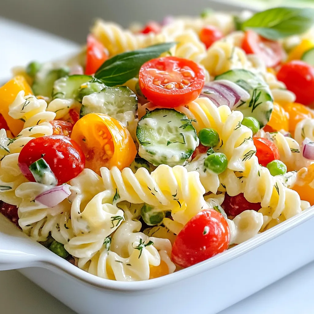 Gathering the right ingredients is key to making a delicious creamy summer pasta salad. Here’s what you need: - 8 oz fusilli pasta - 1 cup cherry tomatoes, halved - 1 cup cucumber, diced - ½ cup red bell pepper, diced - ¼ cup red onion, finely chopped - 1 cup frozen peas, thawed - ½ cup cream cheese, softened - ½ cup Greek yogurt - 2 tablespoons lemon juice - 1 tablespoon olive oil - 1 teaspoon dried dill - Salt and pepper to taste - Fresh basil, for garnish (optional) Each ingredient adds its own flavor and texture to the dish. The fusilli pasta serves as the base, and its twists hold the creamy dressing well. Cherry tomatoes give a burst of sweetness, while cucumber adds crunch. The red bell pepper and onion bring a nice color and sharpness. Peas add a touch of sweetness and a pop of color. The cream cheese and Greek yogurt create the creamy dressing, making every bite rich and satisfying. Lemon juice brightens the flavors, and olive oil adds a smooth finish. Dried dill offers a hint of herbiness, while salt and pepper enhance all the tastes. Feel free to adjust the ingredients to your liking. You can swap the vegetables or add more herbs. This salad is versatile and perfect for summer picnics or family meals. Enjoy the process of creating your own version! {{ingredient_image_1}} - Bring salted water to a boil in a large pot. - Add 8 oz of fusilli pasta. Cook until al dente, about 8-10 minutes. - Drain the pasta and rinse it under cold water. This cools it down quickly. - In a large mixing bowl, combine: - 1 cup cherry tomatoes, halved - 1 cup cucumber, diced - ½ cup red bell pepper, diced - ¼ cup red onion, finely chopped - 1 cup frozen peas, thawed - Mix these veggies well. Their flavors will add freshness to the salad. - In a medium bowl, mix: - ½ cup cream cheese, softened - ½ cup Greek yogurt - 2 tablespoons lemon juice - 1 tablespoon olive oil - 1 teaspoon dried dill - Salt and pepper to taste - Stir until smooth and creamy. This dressing will coat the pasta perfectly. - Add the cooled pasta to the bowl with the vegetables. - Pour the dressing over the pasta and veggies. - Gently fold everything together. Ensure all pieces are well coated. - Cover the bowl with plastic wrap. - Refrigerate the salad for at least 30 minutes. This helps the flavors blend. - Serve chilled for a refreshing dish. Enjoy the burst of summer flavors! To make perfect al dente pasta, follow a few easy steps. Start by bringing a large pot of salted water to a boil. Use about one tablespoon of salt for every four quarts of water. This helps flavor the pasta. Add the fusilli pasta and cook it according to the package instructions. Stir the pasta a few times to keep it from sticking. Check the pasta a minute before the time is up. It should be firm but not hard. Once it's ready, drain it and rinse under cold water to stop the cooking process. This helps keep the texture just right. To boost the flavor of your salad, consider adding fresh herbs or spices. Fresh parsley or chives can add brightness. You can also mix in some diced avocado for creaminess. A sprinkle of red pepper flakes gives it a nice kick. For a sweet touch, try adding sliced olives or sun-dried tomatoes. These small additions can make your salad taste even better and more exciting. When serving your creamy summer pasta salad, presentation matters. Use a large, colorful bowl to showcase the vibrant ingredients. You can also serve it in individual cups for a fun touch at parties. For garnishing, sprinkle some fresh basil on top. This not only looks nice but adds a fresh aroma. Serve the salad chilled for the best taste. Pair it with grilled chicken or a crisp white wine for a perfect summer meal. Pro Tips Cook Pasta Al Dente: Make sure to cook the fusilli pasta until it is al dente for the perfect texture that holds up in the salad. Fresh Vs. Frozen Peas: Using fresh peas will enhance the flavor and texture of the salad, but thawed frozen peas are a great time-saver. Customize Your Veggies: Feel free to add or substitute other veggies like bell peppers or zucchini for a personalized touch. Chill Before Serving: Allowing the salad to chill for at least 30 minutes lets the flavors meld beautifully, resulting in a tastier dish. {{image_2}} Adding protein to your pasta salad makes it heartier. Here are some ideas: - Chicken: Grilled chicken works well. Dice it into bite-sized pieces. - Shrimp: Cook shrimp in garlic and olive oil. Toss it in for a fresh taste. - Tofu: For a vegetarian option, use firm tofu. Cube it and sauté until golden. You can mix and match proteins based on your taste. Each choice adds its unique flavor. If you want to boost the veggie power, try these ideas: - Broccoli: Blanch broccoli florets for a nice crunch. - Zucchini: Grate or slice zucchini thinly for added freshness. - Chickpeas: Add canned chickpeas for more protein and fiber. Feel free to load up on your favorite vegetables. The more, the merrier! You can customize the dressing to change the flavor: - Balsamic Vinaigrette: Swap out the creamy dressing for a tangy balsamic one. - Pesto: Add pesto for a rich and herbal taste. - Sour Cream: Use sour cream instead of Greek yogurt for a different tang. Experiment with flavors. Each dressing offers a new twist to your salad. To keep your creamy summer pasta salad fresh, use an airtight container. Glass or plastic containers work well. Make sure the lid fits tightly to avoid air. If you plan to eat it soon, you can just cover the bowl with plastic wrap. This method also helps keep the flavors intact. Your pasta salad stays good for about 3 to 5 days in the fridge. Always check for any changes in smell or color before eating. If you notice anything strange, it’s best to throw it out. Keeping it cold helps keep it fresh. If you want to refresh your salad, take it out of the fridge. Let it sit at room temperature for about 10-15 minutes before serving. This will help the flavors come back. You can also add a splash of olive oil or lemon juice to brighten it up again. Just mix gently and enjoy! You can keep creamy pasta salad in the fridge for up to three days. After that, the taste may change. The veggies may also get soggy. Always check for any signs of spoilage before eating. If it smells off or looks strange, it’s best to toss it. Yes, you can make this recipe ahead of time! It’s great for meal prep or gatherings. Just cover it and store it in the fridge. Making it a few hours in advance allows the flavors to blend. If you make it the day before, it will taste even better! If you don’t have Greek yogurt, you can use sour cream. It has a similar texture and tangy flavor. Plain yogurt also works well. For a dairy-free option, try using cashew cream or silken tofu blended until smooth. These options keep the creaminess without losing taste. Absolutely! To make this creamy summer pasta salad gluten-free, use gluten-free pasta. There are many options made from rice, corn, or chickpeas. They cook differently, so follow the package instructions. The rest of the ingredients are naturally gluten-free, so you’re good to go! This creamy pasta salad combines fresh veggies with a simple dressing. You learned how to cook pasta, prepare veggies, and mix flavors. Remember, you can add proteins or spices for extra taste. Storing leftovers correctly helps keep them fresh. Feel free to customize the recipe based on your preferences. Enjoy creating your own delicious summer dish!
