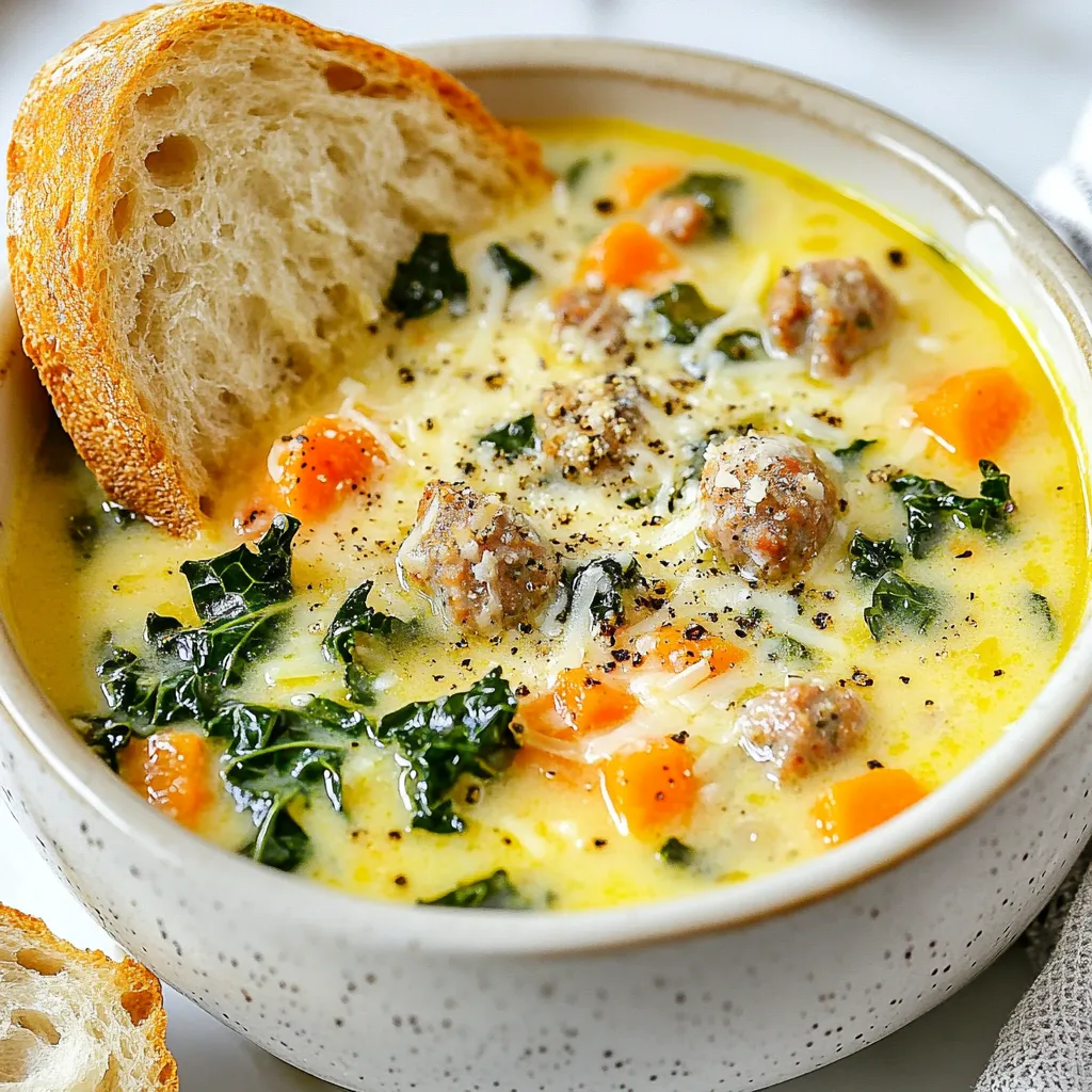 - 1 lb Italian sausage (mild or spicy) - 1 medium onion, diced - 2 cloves garlic, minced - 3 medium carrots, diced - 2 stalks celery, diced - 4 cups chicken broth - 1 can (14.5 oz) diced tomatoes, with juice - 1 cup heavy cream - 1 cup grated Parmesan cheese, plus extra for serving In this soup, I like to use Italian sausage. You can choose mild if you prefer less heat or spicy for a kick. Onions and garlic give a lovely base flavor. Carrots and celery add sweetness and crunch. The chicken broth makes the soup rich, while the cream adds a smooth finish. The diced tomatoes bring a nice tang and color. Finally, the Parmesan cheese ties everything together with its salty, nutty taste. - 1 teaspoon dried oregano - 1 teaspoon dried basil - Salt and pepper to taste Seasonings are key to making this soup shine. I use oregano and basil for that classic Italian flavor. Salt and pepper help balance the dish. You can always adjust these to match your taste. - 2 cups kale or spinach, chopped - 2 tablespoons olive oil Adding greens like kale or spinach boosts nutrition and adds color. I often sauté the onions in olive oil for extra flavor. Both ingredients are optional but highly recommended for a well-rounded soup. {{ingredient_image_1}} 1. Start by heating two tablespoons of olive oil in a large pot over medium heat. 2. Add the diced onion to the pot. Sauté it until it turns soft and clear, about 3 to 4 minutes. 3. Next, toss in the minced garlic. Cook it for one more minute until you smell its sweet aroma. 4. Now, add 1 pound of Italian sausage to the pot. Use a spoon to break it into small pieces. Cook until it’s brown and no longer pink, which takes about 6 to 8 minutes. 1. With the sausage browned, stir in 3 diced carrots and 2 diced celery stalks. Cook them for around 5 to 6 minutes, until they start to soften. 2. Pour in 4 cups of chicken broth and 1 can of diced tomatoes, including their juice. Bring this mix to a boil, then lower the heat and let it simmer for 15 minutes. 3. After 15 minutes, stir in 1 cup of heavy cream and 1 cup of grated Parmesan cheese. Add 1 teaspoon of dried oregano and 1 teaspoon of dried basil. Season with salt and pepper to your liking. Let this simmer for an extra 5 minutes, stirring often until the cheese melts. 4. Finally, add 2 cups of chopped kale or spinach to the pot. Cook for an additional 2 to 3 minutes until the greens wilt. - Serve the soup in warm bowls for the best experience. - Top each bowl with more grated Parmesan cheese and a sprinkle of black pepper. - A slice of crusty bread pairs perfectly with this rich soup, making each bite a delight. To boost the taste of your Parmesan sausage soup, I suggest using some simple spices. Dried oregano and basil are my top picks. They add warmth and depth. You can also try adding a pinch of red pepper flakes for heat. This gives the soup a nice kick without being too spicy. Balancing flavors is key. If your soup tastes too salty, add a splash of cream or a little sugar. This can help even things out. Taste as you go, and adjust the herbs or spices to your liking. Always remember, cooking is about what you love! For sautéing, use medium heat. This helps the onions and garlic release their flavors without burning. After adding the sausage, break it into small pieces. This helps it cook evenly. Make sure it turns a golden brown; this adds richness to the soup. When it comes to simmering, bring your soup to a boil first. Then, reduce the heat and let it gently bubble. This cooks the veggies just right. It also allows the flavors to meld together beautifully. Simmer for about 15 minutes before adding the cream and cheese. If you want to switch up the sausage, turkey or chicken sausage works well too. These options are leaner and still tasty. For the broth, vegetable broth can replace chicken broth. It keeps the dish flavorful and makes it vegetarian-friendly. For a dairy-free option, swap heavy cream with coconut milk. It adds a hint of sweetness. You can also skip the cheese or use a dairy-free alternative. With these swaps, you can still enjoy a hearty soup! Pro Tips Use Fresh Ingredients: Using fresh vegetables and high-quality sausage will enhance the flavor of the soup significantly. Adjust the Creaminess: For a lighter soup, reduce the amount of heavy cream or substitute with half-and-half or milk. Experiment with Greens: If you don't have kale or spinach, try Swiss chard or collard greens for a different taste and texture. Make It Ahead: This soup keeps well in the fridge for a couple of days and flavors improve as it sits, making it perfect for meal prep. {{image_2}} You can switch the Italian sausage for other meats. Chicken or turkey sausage works well. These options are leaner but still tasty. If you want a veggie-only version, skip the sausage altogether. Add more vegetables for a filling dish. Think about mushrooms, zucchini, or bell peppers. They add great flavor and texture. Seasonal veggies can change your soup. In spring, add peas and asparagus. In fall, use butternut squash or sweet potatoes. For cream, use alternatives like coconut milk or regular milk. They give a different taste and texture. These swaps can make the soup lighter or richer based on what you like. To spice things up, add red pepper flakes or hot sauce. Start with a little, then taste and add more if needed. If you prefer a milder soup, use sweet Italian sausage. You can also reduce or skip the black pepper. This keeps the flavors without making it too hot. Savory Parmesan Sausage Soup lasts about 3 to 4 days in the fridge. To keep the soup fresh, cool it to room temperature first. Then, transfer it to an airtight container. This way, it will stay tasty and safe to eat. You can freeze the soup for later use. Pour the cooled soup into freezer-safe containers. Leave some space at the top, as it will expand when frozen. To thaw, place it in the fridge overnight. Reheat the soup on the stove over low heat. Stir until it's warm throughout. For meal prep, chop your veggies and cook the sausage in advance. You can store them separately in the fridge. When ready to eat, combine everything and heat it up. This soup serves six, perfect for a family meal or leftovers for lunch. Can I use different types of cheese? Yes, you can swap Parmesan for other cheeses. Try using Pecorino Romano for a sharper taste. Cheddar also works well, adding a creamy texture. Just remember, each cheese brings its own flavor. How can I thicken the soup? To thicken the soup, you can add a little cornstarch mixed with water. Another option is to blend some of the soup and stir it back in. You can also add more cheese for a richer texture. How long does it take to cook the sausage? Cooking the sausage takes about 6 to 8 minutes. Make sure it is browned and cooked through. This step is key for flavor and safety. Can I skip the cream for a lighter soup? Yes, you can skip the cream. Use milk or a plant-based milk for a lighter version. Just know that it may change the soup's richness and flavor. Caloric content and nutritional value One serving of this soup has about 350 calories. It includes protein from sausage and cheese. You also get vitamins from the veggies, making this soup hearty and nutritious. Dietary considerations (gluten-free, dairy-free options) This soup can be made gluten-free by using gluten-free sausage. For dairy-free, skip the cream and cheese. Use a non-dairy milk or broth instead. Always check labels to ensure all ingredients fit your dietary needs. This blog post covered how to make a tasty Italian sausage soup. We explored the key ingredients, from sausage and fresh vegetables to flavorful seasonings. The step-by-step guide showed how to prepare and cook the soup perfectly. Plus, I shared tips for enhancing flavor and variations for different diets. Remember to store leftovers properly and consider meal prep for busy days. With these tips, you’ll create a soup everyone loves. Dive in and enjoy this warming dish any time of the year.