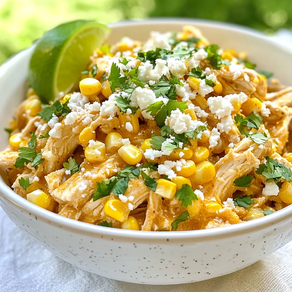 To make the Slow Cooker Street Corn Chicken, gather these ingredients: - 1.5 lbs boneless, skinless chicken thighs - 2 cups frozen corn (or fresh corn kernels) - 1 cup chicken broth - 1 cup crema (or Mexican sour cream) - 1 teaspoon chili powder - 1 teaspoon smoked paprika - ½ teaspoon garlic powder - ½ teaspoon onion powder - Salt and pepper to taste - ½ cup cotija cheese, crumbled - ¼ cup fresh cilantro, chopped - Juice of 1 lime Each ingredient plays a key role in flavor and texture. The chicken thighs stay juicy and tender. The frozen corn adds sweetness and a nice bite. The spices bring warmth and depth. If you need to make swaps, here are some options: - You can use chicken breasts for a leaner choice. - Sour cream works well if you can't find crema. - For a vegetarian version, try using black beans instead of chicken. - Fresh corn can replace frozen corn when it's in season. These choices keep the dish tasty and adaptable. Fresh corn is sweet and bright, giving a crisp texture. Frozen corn is handy and saves time. It often tastes just as good because it is frozen at peak freshness. Choose based on what you have. Both options blend well in this dish, making it enjoyable no matter what. {{ingredient_image_1}} Start by placing 1.5 pounds of boneless, skinless chicken thighs in your slow cooker. This cut works well because it stays juicy during cooking. Make sure the chicken covers the bottom evenly. This helps the flavors mix well later. Next, it’s time to add flavor. Sprinkle the following spices directly on the chicken: - 1 teaspoon chili powder - 1 teaspoon smoked paprika - ½ teaspoon garlic powder - ½ teaspoon onion powder - Salt and pepper to taste Ensure the spices coat the chicken evenly. Each spice adds a unique taste. The chili powder brings warmth. The smoked paprika adds depth. Garlic and onion powders enhance the overall flavor. Now, add 2 cups of frozen corn to the slow cooker. Then, pour in 1 cup of chicken broth. The broth keeps everything moist. Cover the slow cooker and set it on low for 6 hours or high for 3 hours. When done, the chicken should be tender. After cooking, shred the chicken with two forks right in the slow cooker. Mix it with the corn and broth. This step ensures every bite is flavorful. Lastly, stir in 1 cup of crema and the juice of 1 lime. Add half of the crumbled cotija cheese, too. Taste the mixture and adjust seasoning if needed. Serve warm, garnished with the rest of the cotija cheese and fresh cilantro. Enjoy your meal! To boost the flavor of your street corn chicken, try adding cumin or cayenne pepper. These spices bring warmth and depth to the dish. You can also mix in some lime zest for brightness. If you like a smoky taste, a dash of chipotle powder works wonders. Always taste your dish before serving to adjust the seasoning. Shredding chicken is simple but key for a good texture. Once the chicken is cooked, use two forks to pull it apart. Start at the thicker parts and work your way out. If you find it tough, let it cook a bit longer. Shredding in the slow cooker helps blend the flavors with the corn and broth. For a nice presentation, serve the chicken in bowls. Top each bowl with a sprinkle of cotija cheese and fresh cilantro. A lime wedge on the side adds color and makes it easy to squeeze fresh juice. This dish pairs well with tortilla chips or warm tortillas for a fun twist. Enjoy the crunch and mix of flavors! Pro Tips Use Fresh Ingredients: Whenever possible, opt for fresh corn and cilantro to enhance the dish's flavor and freshness. Adjust Spice Levels: Feel free to modify the chili powder and smoked paprika amounts depending on your spice tolerance. Make it Ahead: This dish can be made a day ahead and reheated, making it a perfect meal prep option for busy weeks. Experiment with Toppings: Try adding avocado, diced tomatoes, or jalapeños for additional flavor and texture. {{image_2}} You can make this dish vegetarian by swapping chicken for hearty vegetables. Use diced zucchini, bell peppers, or mushrooms. You can also use chickpeas for protein. For a vegan version, replace crema with a plant-based sour cream. This keeps the dish rich and creamy while being friendly to all diets. If you want a twist, try different spices. Instead of chili powder, use taco seasoning for a bold taste. You can also add cumin for warmth or oregano for a fresh note. Instead of cotija cheese, try feta or vegan cheese. These swaps change the flavor without losing the dish's essence. To kick up the heat, add diced jalapeños or serrano peppers. You can mix these in with the chicken and corn. Another option is to use hot sauce in the crema. Adjust the amount based on your heat tolerance. This makes the dish exciting for spicy food lovers. To keep your Slow Cooker Street Corn Chicken fresh, store leftovers in an airtight container. It’s best to let it cool down first. Place the chicken in the fridge within two hours of cooking. Your meal will stay good for about 3 to 4 days. When you're ready to enjoy your leftovers, reheat them on the stove or in the microwave. If using the stove, warm it over low heat. Stir it often to avoid burning. In the microwave, heat for 1 to 2 minutes. Check if it's hot all the way through. Add a splash of chicken broth if it seems dry. You can freeze this dish for later meals. Use a freezer-safe container to store your chicken. It will stay fresh for 2 to 3 months in the freezer. To thaw, move the container to the fridge the night before you plan to eat it. Once thawed, reheat it as mentioned above. Enjoy the great flavors again! Yes, you can use chicken breasts. They will work well too. Chicken thighs add more flavor and moisture. Breasts can dry out if overcooked. If you choose breasts, check them early. Cook them for about 5 hours on low or 2.5 hours on high. You can keep leftovers for up to four days. Store them in an airtight container in the fridge. Make sure to let the dish cool first. If you want to keep it longer, freeze it. It can last for up to three months in the freezer. Yes, you can make it on the stovetop. Use a pot with a lid instead. Start by heating oil in the pot. Add the chicken and seasonings. Sear the chicken for a few minutes. Then add the corn and broth. Cover and cook on low for about 30 to 40 minutes. You can serve this dish with rice or tortillas. It goes great with a fresh salad too. Try adding avocado slices or extra lime. A side of beans also works well. Don't forget to sprinkle more cotija cheese on top for extra flavor. In this article, I shared how to make a tasty Slow Cooker Street Corn Chicken. We covered key ingredients and possible substitutes, focusing on using fresh corn for the best taste. I provided step-by-step instructions for preparing and cooking the chicken. Additional tips offered ways to enhance flavor and creative serving suggestions. Remember, you can customize this dish to fit your taste and dietary needs. Enjoy your cooking, and don’t hesitate to experiment!