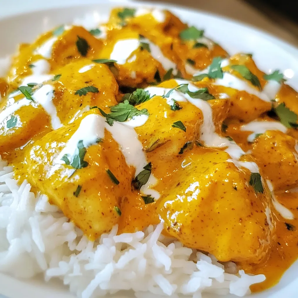 - 1 ½ lbs boneless chicken thighs, cut into bite-sized pieces - 1 cup plain yogurt - 2 tablespoons ginger-garlic paste - 2 tablespoons lemon juice - 2 teaspoons garam masala - 1 teaspoon ground cumin - 1 teaspoon ground coriander - 1 teaspoon turmeric powder - ½ teaspoon cayenne pepper (adjust to taste) - Salt to taste - 3 tablespoons unsalted butter - 1 large onion, finely chopped - 1 cup crushed tomatoes - 1 cup heavy cream - Fresh cilantro, chopped for garnish The main ingredients for butter chicken are simple yet flavorful. Boneless chicken thighs give a juicy bite. The yogurt helps to tenderize the meat. Spices like garam masala and turmeric add warmth and depth. The crushed tomatoes and heavy cream make the sauce creamy and rich. - Mixing bowl - Large cooking pan - Measuring spoons and cups You will need a few essential kitchen tools. A mixing bowl is great for marinating the chicken. A large cooking pan helps to cook everything evenly. Measuring spoons and cups ensure you get the right amounts of each ingredient. Having these tools ready makes cooking smooth and easy. {{ingredient_image_1}} To start, you need to combine yogurt and spices. In a large mixing bowl, mix 1 cup of plain yogurt with 2 tablespoons of ginger-garlic paste, 2 tablespoons of lemon juice, 2 teaspoons of garam masala, 1 teaspoon of ground cumin, 1 teaspoon of ground coriander, 1 teaspoon of turmeric powder, and ½ teaspoon of cayenne pepper. Don’t forget to add salt to your taste. Next, coat the chicken pieces. Take 1 ½ lbs of boneless chicken thighs, cut into bite-sized pieces, and mix them well with the yogurt mixture. Make sure every piece is evenly coated. After that, cover the bowl and let it marinate. You can do this for at least 1 hour, but overnight in the fridge gives better flavor. Now, it's time to cook. Start by sautéing onions. Heat 3 tablespoons of unsalted butter in a large pan over medium heat. Add 1 finely chopped large onion and sauté it until golden brown, which takes about 5-7 minutes. After the onions are ready, add the marinated chicken to the pan. Cook the chicken for about 10 minutes, stirring occasionally. You want the chicken to be browned and cooked through. Once the chicken is browned, it’s time to add crushed tomatoes. Pour in 1 cup of crushed tomatoes and let the mixture simmer for 15 minutes. This step allows the dish to thicken and develop rich flavors. For the final touch, stir in heavy cream. Lower the heat and pour in 1 cup of heavy cream. Let it simmer for an additional 5 minutes. This step helps the flavors meld together beautifully. Adjust the seasoning if needed. Lastly, garnish with cilantro. Before serving, sprinkle fresh chopped cilantro on top for a lovely finish. Enjoy your homemade butter chicken over basmati rice or with garlic naan! Using fresh spices makes a big difference. They add strong taste and aroma. I always recommend whole spices for the best flavor. You can grind them just before cooking for a lovely scent. Marinating the chicken is key. I suggest marinating for at least one hour. For the best results, try marinating overnight. This adds depth to the dish and makes the chicken juicy. Balancing creaminess with seasoning is important. Too much cream can dull the flavors. Start with a little cream, then taste and adjust. Cooking temperature control matters, too. Use medium heat to cook the chicken. This helps it brown nicely without drying out. When you add cream, lower the heat. This gives the sauce a chance to thicken while keeping it rich and smooth. Pro Tips Marination Magic: Allow the chicken to marinate overnight for a more intense flavor and tender texture. Butter Balance: Use a mix of ghee and butter for a richer taste and authentic Indian flavor. Spice it Up: Adjust the cayenne pepper according to your heat preference; start with less and add more as needed. Garnish Glamour: Top with toasted cashews or almonds for an extra crunch and a touch of elegance. {{image_2}} You can change the spice level in butter chicken easily. If you want more heat, adjust the cayenne pepper. Start with half a teaspoon and taste as you go. This way, you can find the right spice for your family. If you enjoy extra heat, think about adding fresh chili. You can chop up green chilies and mix them in with the onions. This adds a nice kick and more flavor. Just remember to use the chili sparingly, especially if you have kids. You can switch some ingredients if needed. For a lighter dish, use chicken breast instead of thighs. Chicken breast cooks faster and is leaner. Just make sure to check it is fully cooked. If you have dietary needs, there are good alternatives too. You can use coconut milk instead of heavy cream for a dairy-free option. This adds a nice, rich flavor. Also, you can try tofu for a vegetarian dish. Just marinate and cook it like you would chicken. After making butter chicken, let it cool down first. Store leftovers in an airtight container. Keep it in the fridge for up to three days. When you want to reheat, use the stove or microwave. Stir it well to heat evenly. Add a splash of cream or water if it looks thick. To freeze butter chicken, let it cool completely. Place it in a freezer-safe container. It stays good for up to three months. When you're ready to eat, take it out and thaw it in the fridge overnight. Reheat it on the stove over low heat. Stir well and enjoy! You can enjoy butter chicken with several tasty sides. Here are some great options: - Steamed basmati rice: It soaks up the rich sauce well. - Garlic naan: This bread is perfect for dipping. - Vegetable curry: A light curry pairs nicely. - Salad: A fresh salad adds a crunchy contrast. These sides make your meal complete and satisfy all taste buds. Yes, you can prepare butter chicken ahead of time. Here are some tips: - Marinate the chicken: Do this a day early for better flavor. - Cook and chill: You can cook it and store it in the fridge for up to three days. - Reheat gently: Use a low heat to warm it up and prevent drying. Planning ahead saves time and makes dinner easier. Butter chicken can be mild or spicy, depending on your taste. Here’s how to adjust spice levels: - Cayenne pepper: Start with less if you prefer mild. - Add chili: You can add fresh chili for extra heat. - Taste as you go: Always taste the sauce before serving to adjust. This flexibility makes butter chicken enjoyable for everyone. In this guide, I covered key ingredients for butter chicken, including chicken, spices, and dairy. You learned essential tools like mixing bowls and pans. I explained how to marinate, cook, and add final touches for flavor. I also included tips for authentic taste and texture, variations for spice levels, and storage advice. Butter chicken is a dish you can easily make your own. With these steps and tips, you can enjoy a tasty meal tailored to your preferences. Enjoy your cooking journey!