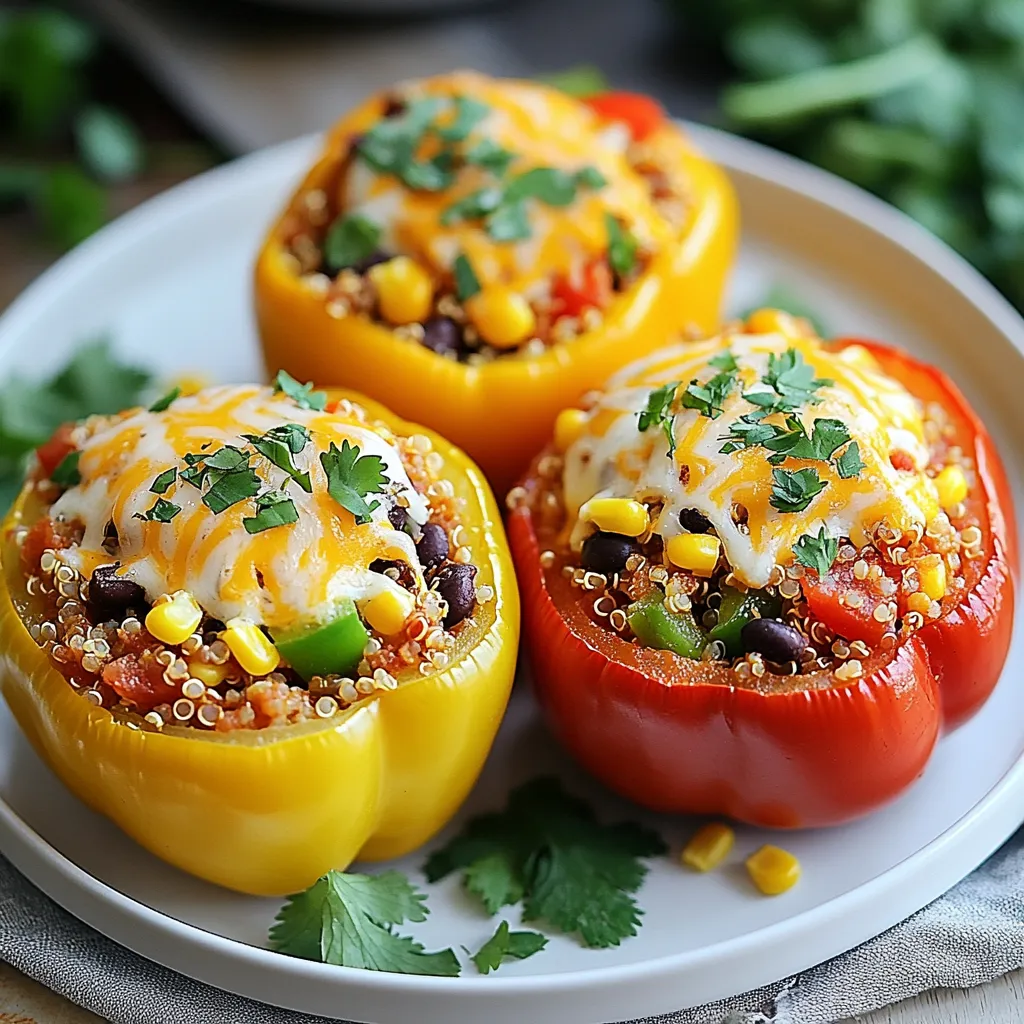 To make easy stuffed bell peppers, gather these items: - 4 large bell peppers (any color) - 1 cup cooked quinoa - 1 can (15 oz) black beans, drained and rinsed - 1 cup corn kernels (fresh, frozen, or canned) - 1 cup diced tomatoes (fresh or canned) - 1 teaspoon cumin - 1 teaspoon chili powder - ½ teaspoon garlic powder - Salt and pepper to taste - 1 cup shredded cheese (cheddar or Mexican blend) - Fresh cilantro, for garnish If you want to boost the flavor, you can try these extras: - ½ cup diced onion for sweetness - 1 jalapeĂąo, finely chopped for heat - 1 teaspoon smoked paprika for depth - A squeeze of lime juice to brighten the dish You can easily swap ingredients to fit your needs: - Use brown rice or cauliflower rice instead of quinoa for a different base. - Replace black beans with kidney beans or lentils for variety. - For a dairy-free option, use vegan cheese or leave it out entirely. - If gluten-free is a must, ensure the quinoa and beans are certified gluten-free. These ingredients create a filling and tasty meal that everyone will enjoy. Feel free to mix and match based on what you love! {{ingredient_image_1}} Start by preheating your oven to 375°F (190°C). This step is key for even cooking. Next, take four large bell peppers in any color you like. Cut off the tops and remove the seeds and membranes. Make sure to keep the pepper shells intact. If they wobble, slice a tiny bit off the bottom. This helps them stand firmly. Once ready, place the peppers upright in a baking dish. In a big mixing bowl, combine one cup of cooked quinoa, one can of black beans (drained and rinsed), and one cup of corn kernels. You can use fresh, frozen, or canned corn. Next, add one cup of diced tomatoes, one teaspoon of cumin, one teaspoon of chili powder, and half a teaspoon of garlic powder. Season with salt and pepper to taste. Mix all the ingredients well until they are nicely combined. This mixture packs in flavor and is healthy too! Stuff each bell pepper generously with the quinoa filling. Press down gently to pack it in tight. After that, sprinkle one cup of shredded cheese on top of each stuffed pepper. Cover the baking dish with aluminum foil to keep moisture in. Bake in your preheated oven for 25 minutes. After 25 minutes, remove the foil and bake for another 10 to 15 minutes. The cheese should melt and bubble, and the peppers will become tender. Once they look perfect, take them out of the oven. Let them cool for a few minutes before serving. Enjoy your colorful and tasty stuffed bell peppers! To make your stuffed peppers just right, follow these tips: - Choose fresh peppers: Look for firm, shiny peppers. Avoid any with soft spots. - Cut the tops evenly: This helps the peppers stand well. A flat base is key. - Donât overcook: Bake until tender but still firm. You want a slight crunch. - Season well: Add salt to the water when boiling the peppers. This helps enhance their flavor. You can prepare stuffed peppers ahead. Hereâs how: - Prep the filling: Make the quinoa mixture a day before. Store it in the fridge. - Stuff the peppers: Fill the peppers and wrap them in plastic wrap. - Freeze without baking: You can freeze them for up to three months. Just thaw before baking. - Bake from frozen: If baking from frozen, add about 10-15 minutes to the cook time. Garnishing adds charm to your dish. Here are fun ideas: - Fresh herbs: Top with chopped cilantro or parsley for a fresh taste. - Citrus zest: Grate a bit of lime or lemon zest on top. It brightens the flavors. - Drizzle sauce: A little hot sauce or ranch dressing can give a nice touch. - Cheese variety: Try different cheeses for topping. Feta or goat cheese can add a new twist. Pro Tips Choose Colorful Peppers: Using a mix of bell pepper colors not only makes the dish visually appealing but also adds different flavors. Try red, yellow, and green for a vibrant presentation. Customize the Filling: Feel free to add other vegetables or proteins to the quinoa mixture, such as spinach, zucchini, or ground turkey, to suit your taste preferences. Layer Flavors: For an enhanced flavor profile, consider sautĂŠing the vegetables before adding them to the quinoa mixture. This brings out their natural sweetness and adds depth to the dish. Garnish Creatively: In addition to cilantro, try topping the stuffed peppers with avocado slices or a dollop of sour cream for added creaminess and flavor. {{image_2}} You can make stuffed bell peppers with meat. Ground beef or turkey works great. Just brown the meat in a pan first. Mix it with the quinoa, beans, corn, and spices. This adds protein and a rich flavor. You can also add sausage for a spicy kick. If you want a heartier meal, try adding diced chicken or pork. If you want a vegetarian option, skip the meat. Use more beans or lentils for protein. You can also add chopped mushrooms for a meaty texture. Spinach or kale can bring in extra nutrients. Mix in some feta cheese for a tangy flavor. These options make the stuffed peppers still filling and tasty. To make this dish vegan, use plant-based cheese or skip the cheese. Replace the quinoa with brown rice or farro for variety. You can also add nuts or seeds for crunch. To enhance the flavor, use smoked paprika instead of chili powder. These small changes can make your stuffed peppers both vegan and delicious. To store leftover stuffed peppers, let them cool first. Place them in an airtight container. You can keep them in the fridge for up to 3 days. Make sure to separate layers with parchment paper to avoid sticking. If you have extra filling, store it in another container. Reheating stuffed peppers is easy. You can use the oven or the microwave. For the oven, preheat it to 350°F (175°C). Place the peppers in a baking dish and cover with foil. Heat for about 15-20 minutes until warm. For the microwave, place them on a microwave-safe plate. Heat them for 2-3 minutes or until hot. If you want to freeze stuffed peppers, do it before baking. Wrap each pepper in plastic wrap, then place them in a freezer bag. They can last up to 3 months in the freezer. When ready to eat, thaw in the fridge overnight. Bake them as usual, adding a few extra minutes to the cooking time. Yes, you can use many types of peppers. Bell peppers are popular because they are sweet and easy to stuff. You can also try poblano or Anaheim peppers for a spicy kick. Each pepper gives a unique flavor. Just remember to adjust the cooking time if the peppers are larger or smaller. The peppers are done when they are soft and tender. The cheese should melt and bubble on top. A fork should easily pierce the skin. Bake them until they look golden brown on top. If you prefer a firmer texture, check them a few minutes earlier. Stuffed peppers pair well with many sides. A fresh salad adds crunch and freshness. Rice or quinoa can make the meal heartier. You can also serve them with a side of guacamole or salsa for extra flavor. Enjoying them with tortilla chips is another fun option. This blog post guided you through making delicious stuffed bell peppers. You learned about ingredients, step-by-step cooking, and helpful tips. We covered variations for meat lovers, vegetarians, and vegans. I also shared storage info and answered common questions. Putting it all together, you can create a meal that suits everyoneâs taste. Enjoy cooking and sharing this tasty dish!