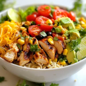 - 1 lb chicken breast - 2 cups cooked brown rice - 1 cup black beans, rinsed and drained - 1 cup corn kernels - 1 red bell pepper, diced - 1 avocado, diced - 1/2 cup cherry tomatoes, halved - 1/4 cup red onion, finely chopped - 1 cup shredded iceberg lettuce - 1/2 cup shredded cheddar cheese - 1/4 cup cilantro, chopped - Juice of 2 limes - 2 tablespoons olive oil - 1 teaspoon cumin - 1 teaspoon chili powder - Salt and pepper to taste The key to a great Chicken Burrito Bowl is in the ingredients. Choose high-quality chicken breast for the best flavor. I love using brown rice for its nutty taste and health benefits. Black beans add protein and fiber, making this meal hearty. Fresh ingredients are also important. Red bell pepper brings sweetness and color. Avocado adds creaminess, while cherry tomatoes give a juicy pop. Don't forget the red onion for a bit of bite, and iceberg lettuce for crunch. Each of these adds a layer of flavor. For seasonings, I like to keep it simple yet bold. Lime juice brightens everything up. Olive oil keeps the chicken moist and flavorful. Cumin and chili powder add warmth and depth. Always season with salt and pepper to enhance the taste. These ingredients come together to create a vibrant, satisfying meal. You can mix and match to suit your taste, too! {{ingredient_image_1}} To marinate chicken, mix diced chicken breast with olive oil, lime juice, cumin, chili powder, salt, and pepper. Stir well to coat all pieces. Let the chicken sit for at least 30 minutes. This time helps the flavors soak in. Grill the marinated chicken on medium-high heat. Cook for about 7-9 minutes until it is fully cooked. Check that the internal temperature reaches 165°F. After grilling, let the chicken rest for a few minutes. This resting time keeps it juicy. Then, dice the chicken into bite-sized pieces. If you didn’t cook the brown rice, follow the package instructions. Once cooked, fluff it with a fork to make it light. This step helps the rice remain separate and not clumpy. In a large bowl or individual bowls, layer the rice first. This rice base holds all the toppings well. It also makes the bowl look colorful and inviting. On top of the rice, add the grilled chicken, black beans, corn, diced red bell pepper, diced avocado, cherry tomatoes, and shredded lettuce. This order makes sure the chicken stays warm under the toppings, and the fresh veggies stay crisp. For a nice touch, add a wedge of lime on the side. This adds zest and a pop of color. Serve your burrito bowls right away while everything is fresh. Enjoy the mix of colors and flavors! To grill chicken perfectly, start with even pieces. This helps the chicken cook evenly. Preheat your grill to medium-high heat before adding the chicken. Grill for about 7-9 minutes per side. Check that the inside is no longer pink. Let it rest for a few minutes before dicing. This makes it juicy. Marination is key. It adds flavor and makes the chicken tender. I recommend marinating for at least 30 minutes. Use lime juice, olive oil, cumin, chili powder, salt, and pepper. This blend gives the chicken a zesty kick. Want to customize your bowl? Try adding spices like paprika or garlic powder. These spices can enhance the taste. If you like heat, add a dash of cayenne or smoked paprika. Hot sauce or salsa can elevate your bowl. A good salsa adds freshness. You can use mild, medium, or hot based on your taste. Keep a bottle of your favorite hot sauce nearby for an extra kick. Pair your Chicken Burrito Bowl with side dishes. Chips and guacamole make a great match. A light salad or Mexican street corn can also work well. For drinks, serve with iced tea or a light beer. To create a festive atmosphere, use colorful bowls. Add lime wedges for garnish. Play some lively music to set the mood. This makes your meal not just tasty, but fun and memorable. Pro Tips Marinate for Maximum Flavor: Allow the chicken to marinate for at least 30 minutes, but if you have more time, marinating it for a few hours or overnight will deepen the flavor even further. Fresh Ingredients Matter: Use fresh ingredients like ripe avocados and juicy tomatoes to enhance the vibrant colors and flavors of your burrito bowl. Customize Your Bowl: Feel free to add other toppings such as diced jalapeños, sour cream, or your favorite hot sauce to personalize your burrito bowl. Serving Suggestions: Serve your burrito bowl with lime wedges on the side for guests to add a fresh burst of acidity to their dish. {{image_2}} You can swap proteins in this dish. If you want a lighter option, use tofu or shrimp. Both bring great flavor and texture. You can also try grilled fish for a fresh twist. For a gluten-free choice, switch to quinoa instead of brown rice. Quinoa cooks fast and adds a nice crunch. It also boosts the protein in your bowl. Adding regional flavors makes your burrito bowl unique. For a Mexican twist, try adding pico de gallo or salsa. You can mix in some jalapeños for heat. For a Tex-Mex style, use taco seasoning instead of cumin and chili powder. When it comes to cheese, don't stick to just cheddar. You can use queso fresco or pepper jack for a spicy kick. Each cheese brings its own flavor profile. To make a burrito bowl vegan, skip the chicken and use more beans. Black beans or pinto beans are great options. They add protein and fiber. You can also add roasted veggies like zucchini or bell peppers. These will give your bowl more depth. Instead of cheese, try avocado or a dollop of guacamole for creaminess. Store leftovers in airtight containers. This keeps your food fresh and safe. You can enjoy the Chicken Burrito Bowl for up to four days in the fridge. If you have leftover grilled chicken, it lasts about three days. Cooked rice should also be used within four days for best taste. To freeze, separate the chicken, rice, and veggies. Use freezer-safe bags or containers. Label them with the date. When you want to eat, thaw in the fridge overnight. For reheating, use a microwave or stovetop. Heat until piping hot. Use glass or BPA-free plastic containers for meal prep. They help keep flavors and freshness. When reheating, add a splash of water to keep the rice moist. Cover the container to trap steam. This helps everything heat evenly and stay tasty. A Chicken Burrito Bowl is a vibrant dish filled with flavors. It combines various ingredients, making it a hearty meal. Key components include: - Cooked brown rice - Grilled chicken breast, diced - Black beans - Corn kernels - Fresh veggies like red bell pepper and avocado - Shredded lettuce - Cheddar cheese - Cilantro and lime juice for zest Each bite gives you a mix of textures and tastes. Yes, you can prepare this recipe ahead of time. Follow these tips: - Cook rice and chicken: Make these a day before. Store them in the fridge. - Prep toppings: Chop veggies and store them in airtight containers. This keeps them fresh. - Assemble before serving: Layer your bowl just before eating. This keeps everything crisp. This way, your meal stays fresh and tasty! Toppings add variety and fun. Here are some great options: - Sliced jalapeños for heat - Sour cream for creaminess - Salsa for a spicy kick - Fresh corn salsa for sweetness - Pickled onions for tang - Crushed tortilla chips for crunch Feel free to mix and match to suit your taste! You can easily boost the flavor and heat. Consider these ideas: - Add spices: Mix in cayenne pepper or smoked paprika. - Hot sauce: Drizzle your favorite hot sauce over the top. - Fresh herbs: Toss in fresh basil or oregano for a twist. - Chili peppers: Add diced chipotle or serrano peppers for more kick. Experiment and find what excites your taste buds! You can create a delicious chicken burrito bowl by using simple ingredients and steps. We covered main and fresh ingredients, plus tips for marinating and cooking. The bowl assembles beautifully with layers of flavor. Variations let you customize to your taste, whether you prefer meat or plant-based options. Remember, meal prep keeps meals easy all week. With the right storage, your leftovers stay fresh. Try different toppings for each serving to keep things fun. Enjoy making your burrito bowls; they are tasty and satisfying!