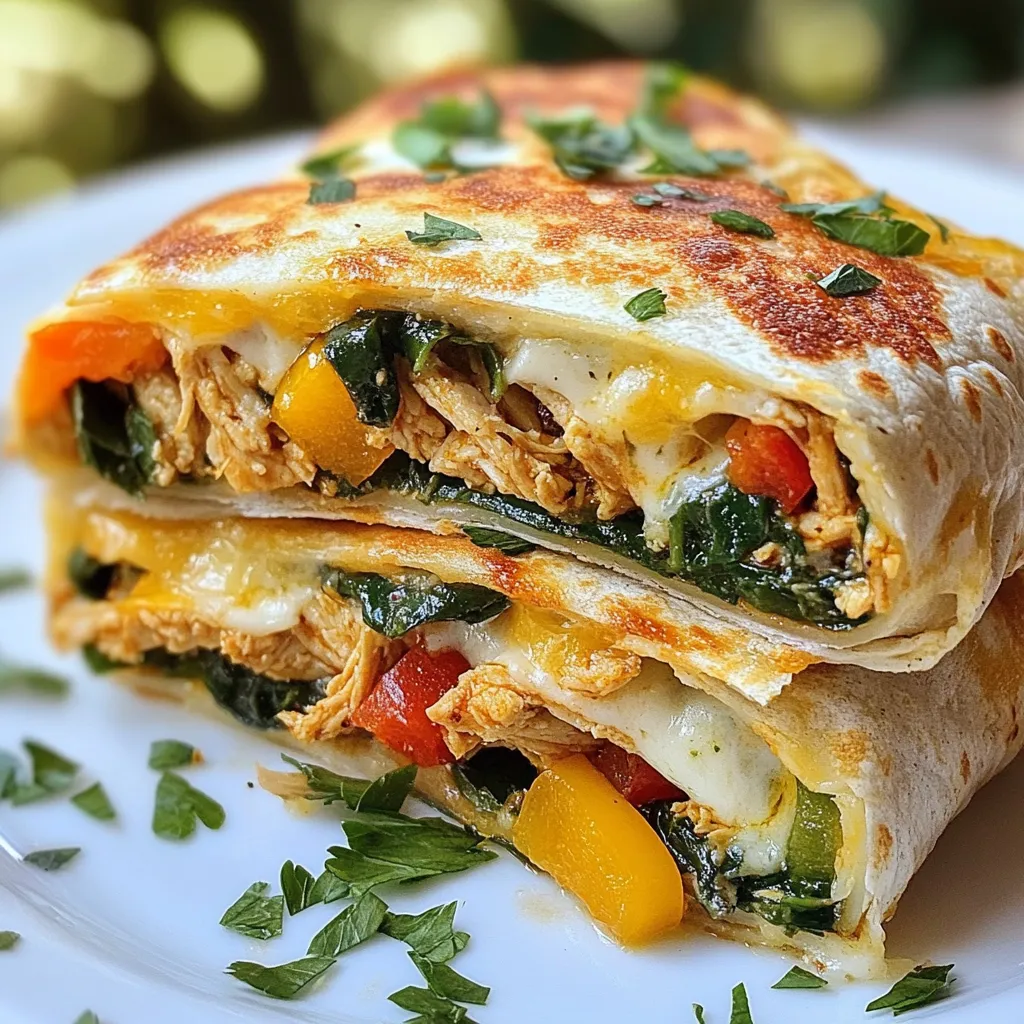 - 2 boneless, skinless chicken breasts - 1 cup shredded mozzarella cheese - ½ cup cream cheese, softened - 3 cloves garlic, minced - 1 teaspoon dried Italian herbs (oregano, basil, thyme) I love starting with fresh chicken breasts. They are the heart of the wrap. The mozzarella and cream cheese add rich flavor and creaminess. Garlic gives the dish a bold taste. The dried herbs bring in a lovely aroma and depth. - 4 large tortillas (whole wheat or flour) - 1 cup spinach leaves - ½ cup sliced bell peppers (any color) - 2 tablespoons olive oil - ½ teaspoon paprika - Salt and black pepper, to taste Tortillas hold everything together. Spinach adds a nice crunch and nutrition. Bell peppers give color and sweetness. Olive oil is key for cooking the chicken. Paprika adds a slight kick, while salt and pepper enhance all flavors. - Fresh parsley, chopped (for garnish) Fresh parsley adds a pop of color and freshness. It makes the wraps look even more appealing. You can use it to brighten up your plate. {{ingredient_image_1}} How do I season the chicken? First, take two boneless, skinless chicken breasts. Sprinkle salt, black pepper, and paprika on both sides. This gives the chicken great flavor. How do I cook the chicken in the skillet? Heat two tablespoons of olive oil in a skillet over medium heat. Add the seasoned chicken. Cook for 6-7 minutes on each side. The chicken should be golden brown and no longer pink inside. Once done, remove it from the heat and let it cool for a few minutes. What goes into the garlic mixture? In a medium bowl, combine ½ cup of softened cream cheese with 3 cloves of minced garlic. Add 1 teaspoon of dried Italian herbs. Mix it all together until smooth. This mixture adds a creamy texture and rich flavor to the wraps. How do I spread the garlic mixture? Grab a large tortilla. Spread a generous layer of the garlic cream cheese mixture all over it. Make sure to cover the entire surface for the best flavor. What should I add next? On top of the garlic mixture, add a handful of fresh spinach leaves. Then, shred the cooled chicken and sprinkle it over the spinach. Next, add some sliced bell peppers for a pop of color and crunch. Finish with a handful of shredded mozzarella cheese. How do I cook the wraps until crispy? Wipe the skillet clean and place it back on medium-low heat. Lay the wraps seam-side down in the skillet. Cook for about 2-3 minutes on each side. You want them to be golden brown and crispy, with the cheese melted inside. - Ensuring chicken is fully cooked Cook the chicken until it reaches 165°F inside. Use a meat thermometer for best results. This ensures your chicken is safe to eat and full of flavor. Look for no pink in the center. - Alternative cooking methods You can grill or bake the chicken for a different taste. Grill it over medium heat for 6-8 minutes per side. If baking, place it in a preheated oven at 375°F for 20-25 minutes. Both methods keep the chicken juicy and tender. - Accompaniments for wraps Pair these wraps with a fresh salad or some crispy fries. You can also serve with a side of salsa or ranch dressing for dipping. These add fun flavors and texture to your meal. - Presentation ideas Cut the wraps in half to show off the colorful filling. Arrange them on a platter with a sprinkle of fresh parsley for a pop of color. This simple touch makes your meal look fancy and inviting. - Dietary substitutions For a gluten-free option, use corn tortillas. You can also swap chicken for tofu or beans for a vegetarian choice. This keeps the flavors while fitting different diets. - Flavor variations Want to spice things up? Add jalapeños or hot sauce to the garlic mix. You can also try different herbs like cilantro or dill for a fresh twist. Each change brings a new taste to your wraps! Pro Tips Use Fresh Garlic: Freshly minced garlic will give your wraps a more robust flavor compared to pre-minced options. Experiment with Cheese: Feel free to mix different types of cheese like cheddar or pepper jack for a unique twist. Customize Your Veggies: Add your favorite vegetables such as zucchini or mushrooms for extra nutrition and flavor. Perfectly Crispy Wraps: Ensure the skillet is hot enough before placing the wraps to achieve that golden, crispy exterior. {{image_2}} You can switch up the meat in your wraps for a new spin. Try using turkey or lean pork for a tasty twist. Grilled shrimp also works well if you want seafood. If you're looking for vegetarian options, consider using black beans or grilled tofu. Both are filling and add great texture. You could even use roasted veggies like zucchini or mushrooms for a flavorful wrap. While mozzarella is a favorite, don’t be afraid to try other cheeses. Cheddar adds a nice sharp taste. Pepper jack gives a spicy kick. Cream cheese is also great for a creamy texture. Mixing cheeses can create a unique flavor. Try blending mozzarella with gouda for a rich taste. The right cheese can change your whole wrap experience. Spices can really boost your wraps. Try adding chili powder for heat or cumin for a warm flavor. A dash of lemon juice can brighten everything up. You can also add sauces. A drizzle of ranch or barbecue sauce can elevate each bite. For a fresh touch, try a sprinkle of fresh herbs like cilantro or basil. These small changes can make a big difference in taste. To keep your Cheesy Garlic Chicken Wraps fresh, place them in an airtight container. This helps keep moisture in and air out. Store the wraps in the fridge for up to three days. If you have extra filling, store it separately. This way, you can enjoy your wraps later without losing flavor. Freezing is a great option for future meals. First, wrap each Cheesy Garlic Chicken Wrap in plastic wrap. Then, place them in a freezer-safe bag. Make sure to squeeze out as much air as possible. You can freeze them for up to three months. When you're ready to enjoy, you can thaw them in the fridge overnight. To reheat without losing texture, use a skillet. Warm the skillet over low heat. Place the wraps seam-side down and cook for about 3-4 minutes on each side. This method keeps the wraps crispy and the cheese melty. If you're in a rush, a microwave will work too, but they may not stay as crispy. To make these wraps healthier, consider these tips: - Use whole wheat tortillas instead of regular ones. They add more fiber. - Swap cream cheese for Greek yogurt. It gives a creamy texture with less fat. - Add more vegetables like zucchini or mushrooms for extra nutrients. - Choose lean chicken or use turkey to cut down on calories. - Limit cheese to half a cup or use low-fat options. These swaps help keep the flavors while making your meal lighter. Yes, you can prepare these wraps in advance. Here’s how: - Prep the chicken and garlic mixture the day before. Store them in the fridge. - Assemble the wraps but do not heat them. Wrap each in foil or plastic wrap. - Store in the fridge for up to 24 hours. This keeps them fresh. - Before serving, you can heat them in a skillet or microwave. This way, you save time and enjoy a quick meal. These wraps go well with many sides. Here are some great options: - Fresh salad with mixed greens and a light dressing. - Steamed veggies like broccoli or green beans for a bright touch. - Chips or fries for a crunchy contrast. - Fruit salad for a sweet and refreshing side. These sides enhance the meal and make it more filling. In this blog post, we explored how to make Cheesy Garlic Chicken Wraps. We covered essential ingredients like chicken, cheese, and fresh veggies. I shared step-by-step instructions to help you cook and assemble your wraps. You learned helpful tips for flavor and storing leftovers, plus ideas for variations and healthier swaps. Try these wraps for a tasty meal that’s easy to customize. Enjoy experimenting with new flavors and ingredients! Happy cooking!