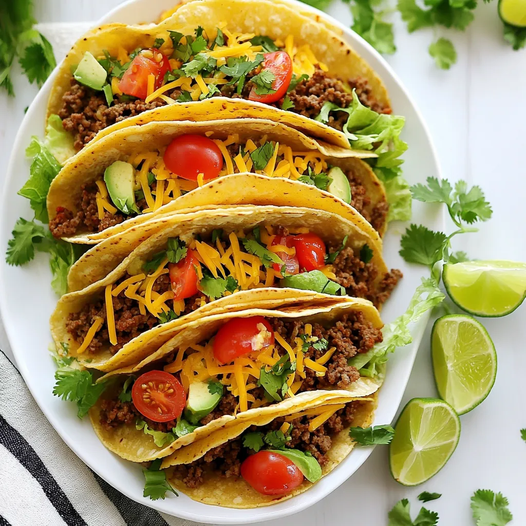 - 1 pound ground beef - 1 small onion, finely chopped - 2 cloves garlic, minced - 1 tablespoon chili powder - 1 teaspoon cumin - ½ teaspoon paprika - ½ teaspoon cayenne pepper (optional for heat) - Salt and black pepper to taste - 12 small corn tortillas - 1 cup shredded cheddar cheese - 1 cup shredded romaine lettuce - 1 diced tomato - ½ cup sour cream - Fresh cilantro, for garnish - Lime wedges, for serving Gathering the right ingredients makes cooking fun and easy. Here’s what you need for crispy baked ground beef tacos. Start with 1 pound of ground beef. This is the base for your flavor. Next, get a small onion and two cloves of garlic. These add a great taste to your beef. Spices are key in this dish. You’ll need a tablespoon of chili powder, a teaspoon of cumin, and a half teaspoon of paprika. Want a little kick? Add half a teaspoon of cayenne pepper. Don’t forget salt and black pepper to taste. You’ll also need 12 small corn tortillas. These will hold all the yummy fillings. For cheese lovers, grab a cup of shredded cheddar cheese. For fresh toppings, get 1 cup of shredded romaine lettuce, one diced tomato, and half a cup of sour cream. Fresh cilantro makes a great garnish. Lastly, lime wedges bring a zesty touch to your meal. With these ingredients, you’re ready to create a tasty meal that everyone will love! {{ingredient_image_1}} 1. Preheat your oven to 400°F (200°C). This ensures the tacos will bake evenly. 2. Line a baking sheet with parchment paper. This helps with easy cleanup later. 3. In a large skillet over medium heat, add 1 pound of ground beef. Break it up with a spoon as it cooks. 4. Cook the beef until it turns brown. This usually takes about 5 to 7 minutes. 5. Once browned, drain any excess fat from the skillet. 6. Add 1 small chopped onion and 2 cloves of minced garlic. Cook until the onion looks clear, about 3 to 4 minutes. 1. Sprinkle in 1 tablespoon of chili powder, 1 teaspoon of cumin, and ½ teaspoon of paprika. If you like heat, add ½ teaspoon of cayenne pepper. 2. Don’t forget to add salt and black pepper to taste. Stir well to mix the spices. 3. Cook for another 1 to 2 minutes. This helps bring out the flavors of the spices. 4. Remove the skillet from the heat and let the beef mixture cool slightly before you assemble the tacos. 1. While the beef cools, microwave 12 small corn tortillas for about 30 seconds. This makes them soft and easy to fold. 2. Take one tortilla and place a spoonful of the beef mixture in the center. Add a sprinkle of shredded cheddar cheese. 3. Fold the tortilla over to make a taco shape. Place it seam-side down on the baking sheet. 4. Repeat this step with the rest of the tortillas until your baking sheet is full. 1. Once all the tacos are on the baking sheet, sprinkle the tops with any remaining cheese. 2. Bake in your preheated oven for 15 to 20 minutes. Look for them to turn crispy and golden brown. 3. After baking, remove the tacos and let them cool for about a minute. 4. Serve warm with shredded romaine lettuce, diced tomatoes, and a dollop of sour cream on top. Don’t forget lime wedges for that extra zing! For the best crispy tacos, start with your tortillas. I recommend microwaving them for about 30 seconds. This makes them soft and easy to fold. If you skip this step, your tortillas might crack when you shape them. Next, bake your tacos at 400°F (200°C) for 15-20 minutes. Keep an eye on them. You want them golden brown and crisp. If they seem to be cooking too fast, you can lower the heat slightly. Spices can boost your tacos. Try adding onion powder or garlic powder for extra flavor. You can also toss in some oregano or a pinch of chili flakes for more heat. Pair your tacos with fresh salsa or creamy guacamole. They add great taste and texture. A squeeze of lime juice brightens the whole dish. Don't forget to top your tacos with shredded lettuce and diced tomatoes for crunch. Enjoy the burst of flavors! Pro Tips Use Fresh Ingredients: Always opt for fresh vegetables and herbs to enhance the flavor and presentation of your tacos. Perfect Tortilla Technique: Warming the corn tortillas in the microwave makes them pliable and prevents tearing when assembling the tacos. Layering for Flavor: Layer the cheese both inside and on top of the tacos for a melty, delicious experience. Customize Your Heat: Adjust the amount of cayenne pepper based on your heat preference, or offer hot sauce on the side for guests to customize their tacos. {{image_2}} You can easily switch up the protein in these tacos. Ground turkey or chicken works well. If you prefer plant-based options, use lentils or black beans. These choices offer great flavor while keeping the tacos healthy. If you need gluten-free options, look for corn tortillas. They are tasty and easy to find. You can also use lettuce wraps for a refreshing twist. This choice cuts carbs and adds crunch. When it comes to toppings, the sky's the limit! You can use different types of cheese. Try Monterey Jack or pepper jack for a spicy kick. Fresh vegetables add color and crunch. Chopped bell peppers, jalapeños, or radishes make great additions. Salsas and sauces can elevate your taco game. You can make a classic pico de gallo with tomatoes, onions, and cilantro. For a twist, try mango salsa for a sweet touch. A drizzle of hot sauce or a creamy avocado sauce can also add more flavor. Explore these topping ideas to find your perfect taco combination! To keep your crispy baked ground beef tacos fresh, store them in the fridge. Place the tacos in an airtight container. If you have extra toppings like lettuce or sour cream, store them separately. This helps keep the tacos crispy and the toppings fresh. Your tacos will stay good for about three days in the fridge. When you're ready to eat your leftover tacos, reheating is key to keeping them crispy. The best method is to use the oven. Preheat the oven to 350°F (175°C). Place the tacos on a baking sheet. Heat them for about 10-15 minutes. Check to see if they are warm and crispy. Avoid using the microwave, as it can make the tortillas soggy. Enjoy your tasty meal again! Can I make these tacos ahead of time? Yes, you can make these tacos ahead. Cook the beef mixture and cool it. Store it in the fridge for up to two days. When ready, fill and bake the tacos. This saves time and keeps the meal fresh. What sides go well with baked tacos? Baked tacos pair nicely with several sides. Consider serving them with: - Refried beans - Spanish rice - Guacamole - Chips and salsa These sides add flavor and variety to your meal. How do I keep tacos from getting soggy? To prevent soggy tacos, dry the beef mixture well before filling. Use warm tortillas but avoid overcooking them. Bake them until they are crispy. This helps keep the texture just right. What’s the best way to freeze tacos for later use? To freeze tacos, assemble them but do not bake. Wrap each taco in plastic wrap or foil. Place them in a freezer-safe bag. When ready to eat, thaw in the fridge, then bake until crispy. This keeps them fresh and tasty. You learned how to make delicious baked tacos from scratch. We covered essential ingredients, step-by-step cooking, and tips for crispy results. Remember, you can swap proteins or toppings to fit your taste. Don’t forget storage tips for leftovers and how to reheat them. Cooking can be fun and easy. Now, grab your ingredients and start making your tasty tacos today! Enjoy every bite.