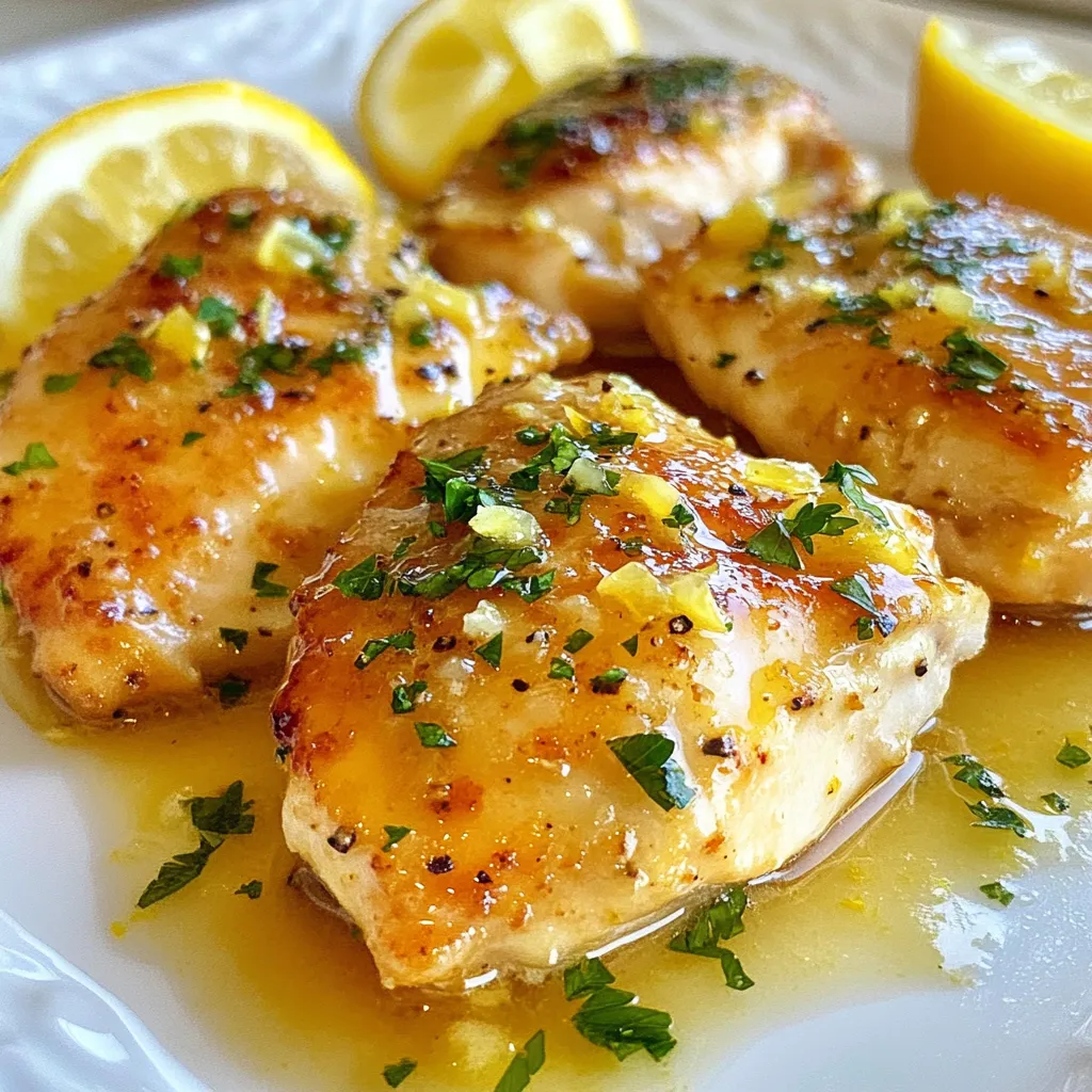 For this recipe, you need 4 boneless, skinless chicken breasts. Choose fresh ones for the best taste. Make sure they are even in size. This helps them cook evenly. You will season the chicken with salt and freshly ground black pepper. This simple step adds a great base flavor. You also need 1 teaspoon of dried thyme. If you have fresh thyme, use 1 tablespoon instead. Fresh herbs lift the dish. The lemon butter sauce is key to this dish. You need ½ cup of unsalted butter, divided. Use 2 tablespoons of olive oil to start cooking. For the sauce, you need 3 cloves of minced garlic. The zest and juice of 2 large lemons bring freshness. Finally, have fresh parsley ready for garnish. This adds color and a fresh taste. Gather these ingredients, and you're ready to create a delicious meal! {{ingredient_image_1}} Start by patting the chicken breasts dry with paper towels. This helps the seasoning stick well. Next, season both sides with salt and freshly ground black pepper. You want a good amount of flavor here. Heat a large skillet over medium-high heat. Add 2 tablespoons of olive oil once the pan is hot. Place the chicken breasts in the skillet. Cook for 6 to 7 minutes on one side until it turns golden brown. Flip the chicken and cook for another 5 to 6 minutes. Make sure the internal temperature reaches 165°F or 75°C. When done, remove the chicken from the skillet and set it aside. In the same skillet, lower the heat to medium. Add ½ cup of unsalted butter and let it melt. Scrape up any browned bits from the bottom of the skillet. This adds extra flavor. Once melted, add 3 cloves of minced garlic. Cook for about 30 seconds until you smell that lovely garlic scent. Then, stir in the zest and juice of 2 large lemons and 1 teaspoon of dried thyme. Allow the sauce to simmer for 1 to 2 minutes. This helps it thicken slightly. Taste the sauce and adjust with more salt and pepper, if needed. Return the cooked chicken breasts to the skillet. Spoon the lemon butter sauce over each piece to coat them well. Let them simmer in the sauce for another minute. This ensures the chicken absorbs all those tasty flavors. Finally, remove from heat. Plate the chicken and drizzle more lemon butter sauce on top. Sprinkle with fresh chopped parsley to make it look nice. Enjoy your meal! To cook chicken breast well, start with dry meat. Pat the chicken with paper towels. This helps it brown nicely. Season both sides with salt and pepper. Use a skillet over medium-high heat. Add olive oil and let it get hot. Cook the chicken for 6-7 minutes on one side. Flip it and cook for another 5-6 minutes. The chicken should reach 165°F or 75°C. This ensures it is safe to eat. You can play with the flavors in this dish. If you love garlic, add more minced cloves. For a bit of heat, sprinkle in some red pepper flakes. Want a deeper lemon flavor? Use extra lemon zest or juice. If you prefer herbs, swap thyme for rosemary or oregano. Taste the sauce as you go. This lets you find the perfect balance for your taste. Garnishing makes your dish look great. Fresh parsley adds color and freshness. Use lemon wedges on the side for a pop of yellow. You can also add thin lemon slices on top. This makes the plate look bright and inviting. For a fancy touch, drizzle extra lemon butter sauce over the chicken. It adds flavor and makes it shine. Enjoy your meal! Pro Tips Rest the Chicken: Allow the chicken breasts to rest for a few minutes after cooking. This helps the juices redistribute, making the chicken more tender and flavorful. Use Fresh Ingredients: Whenever possible, use fresh lemons and herbs. Fresh ingredients enhance the flavor of the dish significantly compared to dried or bottled alternatives. Adjust the Thickness: If you prefer a thicker sauce, let it simmer a bit longer after adding the lemon juice and zest. This will help concentrate the flavors and create a richer texture. Pair with Sides: Serve this lemon butter chicken with steamed vegetables or a light salad to balance the richness of the dish and add extra nutrients. {{image_2}} You can swap chicken for other proteins. Try using fish, like salmon or tilapia. They cook quickly and soak up flavors well. For a heartier option, use pork chops. Just adjust the cooking time as needed. Aim for a nice sear on each side. If you want to change the herbs, go for it! You can use fresh rosemary or oregano instead of thyme. Each herb adds a unique taste. Dill pairs well with lemon too, bringing a fresh twist. Mix and match to find your favorite. Adding vegetables makes this dish even better. Try sautéing spinach, asparagus, or bell peppers. Toss them into the pan with the chicken. You can also roast zucchini or broccoli on the side. This way, you get a colorful and healthy meal. You can store Lemon Butter Chicken Breast in the fridge. Place the chicken in an airtight container. It stays fresh for up to three days. Make sure it cools down before sealing. This helps keep the moisture in. Freezing is a great option if you want to keep it longer. Wrap the chicken tightly in plastic wrap. Then, place it in a freezer bag. Remove as much air as possible. This helps prevent freezer burn. You can freeze it for up to three months. When you're ready to eat, thaw the chicken in the fridge overnight. You can reheat it in a skillet over low heat. Add a splash of water or broth to keep it moist. Heat until the chicken is warm throughout. You can also use the microwave. Heat it in short bursts to avoid drying it out. Enjoy your meal just like the first time! You can serve Lemon Butter Chicken with many sides. I love pairing it with rice or pasta. Both soak up the tasty lemon butter sauce. Steamed vegetables like broccoli or green beans also work well. A fresh salad adds a nice crunch. You can even serve it with crusty bread to mop up the sauce. Each option brings its own flavor to the meal. To check if chicken is done, use a meat thermometer. Insert it into the thickest part of the breast. The chicken must reach 165°F (75°C) to be safe. If you don’t have a thermometer, look for clear juices when you cut into it. If the juices run pink, it needs more cooking. Properly cooked chicken will be firm and moist, not rubbery or dry. Yes, you can make this recipe ahead of time. Cook the chicken and sauce, then let them cool. Store them in an airtight container in the fridge. They will last for 3-4 days. To reheat, simply warm them in a skillet. Add a splash of water to keep the chicken moist. This makes it easy to enjoy a delicious meal later. This blog post covers how to make Lemon Butter Chicken Breast from start to finish. We discussed key ingredients, like chicken, seasonings, and the lemon butter sauce. I provided clear steps for preparing, cooking, and serving the dish. You also learned tips for perfect cooking and flavorful adjustments. Finally, we explored variations, storage methods, and common questions. Now you're ready to enjoy a tasty meal that is easy to make and customize. Happy cooking!