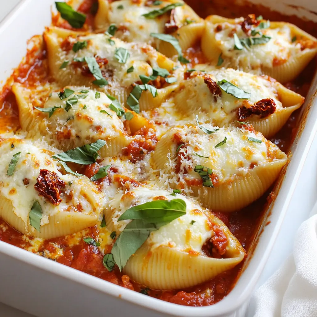 - 20 jumbo pasta shells - 1 cup ricotta cheese - 1 cup mozzarella cheese, shredded - ½ cup sun-dried tomatoes in oil, chopped - ¼ cup grated Parmesan cheese - 1 egg - 2 cloves garlic, minced - 1 teaspoon dried basil - 1 teaspoon dried oregano - ½ teaspoon red pepper flakes (optional) - 1 jar (about 24 oz) marinara sauce - Fresh basil leaves, for garnish - Salt and pepper to taste You can adjust the amount of cheese based on your taste. If you want a lighter dish, use low-fat ricotta. If you like more flavor, add extra sun-dried tomatoes. You can swap out the mozzarella for provolone or fontina if you prefer. For a vegetarian option, use a plant-based egg substitute. To make this dish, you will need the following tools: - Large pot for boiling pasta - Mixing bowl for the filling - 9x13 inch baking dish for baking - Spoon for stuffing shells - Aluminum foil to cover the dish while baking - Oven mitts for safety These tools make the process simple and fun. Each piece helps you create a tasty meal that impresses. Get ready to enjoy your cooking adventure with these delightful stuffed shells! {{ingredient_image_1}} First, set your oven to 375°F (190°C). This step is crucial for a perfect bake. While the oven heats, fill a large pot with salted water. Bring it to a boil. Once boiling, add the jumbo pasta shells. Cook them until they are al dente, following package directions. This usually takes about 8 to 10 minutes. After cooking, drain the shells and let them cool slightly. This helps in handling them later without burns. In a mixing bowl, combine the following ingredients: - 1 cup ricotta cheese - ½ cup sun-dried tomatoes in oil, chopped - 1 cup mozzarella cheese, shredded - ¼ cup grated Parmesan cheese - 1 egg - 2 cloves garlic, minced - 1 teaspoon dried basil - 1 teaspoon dried oregano - ½ teaspoon red pepper flakes (optional) - Salt and pepper to taste Mix everything well until smooth. The flavors blend together to create a rich filling. Taste and adjust the salt and pepper as needed. Take each cooled pasta shell and fill it with the cheese mixture. Use about 2 tablespoons for each shell. Make sure to fill them generously. Once filled, place the shells upright in a 9x13 inch baking dish. This keeps them steady as they bake. Next, pour your marinara sauce over the shells. Make sure each shell gets a good amount of sauce. This adds flavor and keeps the shells moist during baking. Lastly, sprinkle the remaining mozzarella cheese over the top. Cover the baking dish with aluminum foil. This helps the shells cook evenly. Bake in your preheated oven for 25 minutes. After that time, carefully remove the foil. Bake for an additional 10 to 15 minutes. You want the cheese to be bubbly and golden brown. Once out of the oven, let the dish cool for a few minutes. This makes it easier to serve. Before serving, add fresh basil leaves on top for a pop of color and flavor. Enjoy your delicious Sun Dried Tomato Ricotta Stuffed Shells! To make your stuffed shells great, follow some simple steps. First, don't overcook the pasta. Cook it until it is just firm, or al dente. This keeps the shells from breaking. Next, cool the shells a bit before stuffing them. This helps you handle them without burns. When filling the shells, use about two tablespoons of the ricotta mixture for each shell. Press the filling gently so it stays in place. Stand the shells upright in the baking dish. This helps them hold the sauce better and keeps them from falling over. To boost flavor, try adding fresh herbs. Chopped parsley or basil gives a fresh taste. You can also mix in some sautéed spinach or mushrooms for added depth. If you like a little spice, increase the red pepper flakes. This adds a kick without overwhelming the other flavors. For a creamier texture, mix in a bit of cream cheese with the ricotta. You can also use a blend of cheeses, like adding provolone or goat cheese. This gives your dish a unique taste. Serve your stuffed shells with a side salad. A simple green salad with a light vinaigrette works well. You can also pair them with garlic bread. The crispy bread soaks up the sauce nicely. For a drink, consider a light red wine. A Chianti or Pinot Noir pairs well with the dish. If you prefer non-alcoholic options, a sparkling water with lemon is refreshing. Enjoy your meal with friends or family for a cozy night in! Pro Tips Use Fresh Ingredients: Fresh ricotta and high-quality sun-dried tomatoes can elevate the flavor of your stuffed shells significantly. Experiment with Herbs: Feel free to add fresh herbs like parsley or thyme to the filling for an added aromatic touch. Make Ahead: You can prepare the stuffed shells in advance and refrigerate them for up to 24 hours before baking. Customize the Sauce: Try using different marinara sauces or adding a splash of wine or cream to the sauce for a unique twist. {{image_2}} You can easily make this dish even tastier by adding more veggies. For example, you might include spinach, zucchini, or mushrooms. Just sauté them first to remove excess moisture. This way, the filling stays creamy and delicious. You can mix these veggies right into the ricotta mixture. This not only boosts flavor but also adds nutrients. Imagine a colorful dish filled with sun-dried tomatoes and green spinach. It’s appealing and healthy! If you need a gluten-free option, don’t worry! You can find gluten-free jumbo pasta shells at many stores. Just check the package for cooking times, as they may differ from regular shells. You can also use quinoa or rice for a different twist. Both options offer great flavor and texture. Just remember to adjust cooking times based on what you choose. Cheese lovers can have fun experimenting with different cheeses. Try mixing in goat cheese for a tangy twist or feta for a salty kick. You could also use a blend of cheeses, like Monterey Jack and cream cheese. Each cheese brings its own flavor profile. This lets you create a unique dish every time! Feel free to mix and match until you find your perfect blend. To store your sun-dried tomato ricotta stuffed shells, let them cool completely. Place them in an airtight container to keep them fresh. Store them in the fridge for up to three days. When you're ready to eat, you can reheat them directly from the fridge. Just make sure the dish is covered to keep the moisture in. If you want to freeze the stuffed shells, it’s best to do this before baking. Place the stuffed shells in a single layer in a freezer-safe dish. Cover them tightly with plastic wrap and then foil. They can stay in the freezer for up to three months. When you're ready to bake, you can thaw them in the fridge overnight before cooking. If you bake from frozen, add about 15 minutes to the cooking time. The stuffed shells taste best when fresh, but they can last a while. In the fridge, they stay good for three days. In the freezer, they can last for three months. Always check for any off smells or changes in color before eating. To keep the flavors bright, try to eat them within the suggested time frames. You can use cottage cheese or cream cheese. Both options work well. If you want a lighter taste, try Greek yogurt. Blend it smooth to mimic ricotta's texture. Each choice brings its own flavor, but they all blend nicely with sun-dried tomatoes. Yes, you can prepare the stuffed shells a day before. Just fill the shells and place them in the baking dish. Cover with plastic wrap and store in the fridge. When ready to bake, add sauce and cheese, then cook. This makes meal prep easy and quick. Check for a bubbly, golden top. The cheese should be melted and not rubbery. You can also insert a fork into a shell. If it feels warm and soft, they are done. Let them cool for a few minutes before serving. Yes, many brands offer vegetarian marinara sauces. Look for sauces made from fresh tomatoes and herbs. You can also make your own using crushed tomatoes, garlic, and fresh basil. This adds a homemade touch and controls the flavors. In this blog post, we covered key ingredients, tools, and step-by-step instructions for stuffed shells. You learned how to preheat, cook pasta, and prepare a cheese filling. I shared tips for perfect stuffing and suggested tasty variations, including vegetarian and gluten-free options. Finally, we discussed storage and answers to common questions. Now, it’s time to try this recipe! Enjoy making your own stuffed shells, and feel free to experiment with flavors. You’ll have a delicious dish ready to share.