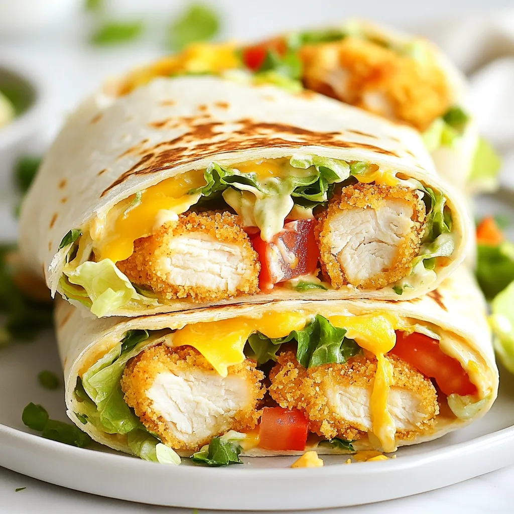 To make delicious crispy chicken ranch wraps, gather these simple ingredients: - 2 large chicken breasts, cut into strips - 1 cup buttermilk (or regular milk) - 1 cup all-purpose flour - 1 cup breadcrumbs (panko for extra crunch) - 1 teaspoon garlic powder - 1 teaspoon onion powder - 1 teaspoon paprika - Salt and pepper to taste - 4 large tortillas (flour or whole wheat) - 1 cup ranch dressing - 1 cup shredded lettuce - 1 cup diced tomatoes - 1 cup shredded cheese (cheddar or your choice) - Olive oil for frying You can customize your wraps for a fun twist. Try these ideas: - Swap chicken for turkey or shrimp for a different taste. - Use Greek yogurt instead of ranch for a tangy kick. - Try different cheeses like pepper jack or feta for added flavor. - Add sliced avocado or bell peppers for extra crunch and nutrition. If you're missing an ingredient, don’t worry! Here are some easy substitutes: - Use regular milk if you don’t have buttermilk. - Almond flour or gluten-free breadcrumbs work well for a gluten-free wrap. - For a lighter option, use lettuce leaves instead of tortillas. - Replace ranch dressing with any favorite dressing like blue cheese or Caesar. {{ingredient_image_1}} Start by cutting your chicken breasts into strips. This size helps them cook fast. Place the strips in a bowl. Cover them with buttermilk. Let them soak for at least 30 minutes. This step makes the chicken tender and adds flavor. While the chicken marinates, prepare your coating. In one shallow dish, mix all-purpose flour, garlic powder, onion powder, paprika, salt, and pepper. In another dish, add breadcrumbs. After marinating, take each strip out of the buttermilk. Let the excess drip off. First, dip the chicken into the flour mix. Then, roll it in the breadcrumbs. Press down gently so it sticks well. Heat olive oil in a large skillet over medium-high heat. Once hot, add the chicken strips. Fry them in batches for about 5-7 minutes on each side. Look for a golden brown color. When done, drain the chicken on paper towels. This step keeps them crispy. Once cooked, your chicken is ready to go into the wraps! To get that perfect crunch, use panko breadcrumbs. They add extra crispness. Make sure to press the breadcrumbs onto the chicken well. This helps them stick. Fry the chicken in hot oil. Too cool oil will make it soggy. Aim for medium-high heat. Cook each piece for about 5-7 minutes until golden brown. Drain on paper towels to keep them crispy. For more flavor, add spices to the flour mix. Try cayenne for heat or dried herbs for a fresh taste. You can also use seasoned breadcrumbs. They give a nice boost to the chicken. Consider adding some garlic powder to the ranch dressing. This adds a nice kick that pairs well with the wraps. Serve your wraps with extra ranch on the side. This makes for a tasty dip. You can also add some sliced cucumbers or carrots. They add crunch and freshness. For a fun twist, serve with sweet potato fries. They complement the wraps perfectly. Enjoy these wraps at a picnic or game day. They are easy to share and always a hit! Pro Tips Marinate for Tenderness: The longer you marinate the chicken in buttermilk, the more tender and flavorful it will be. Aim for at least an hour for best results. Double-Dip for Extra Crunch: For an even crunchier coating, after the first dip in flour and breadcrumbs, dip the chicken strips back into the buttermilk and then into the breadcrumbs again. Temperature Check: Ensure the oil is hot enough before frying. A good test is to drop a small piece of bread in; if it sizzles and browns in about 60 seconds, the oil is ready. Wrap It Right: When rolling your wraps, make sure to tuck in the sides as you go to prevent the filling from spilling out during eating. {{image_2}} You can make crispy chicken ranch wraps healthier by making a few simple swaps. Use whole wheat tortillas instead of regular ones for more fiber. Instead of frying, try baking the chicken strips. Coat them lightly with olive oil and bake at 425°F for 20-25 minutes. This method keeps the crunch without the extra fat. You can also substitute ranch dressing with Greek yogurt or a light vinaigrette. This adds flavor and cuts calories. If you want a vegetarian option, replace chicken with crispy tofu or tempeh. Marinate the tofu in the same buttermilk mixture, then coat and fry it just like the chicken. You can also use roasted vegetables like zucchini or bell peppers for a tasty twist. They add great flavor and texture to your wraps. For added protein, consider adding chickpeas or black beans. You can easily change the flavor of your wraps. Spice up the ranch dressing with hot sauce or chili powder for a kick. Add avocado for creaminess and extra flavor. You can also mix in different herbs, like cilantro or dill, to give your wraps a fresh taste. Experiment with different cheeses, too. Try pepper jack for heat or feta for a tangy twist. These adjustments can make your wraps exciting and new every time! To keep your crispy chicken ranch wraps fresh, wrap them tightly in foil or plastic wrap. This helps keep the wraps from drying out. Place the wrapped wraps in an airtight container. Store them in the fridge for up to three days. Enjoy them cold or warm them up later. To reheat your wraps, use a skillet over medium heat. Place the wrap in the skillet and cook for about 3-4 minutes on each side. This keeps the wrap crispy. You can also use the microwave. Heat each wrap for 30 seconds, then check if it’s warm enough. If not, heat for another 15 seconds. If you want to save the wraps for later, freezing is a great option. First, let the wraps cool completely. Then, wrap each one in plastic wrap. After that, place them in a freezer-safe bag. Label the bag with the date. You can freeze them for up to three months. When ready to eat, thaw overnight in the fridge before reheating. The best way to marinate chicken is with buttermilk. Buttermilk keeps the chicken moist and tender. It adds flavor too. Soak the chicken strips in buttermilk for at least 30 minutes. This process helps the chicken absorb the flavors well. If you're short on time, you can use regular milk. However, buttermilk gives a richer taste. Yes, you can grill the chicken instead of frying it. Grilling gives the chicken a nice smoky flavor. It can also make the wraps a bit healthier. Just make sure to cook the chicken until it's golden brown. Use medium heat to avoid burning. Also, keep an eye on the chicken to ensure it cooks through. The best ranch dressing for wraps is your favorite store-bought brand or homemade. A creamier ranch adds richness to the wrap. You can also try a spicy ranch for an extra kick. If you're looking for a lighter option, choose a reduced-fat ranch. The choice depends on your taste and what you have on hand. To make wraps ahead of time, prepare all the ingredients first. Cook the chicken and let it cool. Assemble the wraps but do not cut them yet. Wrap each one in plastic wrap or foil. Store them in the fridge for up to 2 days. When ready to eat, cut and serve. This keeps them fresh and easy to grab. In this post, we explored the right ingredients for chicken wraps, including substitutes and variations. We covered step-by-step cooking methods, tips for a crispy texture, and storage ideas. Each section aimed to give you the tools for perfect wraps. By following these guidelines, you can make the ideal chicken wrap for any occasion. Enjoy experimenting with flavors and techniques to make it your own! Happy cooking!