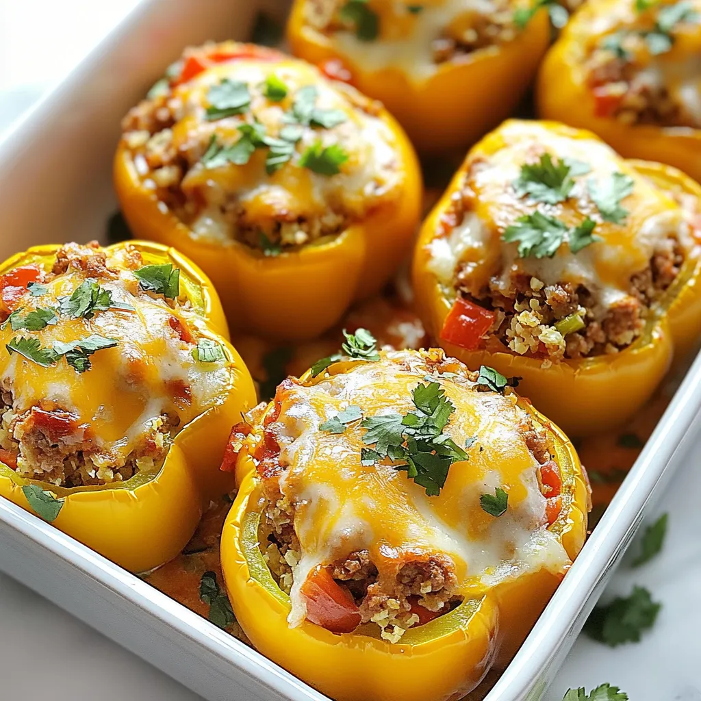 - 4 large bell peppers - 1 pound ground turkey or chicken - 1 cup cauliflower rice - 1 cup shredded cheese (cheddar or mozzarella) - 1 small onion, diced - 2 cloves garlic, minced - 1 teaspoon taco seasoning - 1 tablespoon olive oil - Salt and pepper to taste - Fresh cilantro for garnish When making Keto Stuffed Bell Peppers, focus on fresh, quality ingredients. The bell peppers serve as a great base. Choose vibrant colors for a tasty look. Ground turkey or chicken keeps your dish lean while adding protein. Cauliflower rice is a smart twist. It lowers carbs and adds volume. Use shredded cheese for creaminess. Cheddar or mozzarella works best. The diced onion and minced garlic boost flavor. Taco seasoning brings warmth and spice. Olive oil adds richness. Salt and pepper enhance all the flavors. Fresh cilantro adds a nice touch. Each serving has about: - Calories: 350 - Fat: 18g - Protein: 30g - Carbohydrates: 10g This recipe packs a flavorful punch while fitting into your keto goals. You can enjoy a filling meal without the carbs. The balance of protein and healthy fats keeps you satisfied. {{ingredient_image_1}} To prep your bell peppers, first, wash them well. Next, cut the tops off each pepper. Use a knife to gently slice around the stem. Remove the seeds and membranes inside. This step keeps the peppers sweet and tender. Brush the outer sides with olive oil. This helps them cook evenly. Place them upright in a baking dish. You want them to stand straight to hold the filling. In a skillet, heat one tablespoon of olive oil over medium heat. Add the diced onion and cook until it turns clear, about 3-4 minutes. This step adds a nice flavor. Next, add two cloves of minced garlic. Stir it for a minute to release the aroma. Now, add one pound of ground turkey or chicken. Cook the meat until it's brown and no longer pink, which takes about 7-10 minutes. After that, stir in one cup of cauliflower rice. It gives the filling a great texture. Add one teaspoon of taco seasoning, salt, and pepper to taste. Mix everything well and cook for another 2-3 minutes. Finally, remove the skillet from heat and mix in half of the cup of shredded cheese. This makes the filling creamy and delicious. Now, it’s time to stuff the peppers. Take the turkey mixture and fill each pepper generously. Press down gently to pack it well. After that, sprinkle the remaining cheese on top of each stuffed pepper. Preheat your oven to 375°F (190°C). Cover the baking dish with aluminum foil and bake for 25 minutes. After 25 minutes, remove the foil and bake for an additional 10-15 minutes. This step helps the cheese melt and get golden. Once done, take them out of the oven and let them cool slightly. Garnish with fresh cilantro before serving for a pop of color and flavor. Enjoy your tasty, keto-friendly meal! When picking bell peppers, I suggest using large ones. They hold more filling. Try red, yellow, or green peppers. Each color has its own taste. Red peppers are sweet, while green ones have a stronger flavor. Make sure the peppers are firm and shiny. This means they are fresh and will hold up well when baked. To make the filling tasty, I add spices and moisture. Use ground turkey or chicken for lean protein. Cauliflower rice adds a great texture. You can also add diced tomatoes or chopped spinach for more flavor. Use taco seasoning to give a nice kick. Don’t forget to mix in some cheese. This keeps the filling moist and creamy. A great cheese topping makes a big difference. I like to use cheddar or mozzarella. For a crispy top, sprinkle cheese evenly over the filling. Cover the dish with foil at first, then uncover it. This helps the cheese melt and bubble. Bake until the cheese is golden and bubbly. That’s when the stuffed peppers are at their best! Pro Tips Choose Colorful Peppers: Using a mix of colored bell peppers not only enhances the presentation but also adds different flavors and nutrients to your dish. Pre-Cook the Cauliflower Rice: Lightly sauté the cauliflower rice before adding it to the filling. This will enhance its flavor and ensure it cooks evenly inside the peppers. Experiment with Seasoning: Feel free to customize the seasoning blend based on your taste preferences. Adding smoked paprika or cumin can elevate the flavor profile. Let them Rest: Allow the stuffed peppers to rest for a few minutes after baking. This helps the flavors meld and makes them easier to serve. {{image_2}} You can switch the ground turkey or chicken for other meats. Ground beef works well. It adds a rich taste. You can also try sausage for a spicy kick. If you prefer a vegetarian option, use lentils or black beans. Both add protein and fiber. Want to spice things up? Add extra flavors! Consider cumin or paprika for warmth. A splash of lime juice brightens the dish. You can also mix in chopped tomatoes or jalapeños for a fresh twist. Try adding herbs like parsley or oregano for depth. The options are endless! These stuffed peppers shine on their own. However, they pair well with a side salad. A green salad adds freshness and crunch. You can also serve them with avocado or guacamole for creaminess. If you crave something warm, try a side of cauliflower mash. It complements the peppers nicely! To keep your stuffed peppers fresh, let them cool first. Place cooked stuffed peppers in an airtight container. They stay good in the fridge for about 3-4 days. For uncooked peppers, store them in the fridge as well. These can last up to 2 days before cooking. Reheating is simple. You can use the oven or microwave. For the oven, preheat to 350°F (175°C). Place peppers in a dish with a splash of water. Cover with foil and heat for 15-20 minutes. If using a microwave, heat on medium for about 3-4 minutes. Check that they are hot all the way through. Freezing is a great meal prep option. Cooked stuffed peppers freeze well. Wrap each pepper in plastic wrap, then place in a freezer bag. They can last up to 3 months. For best results, thaw them in the fridge overnight before reheating. If you want to freeze uncooked peppers, stuff them and follow the same wrapping method. They can also last about 3 months in the freezer. Yes, stuffed bell peppers are keto-friendly. This recipe uses low-carb ingredients. Bell peppers are low in carbs and high in fiber. Ground turkey or chicken offers lean protein. Cauliflower rice is a great low-carb substitute for traditional rice. The cheese adds healthy fats, making this dish perfect for keto. Yes, you can make these stuffed peppers ahead of time. Prepare the filling and stuff the peppers. Cover them and store in the fridge for up to 24 hours. You can also freeze the stuffed peppers. Just bake them later when you’re ready to eat. This makes meal prep easy and quick. If you don’t have cauliflower rice, try these substitutes: - Finely chopped broccoli - Riced zucchini - Shredded cabbage These options keep the dish low in carbs. They also add different textures and flavors to your stuffed peppers. This article walked you through making delicious stuffed bell peppers. We covered the ingredients, simple steps for prep, and tips for perfecting your dish. I shared ways to adapt the recipe and store leftovers too. Stuffed peppers are a fun and healthy meal option. With some creativity, you can make them just right for your taste. So grab your ingredients, and try making your own! Enjoy your tasty creation!