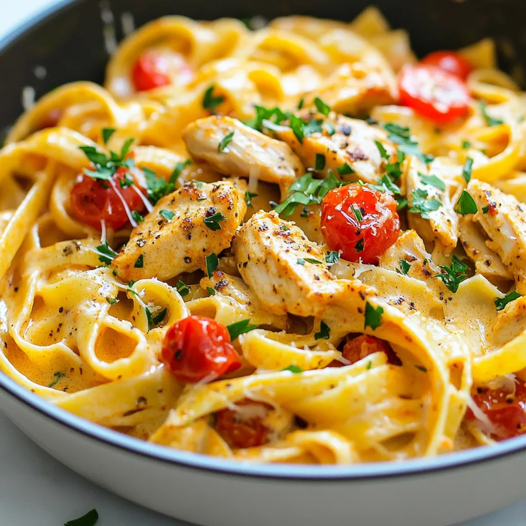 - 2 boneless, skinless chicken breasts, sliced into strips - 8 oz fettuccine or penne pasta Chicken and pasta are the stars of this dish. I use boneless, skinless chicken breasts for a tender bite. Slicing them into strips helps them cook evenly. For pasta, both fettuccine and penne work great. They hold the sauce well, making every bite delicious. - 1 tablespoon Cajun seasoning - 1 cup heavy cream - 1 cup chicken broth The sauce brings it all together. I love Cajun seasoning for its bold flavor. Just one tablespoon adds a nice kick. Heavy cream gives the sauce its creamy texture. Chicken broth adds depth. Together, they create a rich base for the dish. - 1 medium onion, diced - 3 cloves garlic, minced - 1 red bell pepper, sliced - 1 cup cherry tomatoes, halved - Fresh parsley, chopped for garnish Adding vegetables makes the dish colorful and fresh. I use a medium onion for sweetness and three cloves of garlic for aroma. Red bell pepper adds crunch, and cherry tomatoes bring a burst of flavor. Chopping fresh parsley at the end brightens the dish. It not only looks pretty but adds a fresh taste. {{ingredient_image_1}} To start, fill a large pot with water and add salt. Bring the water to a boil. Once boiling, add 8 oz of fettuccine or penne pasta. Cook the pasta for about 8-10 minutes until it is al dente. After that, drain the pasta and set it aside. Next, take 2 boneless, skinless chicken breasts and slice them into strips. In a mixing bowl, toss the chicken with 1 tablespoon of Cajun seasoning. Make sure each piece is well-coated. Heat 2 tablespoons of olive oil in a large skillet over medium-high heat. Add the seasoned chicken and cook for 5-7 minutes. The chicken should turn brown and be fully cooked. Remove it from the skillet and set it aside. In the same skillet, add the diced onion and sliced red bell pepper. Cook them for about 3-4 minutes until they soften. Then, add 3 minced garlic cloves and cook for another minute. This will add a lovely flavor to your dish. Pour in 1 cup of chicken broth and bring it to a simmer. Then, add 1 cup of heavy cream, stirring well. Let the sauce simmer for 3-5 minutes. This will help it thicken slightly. Now, add the cooked chicken back into the skillet, along with 1 cup of halved cherry tomatoes. Stir everything well to coat in the creamy sauce. Then, mix in the cooked pasta and toss until all ingredients are evenly coated. Stir in ½ cup of grated Parmesan cheese. This will make your sauce extra creamy. Season with salt and pepper to taste. Finally, remove from heat and garnish with fresh chopped parsley before serving. Enjoy your tasty dish! To cook juicy chicken, start with high heat. Sear the chicken strips in olive oil. This helps lock in moisture. Cook until they are browned, about 5-7 minutes. Let the chicken rest before mixing it back in. This keeps it tender. For seasoning, coat the chicken well with Cajun seasoning. Make sure every piece gets the spice. You can add salt and pepper after cooking for better flavor control. To get the right sauce thickness, simmer it gently. After adding the heavy cream, let it bubble for 3-5 minutes. This will help the sauce thicken. If it’s too thick, add a splash of chicken broth. Stir well to adjust the flavor as needed. Taste the sauce as you go. You can add more Cajun seasoning or salt if it needs a boost. Adjusting flavors keeps everyone happy. To avoid overcooked pasta, cook it until al dente. This means it should still be firm when bitten. Follow the package instructions carefully. Set a timer to remind yourself. For easy draining, use a colander. Shake it gently to remove excess water. You can save a bit of pasta water. It can help loosen the sauce later if needed. Pro Tips Perfect Pasta Cooking: Always cook your pasta al dente for the best texture. It will continue to cook slightly when mixed with the sauce. Homemade Cajun Seasoning: If you want to customize the heat level, consider making your own Cajun seasoning using paprika, cayenne, garlic powder, and thyme. Thickening the Sauce: To achieve a richer sauce, allow the heavy cream and chicken broth to simmer longer, stirring occasionally to prevent sticking. Garnishing for Freshness: Always add garnishes like fresh parsley just before serving to maintain their bright color and flavor. {{image_2}} You can swap chicken for shrimp or sausage. Shrimp cooks fast and adds a sweet flavor. Just sauté the shrimp until pink. For sausage, use smoked or andouille for a nice kick. You can also make this dish vegetarian. Try using firm tofu or tempeh. Season them like the chicken for a tasty option. Adjust the Cajun seasoning to fit your taste. If you like it spicy, add more seasoning. Start with a little and taste as you go. You can also add other spices. A pinch of cayenne or paprika can enhance the flavor. Experiment to find your perfect heat level. Seasonal vegetables can brighten this dish. Add zucchini, asparagus, or spinach for freshness. These veggies cook quickly and blend well with the sauce. You can also use frozen vegetables. They save time and are easy to keep on hand. Just add them to the skillet with the other veggies. To store your Creamy Cajun Chicken Pasta, let it cool first. Place the leftovers in an airtight container. This keeps out air and moisture. You can store it in the fridge for up to three days. Check for freshness before eating. If it smells off or looks strange, toss it. You can freeze this dish, but it’s best to do so before adding the cheese. Use a freezer-safe container. Make sure to leave some room for expansion. It can last up to three months in the freezer. To reheat, thaw it overnight in the fridge. Then, warm it on the stove over low heat. Stir in some extra cream or broth for the best taste. Don’t let those leftovers go to waste! You can make a Cajun chicken pasta bake. Just mix it with some breadcrumbs and cheese, and bake at 350°F for 20 minutes. You can also turn it into a wrap. Just add some salad greens and roll it up in a tortilla. This way, you get a fresh twist on a classic dish! You can use several options to replace heavy cream. Here are some ideas: - Whole milk with a tablespoon of butter - Coconut milk for a dairy-free option - Greek yogurt for a creamier texture - Silken tofu blended until smooth These alternatives can still give you that creamy feel without heavy cream. Yes, you can prepare this dish ahead of time. Here are some tips: - Cook the pasta a bit less than usual. This helps it stay firm. - Store the chicken and sauce separately to keep things fresh. - Reheat on low heat, adding a splash of broth or cream to loosen the sauce. Making it in advance saves time and keeps the flavors rich. The spice level depends on the Cajun seasoning you use. If you want less heat: - Use less Cajun seasoning. - Add a pinch of sugar to balance the spice. - Include bell peppers to add sweetness and reduce heat. You can adjust the spice to fit your taste! Making this dish gluten-free is simple. Here’s how: - Use gluten-free pasta, like rice or quinoa pasta. - Check the Cajun seasoning for gluten content. - Ensure your chicken broth is gluten-free. These swaps will keep the flavor while making it gluten-free. This blog post shared a delicious recipe for creamy Cajun chicken pasta. You learned about the best ingredients, like boneless chicken, flavorful sauces, and fresh vegetables. I also provided tips for cooking and variations to fit your taste. Remember, you can adjust spice levels and make this dish your own. Store leftovers properly, and use them creatively. Enjoy cooking this meal, and let your kitchen be filled with great flavors.