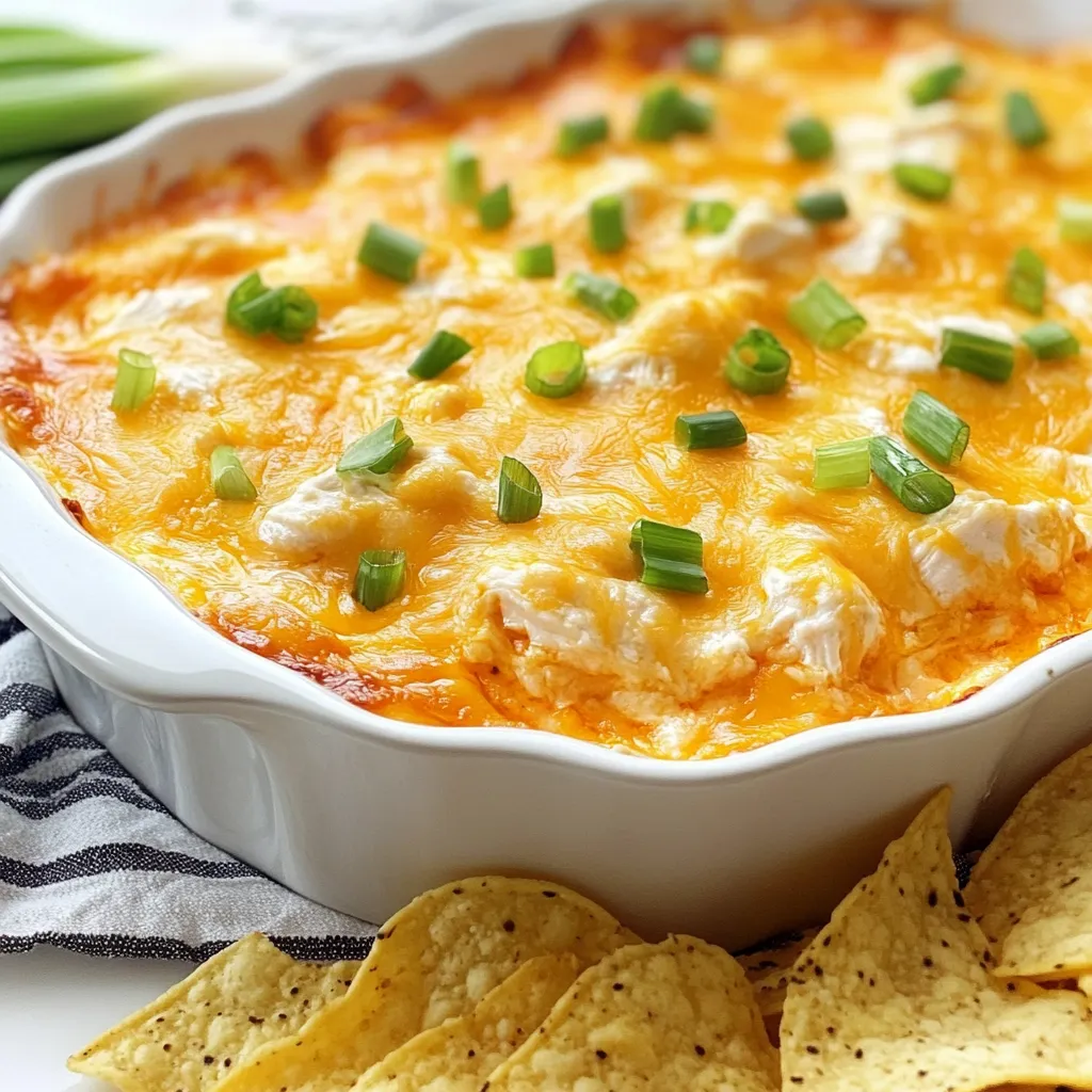 To make classic Buffalo chicken dip, you will need a few key ingredients. These will create a rich and flavorful dish that everyone will love. Here’s the list of ingredients: - 2 cups cooked chicken, shredded - ½ cup cream cheese, softened - ½ cup sour cream - ½ cup mayonnaise - ½ cup buffalo sauce - 1 cup shredded cheddar cheese - ½ cup blue cheese crumbles (optional) - 1 tablespoon garlic powder - 1 teaspoon onion powder - Salt and pepper to taste - Chopped green onions for garnish - Tortilla chips or celery sticks for serving These simple ingredients come together to make a creamy and spicy dip. The shredded chicken gives it protein, while the cream cheese and sour cream add a smooth texture. Buffalo sauce brings the heat, making it a perfect snack for parties or game days. Don’t skip the blue cheese; it adds a nice tang if you like bold flavors. {{ingredient_image_1}} 1. Preheating the oven Start by preheating your oven to 350°F (175°C). This step gets your oven ready for baking and helps the dip cook evenly. 2. Mixing the base ingredients In a large mixing bowl, combine the softened cream cheese, sour cream, and mayonnaise. Mix these until they are smooth and creamy. This creamy base is vital for a rich dip. 3. Adding chicken and seasonings Next, add the shredded chicken, buffalo sauce, garlic powder, and onion powder to your bowl. Stir well to ensure all ingredients blend evenly. This is where the dip gets its bold flavor. Don't forget to season with salt and pepper to taste. 1. Transferring to baking dish Transfer your mixture into an oven-safe baking dish. Make sure to spread it out evenly. This helps it cook well and get that nice golden top. 2. Baking duration and temperature Bake your dip in the preheated oven for 20-25 minutes. Look for it to be bubbly and golden on top. This shows that it is ready to enjoy! 1. Cooling and garnishing Once baked, remove it from the oven. Let it cool for a few minutes. This step helps prevent burns and allows the flavors to settle. Garnish with chopped green onions for a fresh touch. 2. Recommended dippers Serve your warm dip with tortilla chips or celery sticks. Both options offer a nice crunch and bring out the dip's flavor. Enjoy every bite! Shredding chicken can be tricky. To make it easy, use two forks. Simply pull apart the cooked chicken. You can also use a stand mixer with a paddle attachment. Just mix on low speed for a few seconds. This gives you nice, even shreds. Adjusting heat in buffalo sauce is key. If you like it mild, use less sauce. You can start with ¼ cup and taste as you go. For a spicier kick, add more. Just remember, you can always add more heat, but you can't take it away! Preparing in advance can save time. You can mix all the dip ingredients a day before. Just store it in the fridge. This helps the flavors blend better. For storage before baking, cover your dish well. Use plastic wrap or foil. It keeps everything fresh. You can bake it straight from the fridge. Just add a few extra minutes to the baking time. Overmixing can ruin your dip. Mix just until everything is combined. This keeps the texture nice and creamy. Baking time can vary. Check your dip often. If it looks bubbly and golden, it's ready. If it needs more time, bake a few extra minutes. Just watch closely to avoid burning. Pro Tips Use Rotisserie Chicken: For a quicker option, use store-bought rotisserie chicken to save time on cooking and shredding. Adjust the Spice Level: Feel free to modify the amount of buffalo sauce based on your heat preference; start with less and add more as needed. Cheese Variations: Experiment with different cheeses like pepper jack or mozzarella for a unique flavor twist. Make Ahead: Prepare the dip a day in advance, store it in the fridge, and bake it just before serving for an easy party appetizer. {{image_2}} You can change the flavor of your buffalo chicken dip in fun ways. If you like more heat, try a spicy buffalo chicken dip. Just add extra buffalo sauce. This will make it hotter and more exciting. If you want a milder taste, consider a creamy ranch dip option. Swap out some buffalo sauce for ranch dressing. This makes the dip smooth and tasty. You can also swap ingredients to fit your needs. For alternative cheeses, try using pepper jack or gouda. These cheeses add a unique twist to your dip. If you want healthier substitutes, use Greek yogurt instead of sour cream or mayonnaise. This keeps the dip creamy but lowers the fat. How you serve your dip can make it more fun. Try unique serving styles like using a hollowed-out bread bowl. This looks great and adds flavor. You can also serve the dip in individual ramekins. This way, each person has their own portion. To enhance flavor, garnishes are key. Chopped green onions on top add color and crunch. You can also sprinkle some extra cheddar cheese before baking for a tasty crust. After enjoying your buffalo chicken dip, you may have some left. Store it in an airtight container. Place it in the fridge right away. It will stay fresh for about three to four days. If you want to keep it longer, consider freezing it. Use a freezer-safe container or bag. Make sure to remove as much air as you can. This way, it can last for up to three months. When you’re ready to enjoy your dip again, reheating is simple. The best method is to use an oven. Preheat it to 350°F (175°C). Place your dip in an oven-safe dish and cover it with foil. This keeps it moist. Heat for about 15 to 20 minutes. If you prefer, you can also use a microwave. Heat in short bursts, stirring in between. This keeps the texture nice and smooth. Leftover buffalo chicken dip is tasty, but it does have a limit. Keep it in the fridge for three to four days. If you freeze it, you can enjoy it for up to three months. Always check for signs of spoilage. If it smells off or has mold, toss it out. Trust your senses; they will guide you. You can easily swap cream cheese with Greek yogurt. Greek yogurt adds creaminess without the fat. You can also use cottage cheese blended until smooth. These options keep the dip rich and tasty. Yes, rotisserie chicken works great! It saves time and adds flavor. Just shred the chicken right off the bone. Look for plain or mildly seasoned chicken to keep the dip balanced. Use about two cups for the recipe. Buffalo chicken dip pairs well with many things. Tortilla chips and celery sticks are classic choices. You can also use pita chips or carrot sticks for a crunchy bite. Consider serving with sliced bell peppers for color and flavor. This blog post covered a delicious buffalo chicken dip recipe. You learned about the key ingredients, how to prepare and bake, and some helpful tips. I also shared variations and storage info to keep it fresh. In conclusion, this dip is simple and fun for gatherings. With easy adaptations, you can make it your own. Enjoy the tasty rewards of your hard work!