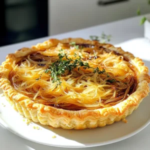 - Puff Pastry: Use one sheet of thawed puff pastry. It gives a flaky base. - Onions: Three large onions work best. You can use yellow or sweet onions. They caramelize well. - Olive Oil: You need two tablespoons for cooking the onions. It adds flavor and helps with browning. - Balsamic Vinegar: One teaspoon gives a nice tang. It enhances the sweetness of the onions. - Sugar: One teaspoon helps caramelize the onions better. It balances the flavors. - Thyme: Use one teaspoon of thyme leaves. Fresh is great, but dried works too. - Gruyère Cheese: One cup, shredded. It melts beautifully and adds a rich taste. - Ricotta Cheese: Half a cup. It adds creaminess to the tart. - Salt and Pepper: Add to taste for flavor. - Egg: One beaten egg for an egg wash. It makes the crust golden and shiny. Each ingredient plays a role in making this tart flavorful and satisfying. When you gather them, make sure they are fresh. Fresh ingredients make a big difference in taste. Enjoy the process of putting this dish together! - Thawing puff pastry: Start by taking your puff pastry out of the freezer. Let it sit at room temperature for about 30 minutes. This makes it easier to roll out. - Slicing onions efficiently: Use a sharp knife for slicing. Cut off the ends, then peel the skin. Slice the onions thinly for even cooking. - Preheating oven and preparing tools: Preheat your oven to 400°F (200°C). Gather your tart pan, a large skillet, and a mixing bowl. - Caramelization process: Heat the olive oil in the skillet over medium heat. Add the sliced onions and stir them gently. Add sugar, balsamic vinegar, thyme, salt, and pepper. - Importance of stirring: Stir the onions every few minutes. This helps them cook evenly and prevents burning. - Signs of perfect caramelized onions: You’ll know they are done when they are soft, golden brown, and sweet. This takes about 20-25 minutes. - Rolling out the pastry: Lightly flour your surface. Roll out the puff pastry until it fits your tart pan. Carefully transfer it into the pan. - Spreading the cheese mixture: In a bowl, mix the Gruyère and ricotta cheese together. Spread this mixture evenly over the pastry base. - Layering the onions properly: Once the onions are caramelized, layer them on top of the cheese mixture. Spread them evenly for balanced flavor. - Egg wash application: Brush the edges of the pastry with the beaten egg. This gives the tart a nice golden color. - Baking time and temperature: Place the tart in the oven and bake for 25-30 minutes. The pastry should puff up and turn golden. - Checking for doneness: Look for a golden crust and bubbly cheese. This shows that your tart is ready to enjoy. Caramelizing onions takes time and patience. Here are some tips to get it right: - Common mistakes to avoid: Don’t rush the process. Cooking on too high heat can burn the onions. Stir them often to get even cooking. - Using sugar and vinegar: Adding sugar helps the onions caramelize faster. A splash of balsamic vinegar adds depth. Use just a teaspoon for a sweet touch. - Alternative onion types: While yellow onions are best, you can try sweet onions. They add a nice flavor. Red onions also work, but they taste milder. Choosing the right cheese makes a big difference in flavor. - Benefits of using Gruyere: Gruyere melts well and has a nutty taste. It adds richness to your tart. The cheese pairs nicely with the sweetness of the onions. - Substitutes for ricotta: If you can't find ricotta, use cream cheese or goat cheese. These options still give a creamy texture. Pair your tart with the right sides to elevate the meal. - Best sides to accompany the tart: A simple green salad balances the richness. You can also serve it with roasted veggies for added color and flavor. - Suggestions for garnishing: Fresh thyme or a drizzle of balsamic reduction adds a nice touch. You can also sprinkle some grated cheese on top before serving. {{image_2}} You can make this tart fit your taste. For a vegetarian option, skip the meat. Try adding mushrooms or spinach for extra flavor. If you want protein, consider adding cooked chicken or crispy bacon. They both add a nice touch. You can also mix up the cheese. Try using sharp cheddar or creamy goat cheese instead of Gruyère. Each cheese brings its own twist to the tart. To boost the taste, play with herbs and spices. Basil, oregano, or rosemary can add depth. Fresh herbs work best, but dried ones are fine too. You can also add veggies like mushrooms or spinach. They not only taste great but also add color. Just sauté them briefly before adding to the tart. Think about how you serve your tart. A nice serving dish can impress guests. You might use a wooden board or a colorful plate. For a fancy touch, sprinkle fresh thyme on top. A drizzle of balsamic reduction adds sweetness and looks beautiful. Consider serving it warm or at room temperature. It tastes great either way and looks inviting. To keep your tart fresh for a few days, refrigerate it. After it cools, wrap it tightly in plastic wrap or foil. This helps prevent it from drying out. You can also use an airtight container. This keeps moisture in and flavors strong. If you want to save the tart for later, freezing is a great option. Wrap it well in plastic wrap. Then, place it in a freezer-safe bag. This helps to keep the taste and texture. You can freeze it for up to three months. To reheat the tart, first thaw it in the fridge overnight. Preheat your oven to 350°F (175°C). Place the tart on a baking sheet. Heat for about 15-20 minutes. This will warm it through and crisp the pastry. Enjoy the rich flavors again! If you need a puff pastry substitute, try these options: - Gluten-free options: Use a gluten-free pie crust mix. This works well for a similar texture. - Homemade pastry alternatives: You can make a simple dough with flour, butter, and cold water. Roll it thin for a crusty base. To control the sweetness of your onions, consider these methods: - Methods to control sweetness: Cook onions longer for a deep flavor, or add less sugar. - Other flavor profiles: Try adding salt or vinegar to balance sweetness with tang. This can give more depth to the tart. Yes, you can prep this tart ahead of time: - Prep-ahead instructions: Cook the onions and assemble the tart. Cover it and store in the fridge for up to one day. - Best reheating practices: Bake it at 350°F (175°C) for about 15 minutes to warm through. Look for these signs to check if your tart is ready: - Visual cues for readiness: The pastry should be golden brown and puffed. - Checking cheese melt and pastry color: Melted cheese should bubble, and the edges should be crisp and brown. You now have all the tools to make a delicious onion and cheese tart. This recipe covers the key ingredients, from puff pastry to the right cheese. The step-by-step instructions guide you through each process, ensuring success. Remember to caramelize the onions well and layer everything perfectly. With tips on variations and storage, you can customize this dish to your taste. Lastly, don’t hesitate to explore new flavors and try different ingredients. Make this recipe your own, and enjoy sharing it with friends and family!