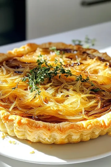 - Puff Pastry: Use one sheet of thawed puff pastry. It gives a flaky base. - Onions: Three large onions work best. You can use yellow or sweet onions. They caramelize well. - Olive Oil: You need two tablespoons for cooking the onions. It adds flavor and helps with browning. - Balsamic Vinegar: One teaspoon gives a nice tang. It enhances the sweetness of the onions. - Sugar: One teaspoon helps caramelize the onions better. It balances the flavors. - Thyme: Use one teaspoon of thyme leaves. Fresh is great, but dried works too. - Gruyère Cheese: One cup, shredded. It melts beautifully and adds a rich taste. - Ricotta Cheese: Half a cup. It adds creaminess to the tart. - Salt and Pepper: Add to taste for flavor. - Egg: One beaten egg for an egg wash. It makes the crust golden and shiny. Each ingredient plays a role in making this tart flavorful and satisfying. When you gather them, make sure they are fresh. Fresh ingredients make a big difference in taste. Enjoy the process of putting this dish together! - Thawing puff pastry: Start by taking your puff pastry out of the freezer. Let it sit at room temperature for about 30 minutes. This makes it easier to roll out. - Slicing onions efficiently: Use a sharp knife for slicing. Cut off the ends, then peel the skin. Slice the onions thinly for even cooking. - Preheating oven and preparing tools: Preheat your oven to 400°F (200°C). Gather your tart pan, a large skillet, and a mixing bowl. - Caramelization process: Heat the olive oil in the skillet over medium heat. Add the sliced onions and stir them gently. Add sugar, balsamic vinegar, thyme, salt, and pepper. - Importance of stirring: Stir the onions every few minutes. This helps them cook evenly and prevents burning. - Signs of perfect caramelized onions: You’ll know they are done when they are soft, golden brown, and sweet. This takes about 20-25 minutes. - Rolling out the pastry: Lightly flour your surface. Roll out the puff pastry until it fits your tart pan. Carefully transfer it into the pan. - Spreading the cheese mixture: In a bowl, mix the Gruyère and ricotta cheese together. Spread this mixture evenly over the pastry base. - Layering the onions properly: Once the onions are caramelized, layer them on top of the cheese mixture. Spread them evenly for balanced flavor. - Egg wash application: Brush the edges of the pastry with the beaten egg. This gives the tart a nice golden color. - Baking time and temperature: Place the tart in the oven and bake for 25-30 minutes. The pastry should puff up and turn golden. - Checking for doneness: Look for a golden crust and bubbly cheese. This shows that your tart is ready to enjoy. Caramelizing onions takes time and patience. Here are some tips to get it right: - Common mistakes to avoid: Don’t rush the process. Cooking on too high heat can burn the onions. Stir them often to get even cooking. - Using sugar and vinegar: Adding sugar helps the onions caramelize faster. A splash of balsamic vinegar adds depth. Use just a teaspoon for a sweet touch. - Alternative onion types: While yellow onions are best, you can try sweet onions. They add a nice flavor. Red onions also work, but they taste milder. Choosing the right cheese makes a big difference in flavor. - Benefits of using Gruyere: Gruyere melts well and has a nutty taste. It adds richness to your tart. The cheese pairs nicely with the sweetness of the onions. - Substitutes for ricotta: If you can't find ricotta, use cream cheese or goat cheese. These options still give a creamy texture. Pair your tart with the right sides to elevate the meal. - Best sides to accompany the tart: A simple green salad balances the richness. You can also serve it with roasted veggies for added color and flavor. - Suggestions for garnishing: Fresh thyme or a drizzle of balsamic reduction adds a nice touch. You can also sprinkle some grated cheese on top before serving. {{image_2}} You can make this tart fit your taste. For a vegetarian option, skip the meat. Try adding mushrooms or spinach for extra flavor. If you want protein, consider adding cooked chicken or crispy bacon. They both add a nice touch. You can also mix up the cheese. Try using sharp cheddar or creamy goat cheese instead of Gruyère. Each cheese brings its own twist to the tart. To boost the taste, play with herbs and spices. Basil, oregano, or rosemary can add depth. Fresh herbs work best, but dried ones are fine too. You can also add veggies like mushrooms or spinach. They not only taste great but also add color. Just sauté them briefly before adding to the tart. Think about how you serve your tart. A nice serving dish can impress guests. You might use a wooden board or a colorful plate. For a fancy touch, sprinkle fresh thyme on top. A drizzle of balsamic reduction adds sweetness and looks beautiful. Consider serving it warm or at room temperature. It tastes great either way and looks inviting. To keep your tart fresh for a few days, refrigerate it. After it cools, wrap it tightly in plastic wrap or foil. This helps prevent it from drying out. You can also use an airtight container. This keeps moisture in and flavors strong. If you want to save the tart for later, freezing is a great option. Wrap it well in plastic wrap. Then, place it in a freezer-safe bag. This helps to keep the taste and texture. You can freeze it for up to three months. To reheat the tart, first thaw it in the fridge overnight. Preheat your oven to 350°F (175°C). Place the tart on a baking sheet. Heat for about 15-20 minutes. This will warm it through and crisp the pastry. Enjoy the rich flavors again! If you need a puff pastry substitute, try these options: - Gluten-free options: Use a gluten-free pie crust mix. This works well for a similar texture. - Homemade pastry alternatives: You can make a simple dough with flour, butter, and cold water. Roll it thin for a crusty base. To control the sweetness of your onions, consider these methods: - Methods to control sweetness: Cook onions longer for a deep flavor, or add less sugar. - Other flavor profiles: Try adding salt or vinegar to balance sweetness with tang. This can give more depth to the tart. Yes, you can prep this tart ahead of time: - Prep-ahead instructions: Cook the onions and assemble the tart. Cover it and store in the fridge for up to one day. - Best reheating practices: Bake it at 350°F (175°C) for about 15 minutes to warm through. Look for these signs to check if your tart is ready: - Visual cues for readiness: The pastry should be golden brown and puffed. - Checking cheese melt and pastry color: Melted cheese should bubble, and the edges should be crisp and brown. You now have all the tools to make a delicious onion and cheese tart. This recipe covers the key ingredients, from puff pastry to the right cheese. The step-by-step instructions guide you through each process, ensuring success. Remember to caramelize the onions well and layer everything perfectly. With tips on variations and storage, you can customize this dish to your taste. Lastly, don’t hesitate to explore new flavors and try different ingredients. Make this recipe your own, and enjoy sharing it with friends and family!