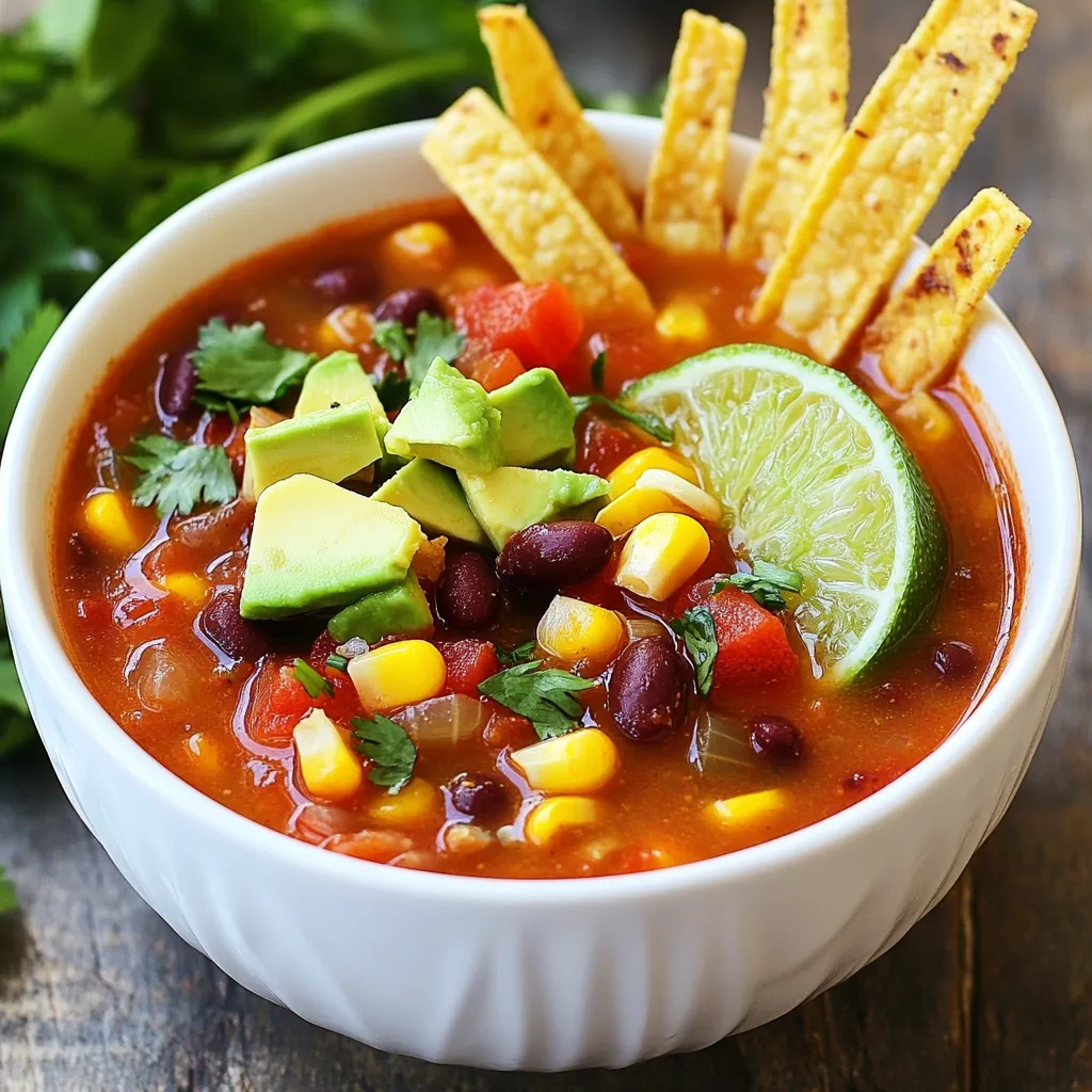 To make a tasty Crockpot Vegetarian Tortilla Soup, gather these ingredients: - 1 can (15 oz) black beans, drained and rinsed - 1 can (15 oz) corn kernels, drained - 1 can (14.5 oz) diced tomatoes with green chilies - 1 bell pepper (any color), diced - 1 medium onion, chopped - 2 cloves garlic, minced - 4 cups vegetable broth - 1 teaspoon ground cumin - 1 teaspoon smoked paprika - 1 teaspoon chili powder - Salt and pepper to taste - 1 avocado, diced (for topping) - Fresh cilantro, chopped (for garnish) - 1 lime, cut into wedges (for serving) - Corn tortilla strips (for serving) This mix of beans, veggies, and spices gives the soup its rich flavor. Each ingredient adds texture and nutrients. Black beans offer protein; corn brings sweetness. Diced tomatoes with chilies add a nice kick. Bell pepper and onion boost the soup's aroma. Garlic enhances the taste while vegetable broth ties it all together. Spices like cumin, paprika, and chili powder create a warm, comforting bowl. For toppings, avocado adds creaminess, and cilantro brightens the dish. Lime gives a fresh, zesty finish. Corn tortilla strips bring a delightful crunch. As you prepare, think of how each ingredient will complement the others. Enjoy the process! {{ingredient_image_1}} 1. In a crockpot, combine the following ingredients: - 1 can black beans, drained and rinsed - 1 can corn kernels, drained - 1 can diced tomatoes with green chilies - 1 diced bell pepper - 1 chopped medium onion - 2 minced garlic cloves 2. Pour in 4 cups of vegetable broth. Stir everything well. 3. Add spices to boost the flavor: - 1 teaspoon ground cumin - 1 teaspoon smoked paprika - 1 teaspoon chili powder - Salt and pepper to taste 4. Mix it all together before cooking. Cover the crockpot. 5. Choose your cooking method: - Low setting for 6-8 hours - High setting for 3-4 hours - Cooking on low takes 6-8 hours. This lets the flavors meld. - Cooking on high takes 3-4 hours. Your soup will still taste great. 1. When the soup is ready, ladle it into bowls. 2. Top each bowl with: - Diced avocado - Chopped fresh cilantro - A squeeze of lime juice 3. Serve with crispy corn tortilla strips on the side. They add a nice crunch. Enjoy your delicious meal! To boost the flavor of your tortilla soup, consider adjusting the spice levels. If you like heat, add more chili powder or even a dash of cayenne pepper. You can also add a pinch of salt with each taste test. This will help you find the right balance. Adding fresh herbs can elevate the taste. Consider using cilantro, which adds brightness. You can mix it in during cooking or sprinkle it on top before serving. Fresh lime juice also brightens flavors nicely. To avoid mushy vegetables, choose firm veggies like bell peppers. Cut them into larger pieces so they hold up well during cooking. Stir the soup gently just once in a while. This helps keep the veggies intact and prevents them from breaking down too much. Stirring is important, but do it with care. Too much stirring can make your soup cloudy. Aim to keep the soup's base clear and inviting. Pair your tortilla soup with a side of warm cornbread or tortilla chips. This adds crunch and makes it a filling meal. You can also serve it with a fresh salad for a balanced dish. For toppings, the options are endless. Try adding shredded cheese, sour cream, or jalapeños for extra flavor. You can also switch up the toppings based on your taste. Go for diced radishes, diced tomatoes, or even pickled onions for added zest. Pro Tips Use Fresh Ingredients: Fresh vegetables enhance the flavor of the soup. Consider using seasonal produce for the best taste. Adjust Spice Levels: If you prefer a spicier soup, add diced jalapeños or increase the chili powder to your liking. Make it Creamy: For a creamier texture, blend a portion of the soup before serving or add a dollop of sour cream or yogurt on top. Meal Prep Friendly: This soup freezes well, so consider making a double batch to enjoy later. Just store it in airtight containers. {{image_2}} You can boost the protein in your soup easily. Adding other beans works great. Try kidney beans or pinto beans for variety. Tofu or tempeh are also excellent choices. Both soak up flavors well and add a nice texture. Cut tofu into cubes, and add it during the last hour of cooking. Tempeh can be crumbled and mixed in early. This way, it absorbs all those tasty spices. Feel free to swap out vegetables based on what you have. Zucchini, carrots, or spinach can work well too. You can also add sweet potatoes for a sweet touch. If you need gluten-free options, use corn tortillas or skip them altogether. Just make sure your broth is gluten-free if you use store-bought. To give your soup new life, play with spices. Add more chili powder for heat or smoked paprika for depth. You can even try fresh herbs like oregano or thyme. For broth, switch to spicy vegetable broth for a kick. You can also use coconut milk for a creamy twist that adds sweetness. These small changes can make a big difference in flavor. After you enjoy your soup, let it cool down. Store leftovers in airtight containers. Use glass or BPA-free plastic containers for safety. Make sure to label them with the date. This helps you track how long they've been in the fridge. The soup keeps well for about 3 to 4 days. To freeze the soup, first let it cool completely. Pour it into freezer-safe bags or containers. Leave some space at the top for expansion. You can freeze it for up to 3 months. When you're ready to eat, thaw the soup overnight in the fridge. For a quicker method, place it in a bowl of cold water. When reheating, use a pot over medium heat for best flavor. Stir it often to heat evenly. If you want to microwave it, use a microwave-safe bowl. Heat in short bursts, stirring in between. After reheating, add fresh toppings like diced avocado, cilantro, or a squeeze of lime. This boosts the flavor and makes it look great! To add heat to your tortilla soup, consider these ideas: - Add chopped jalapeños for fresh spice. - Mix in a pinch of cayenne pepper. - Include hot sauce per your taste. - Use spicy diced tomatoes instead of regular ones. These options will boost the heat while keeping the flavors balanced. Yes, you can cook this soup on the stove. Here’s how: 1. In a large pot, sauté the onion and garlic until soft. 2. Then, add the bell pepper and cook for a few more minutes. 3. Stir in the black beans, corn, and diced tomatoes. 4. Pour in the vegetable broth and spices. 5. Bring to a boil, then reduce heat. 6. Simmer for 20-30 minutes, stirring occasionally. This method gives you a quick and tasty soup without the wait. Your soup will stay fresh in the fridge for about 4-5 days. - Store it in an airtight container. - Make sure it cools before sealing. If you want to keep it longer, consider freezing it. It can last up to 3 months in the freezer. Just remember to thaw it in the fridge overnight before reheating. This blog post covered how to make a delicious soup with simple ingredients and steps. You learned about essential ingredients, cooking times, and how to enhance flavors. The tips provided will help you avoid common mistakes, and the variations let you get creative. This soup is tasty and easy to store. I hope you try it and enjoy the process. Remember, cooking is fun and a great way to share with friends and family!