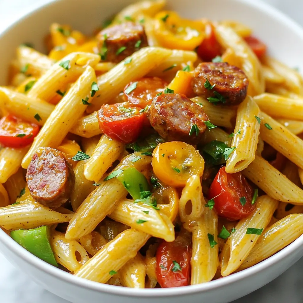 To make this dish, you need: - 12 oz penne pasta - 1 lb Andouille sausage, sliced - 1 medium onion, diced - 3 cloves garlic, minced - 1 red bell pepper, chopped - 1 green bell pepper, chopped - 2 cups chicken broth - 1 cup heavy cream - 2 tablespoons Cajun seasoning - 1 cup cherry tomatoes, halved - 1 teaspoon olive oil - Salt and pepper to taste - Fresh parsley, chopped (for garnish) These ingredients create a rich and flavorful dish. The Andouille sausage adds a nice kick. The bell peppers and tomatoes bring freshness. You can add or swap some ingredients to suit your taste: - Different pasta shapes like fusilli or rotini - A squeeze of lemon juice for brightness - Spinach or kale for added greens - Other proteins like shrimp or chicken - Extra cheese for creaminess and flavor Feel free to mix and match to make it your own. To prepare this dish, gather these tools: - Large pot or deep skillet - Cutting board - Sharp knife - Measuring cups and spoons - Stirring spoon or spatula These tools will help you cook smoothly. A good pot is key for even cooking. Enjoy your cooking journey! {{ingredient_image_1}} Start by heating the olive oil in a large pot over medium heat. Add the sliced Andouille sausage. Cook it until it turns brown, which takes about 5 to 7 minutes. This step gives the sausage a nice flavor. Once browned, take the sausage out and set it aside. In the same pot, add the diced onion next. Sauté the onion for about 3 minutes until it looks clear. After that, add the minced garlic, red bell pepper, and green bell pepper. Cook these veggies for another 2 to 3 minutes, stirring often. This adds great taste and color to your dish. Now, pour in 2 cups of chicken broth and bring it to a light simmer. This broth will cook the pasta and add depth to the flavor. Add the 12 oz of penne pasta and 2 tablespoons of Cajun seasoning. Stir everything well to mix it up. Cook the pasta in the broth for about 10 to 12 minutes. Stir it occasionally to stop it from sticking to the pot. You want the pasta to be al dente, which means it should be firm but not hard. Once the pasta is cooked, lower the heat and add in 1 cup of heavy cream and 1 cup of halved cherry tomatoes. Mix these ingredients until everything looks creamy and well combined. Then, put the cooked sausage back into the pot. Stir it all together until the sausage heats through. Season with salt and pepper to your taste. Let it sit for one minute before serving. This helps the flavors blend together. Enjoy your creamy Cajun sausage pasta! To stop pasta from sticking, you can use a few tricks. First, make sure you stir the pasta often while it cooks. This keeps it moving and prevents clumping. Second, use a large pot with plenty of water. The more space the pasta has, the less likely it will stick. Lastly, when you add the pasta to the pot, make sure the water is boiling. This helps it cook evenly and reduces sticking. You can easily change the spice level in your Cajun sausage pasta. If you like heat, add extra Cajun seasoning. Taste it as you go, so it suits your liking. If you prefer milder flavors, cut back on the seasoning. You can also remove the seeds from bell peppers for a less spicy dish. This way, you can enjoy the meal without it being too hot. For a creamy sauce, low heat is key. Once your pasta is cooked, lower the heat before adding cream. This helps prevent curdling. Stir the cream in slowly. This creates a rich and smooth texture. To enhance flavor, you can add cheese or herbs at the end. Mixing them in while the sauce is warm helps them melt and blend well. Pro Tips Use High-Quality Sausage: Opt for a good quality Andouille sausage for the best flavor. The better the sausage, the richer the dish will be. Don’t Overcook the Pasta: Keep an eye on the pasta while it cooks in the broth. You want it al dente to achieve the perfect texture. Add Spice Gradually: If you're unsure about the heat level, start with less Cajun seasoning and add more to taste. You can always add, but you can't take it out! Garnish for Flavor and Color: Fresh parsley not only adds a pop of color but also enhances the dish with freshness. Don't skip this step! {{image_2}} If you want a meat-free option, use plant-based sausages. These sausages mimic the taste and texture of Andouille. Choose a brand that has a spicy kick to keep that Cajun flavor alive. Cook them just like you would the meat sausage. This makes it easy to enjoy the creamy pasta without meat. You can still enjoy this dish if you need gluten-free pasta. Look for gluten-free penne made from rice, corn, or lentils. Cook it according to the package directions. The key is to add the broth and seasoning just like the regular recipe. This way, you still get that rich, creamy taste. Want to boost nutrition? Add more veggies to your pasta! Spinach, zucchini, or mushrooms work great. Just chop them up and add them when you sauté the onions and peppers. This adds color and flavor while making your meal healthier. You can even toss in some peas or broccoli for extra crunch. Store your leftover One-Pot Creamy Cajun Sausage Pasta in an airtight container. Make sure it cools down first before sealing it. This helps keep it fresh. You can keep it in the fridge for up to three days. If you want to save it longer, consider freezing it. When you reheat this dish, do it slowly. Use low heat on the stove or microwave. Add a splash of chicken broth or cream to help it stay creamy. Stir often to mix the sauce back in. This keeps each bite smooth and delicious. To freeze, portion your pasta into containers. Leave some space at the top because it expands. Label each container with the date. You can freeze it for up to three months. When you're ready to eat, thaw it in the fridge overnight before reheating. This keeps the flavor fresh and tasty. Yes, you can make this dish ahead of time. Cook it fully and let it cool. Store it in the fridge for up to three days. When you're ready to eat, reheat on low heat. Add a splash of chicken broth to keep it creamy. If you can’t find Andouille sausage, use any smoked sausage. Kielbasa or chorizo work well. For a lighter option, try turkey sausage. You can even use a plant-based sausage for a vegetarian twist. To cook pasta evenly, stir it often while it cooks. Make sure the pasta is fully submerged in the broth. Follow the package instructions for cooking times, but check for doneness a minute early. You want it al dente, which means firm to the bite. This blog post guided you through making a one-pot creamy Cajun sausage pasta. We covered essential ingredients, cooking steps, and helpful tips. You learned how to customize the dish and store leftovers. Remember, this meal is fun to make and offers many options. Enjoy your cooking, get creative, and impress with your tasty results. Make this dish your own, and share it with friends and family!