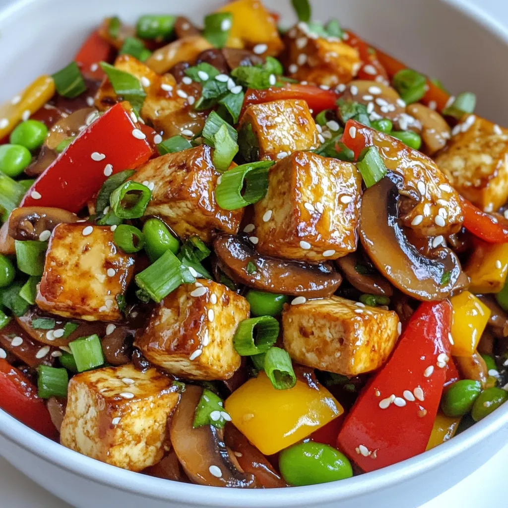 - 1 block of firm tofu, pressed and cubed - 2 cups assorted mushrooms (shiitake, cremini, oyster), sliced - 1 bell pepper (red or yellow), sliced - 1 cup snap peas - 3 green onions, chopped - 3 tablespoons soy sauce (or tamari for gluten-free) - 1 tablespoon sesame oil - 1 tablespoon olive oil - 2 cloves garlic, minced - 1 tablespoon ginger, grated - Sesame seeds for garnish - Salt and pepper to taste Gather these ingredients for a tasty Mushroom Tofu Stir Fry. The firm tofu gives a nice texture, while assorted mushrooms add rich flavors. Fresh vegetables like bell pepper and snap peas provide crunch and color. The garlic and ginger bring warmth, and the soy sauce or tamari adds depth. You can finish the dish with sesame seeds for a touch of flair. Make sure to adjust salt and pepper to your liking! {{ingredient_image_1}} - First, press the tofu to remove extra moisture. Wrap the tofu in a clean kitchen towel and place something heavy on top. Let it sit for about 15 minutes. - After pressing, cut the tofu into bite-sized cubes. This size helps it cook evenly. - Heat olive oil in a large skillet over medium-high heat. Once hot, add the cubed tofu. Cook until golden brown, about 5-7 minutes. Turn the cubes carefully to brown all sides. - Once golden, remove the tofu from the pan and set it aside on a plate. - In the same pan, add a little more olive oil if needed. Then, toss in minced garlic and grated ginger. Sauté for about 30 seconds until you smell the aroma. - Add the sliced mushrooms and bell pepper. Stir-fry for about 4-5 minutes. The mushrooms should become tender and the bell pepper slightly soft. - Next, add the snap peas. Stir-fry for another 2-3 minutes. The snap peas should turn bright green and stay crunchy. - Now, return the cooked tofu to the pan with the vegetables. - Pour in the soy sauce and sesame oil. Stir well to mix all the ingredients. - If you want a thicker sauce, add the cornstarch mixed with water. This will help thicken the sauce as you stir. - Season with salt and pepper to taste. Adjust as needed to get the flavor just right. - Finally, remove the pan from heat. Garnish with chopped green onions and sesame seeds before serving. Enjoy your colorful and tasty dish! Pressing tofu is key. It helps remove excess water. This step makes the tofu firmer and less watery. A good press allows for better flavor absorption. Use a tofu press or wrap it in a clean towel. Then, place a heavy object on top for 15 to 30 minutes. For crispiness, cook tofu in hot oil. Heat olive oil in a pan over medium-high heat. Add tofu cubes and let them sit without moving for a few minutes. This way, they brown nicely. Flip them after 5-7 minutes. You want a golden color all over. To boost flavors, try adding more seasonings. A dash of chili flakes adds heat. You can also use a splash of rice vinegar for tang. Fresh herbs like cilantro or basil brighten the dish. Toss them in just before serving for the best taste. Do not forget about sesame seeds. They add a nice crunch. Sprinkle them on top right before serving. This small touch can elevate your dish. Use a large skillet or wok for stir-frying. A non-stick surface works best for easy cleanup. A well-seasoned cast iron pan is another great option. High heat is important for frying. It helps cook veggies quickly while keeping them crisp. Preheat your pan before adding oil. This ensures even cooking and prevents sticking. Always keep your ingredients moving to avoid burning. Pro Tips Press the Tofu Properly: Ensure you press the tofu long enough to remove excess moisture, which helps it absorb flavors and achieve a crispy texture during cooking. Use Fresh Ingredients: Whenever possible, opt for fresh vegetables and mushrooms to enhance the flavor and nutritional value of your stir fry. Customize Your Veggies: Feel free to experiment with different vegetables based on your preference or what's in season, such as broccoli or carrots, for added variety. Sauce Adjustments: Adjust the amount of soy sauce based on your taste and dietary needs, and consider adding a splash of rice vinegar for added acidity. {{image_2}} You can swap tofu for chicken, shrimp, or tempeh. Chicken adds a nice flavor and cooks quickly. Shrimp cooks fast and adds a sweet taste. Tempeh offers a nutty flavor for a vegan option. - Chicken: Use bite-sized pieces. Cook until brown. - Shrimp: Add after sautéing garlic and ginger. Cook until pink. - Tempeh: Cut into thick slices. Cook until golden brown. If you want to change up the veggies, try broccoli, carrots, or bok choy. These add different textures and flavors. Seasonal vegetables work well too. - Broccoli: Cut into small florets. Stir-fry until bright green. - Carrots: Slice thinly for quick cooking. They add crunch. - Bok Choy: Cut into strips. Add toward the end for crispness. You can mix things up with sauces. Try teriyaki or garlic soy for different tastes. Adjust the spice level with chili paste for heat. - Teriyaki: Add for a sweet touch. Use the same amount as soy sauce. - Garlic soy: Mix in extra garlic for bold flavor. - Chili paste: Start with a small amount. Add more for heat. After enjoying your Mushroom Tofu Stir Fry, store leftovers in airtight containers. Glass containers work great for this. They keep your food fresh and allow you to see what's inside. Make sure the stir fry cools down before putting it in the fridge. This helps avoid moisture buildup, which can make the dish soggy. You can reheat your stir fry in two ways: microwave or stovetop. For the microwave, use a microwave-safe dish. Heat in short bursts to avoid overcooking. Stir halfway to ensure even heating. For stovetop reheating, add a little oil in a pan. Heat over medium until warm. This method keeps the tofu and veggies crispy, which is key! If you want to freeze the stir fry, let it cool first. Place it in freezer-safe bags or containers. Squeeze out excess air to prevent freezer burn. For tofu, it’s best to freeze it before cooking. This changes its texture, making it even more absorbent. After freezing, you can cook it directly from frozen or thaw it overnight in the fridge. Yes, you can make Mushroom Tofu Stir Fry in advance. To do this, cook the dish as you normally would. Once it cools, store it in a sealed container in the fridge. This keeps it fresh for up to three days. When you're ready to eat, just reheat it in a pan or microwave. Best practices for meal prep: - Cut and prep all vegetables ahead of time. - Cook the tofu and store it separately to keep it crispy. - Mix sauces in advance for easy use. Yes, this recipe can be gluten-free. To make it gluten-free, simply use tamari instead of soy sauce. Tamari is a great alternative and tastes similar. Always check other ingredients for gluten. Alternatives for soy sauce and ingredients: - Use coconut aminos for a soy-free option. - Ensure that your tofu is certified gluten-free. - Choose fresh vegetables that are naturally gluten-free. You can easily adjust the spice level to suit your taste. If you like it spicy, add chili flakes or sriracha. For a milder version, skip the heat or use a small amount. Suggestions for adding heat to the dish: - Add fresh chopped chili peppers while cooking. - Mix in a dash of hot sauce before serving. - Serve with a side of chili oil for drizzling. The stir-fry lasts for about three days in the fridge. After that, the quality may decrease. To enjoy it at its best, eat it within this time frame. Recommended duration before quality decreases: - Use within three days for best taste. - Store in airtight containers to prevent drying. - Reheat thoroughly before serving again. This recipe covered key ingredients like tofu, mushrooms, and fresh veggies. I shared step-by-step prep tips, cooking methods, and equipment to help you achieve tasty results. You can easily adjust flavors and mix in proteins or different vegetables. Finally, I provided storage tips to keep your meal fresh. Now, you can create a delicious and versatile stir-fry that suits your taste! Enjoy trying new combinations and making this dish your own.