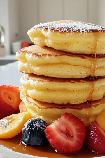 To make delicious Japanese soufflé pancakes, you need these simple ingredients: - 2 large eggs (separated) - 2 tablespoons granulated sugar (divided) - ½ teaspoon vanilla extract - 3 tablespoons milk - ¼ cup all-purpose flour - ½ teaspoon baking powder - A pinch of salt - Butter (for greasing) - Powdered sugar (for dusting) - Fresh fruit (for serving, optional) - Maple syrup (for serving, optional) These ingredients work together to create light, fluffy pancakes. The eggs play a key role. Separating them allows you to whip the whites into a meringue, giving the pancakes their airy structure. The sugar adds sweetness and helps with the meringue's stability. Vanilla extract brings a lovely flavor, while milk makes the batter creamy. Flour and baking powder contribute to the pancake's rise. A pinch of salt balances the sweetness. Greasing the pan with butter ensures the pancakes cook evenly. Finally, powdered sugar and fresh fruit make for a beautiful and tasty presentation. Don’t forget the maple syrup; it adds a rich sweetness that pairs perfectly! - Start by separating the egg whites from the yolks. - In a bowl, whisk the egg whites until soft peaks form. - Gradually add 1 tablespoon of sugar while whisking. - Whisk until the meringue is stiff and shiny. Set this aside. - In another bowl, whisk the egg yolks with the other tablespoon of sugar. - Add vanilla extract and milk, mixing until smooth. - Sift in the flour, baking powder, and salt. Stir gently to combine. - Take a spatula and fold one-third of the meringue into the yolk mixture. - Be gentle to keep the batter light and airy. - Carefully fold in the rest of the meringue until no white streaks show. - Ensure the batter stays fluffy. - Heat a non-stick skillet over low heat and add a little butter to grease it. - Use a ring mold to pour ¼ of the batter into the mold. - Cover the skillet with a lid and cook for about 4-5 minutes. - Check for a golden brown bottom before flipping. - Carefully remove the ring mold and flip the pancake. - Cover again and cook for another 4-5 minutes. - Repeat with the remaining batter, greasing the skillet as needed. Using room temperature eggs is key. They mix better with other ingredients. Cold eggs can make the batter dense. To fold in the egg whites, use a spatula. Be gentle and don’t stir too hard. You want to keep that air in the batter. This helps the pancakes rise high and stay fluffy. Keep your skillet on low heat. Too high of a temperature burns the pancakes. A non-stick skillet works best for easy flipping. Use a ring mold to shape the pancakes. This ensures they cook evenly and hold their shape. When dusting with powdered sugar, use a fine sieve. This gives a light, even coating. For a beautiful stack, layer the pancakes gently. Add fresh fruit between the layers for color. Drizzle maple syrup on top for a sweet finish. {{image_2}} You can change the taste of your Japanese soufflé pancakes easily. Here are two fun options: - Matcha soufflé pancakes: Add 1-2 teaspoons of matcha powder to the batter. This gives your pancakes a lovely green color and a rich, earthy flavor. - Chocolate soufflé pancakes: Mix in 2 tablespoons of cocoa powder. This will make your pancakes sweet and chocolatey, perfect for dessert lovers. If you have special dietary needs, you can still enjoy these pancakes. - Gluten-free options: Use gluten-free flour instead of all-purpose flour. The pancakes will still be soft and delicious. - Vegan alternatives: Replace eggs with aquafaba, the liquid from canned chickpeas. Use plant-based milk for a tasty vegan version. You can also make your pancakes fit the seasons. - Pumpkin spice for fall: Add 1 teaspoon of pumpkin spice to the batter. This adds a warm, cozy flavor, perfect for autumn. - Fresh berries for summer: Top your pancakes with fresh berries like strawberries or blueberries. They add color and a burst of flavor to your dish. Store your cooked pancakes in the fridge. Place them in an airtight container. This keeps them fresh for about two days. When you want to enjoy them again, reheat carefully. Heat them in a non-stick skillet over low heat. This keeps them fluffy. You can also use the microwave. Place a damp paper towel over the pancakes. Heat in short bursts until warm. For leftover ingredients, store them properly. Keep egg whites and yolks in separate containers. Seal them tight to avoid drying. For milk, use a sealed bottle or jar. Store flour in a cool, dry place. It stays fresh longer. Check your baking powder's expiration date. Replace it if it’s old to ensure your pancakes rise well. To freeze pancakes, let them cool completely. Stack them with parchment paper between each pancake. Place the stack in a freezer bag. Squeeze out as much air as possible before sealing. They can stay frozen for up to a month. When you’re ready to eat, thaw overnight in the fridge. Reheat in the skillet or microwave. Enjoy your fluffy pancakes anytime! Japanese soufflé pancakes stand out because they are light and fluffy. Unlike traditional pancakes, which are flat and dense, these pancakes rise high and have a soft texture. The secret lies in separating the eggs. You whip the egg whites into a meringue. This adds air and creates that unique fluffiness. Traditional pancakes use a batter that does not require this step, making them denser. Yes, you can prep some parts ahead. You can separate the eggs and store the yolks and whites in the fridge. You can also sift the dry ingredients and mix them in a bowl. This way, you save time when you are ready to cook. However, I recommend making the pancakes fresh for the best fluffiness. Toppings can really enhance your pancakes. Here are some great ideas: - Fresh fruit like berries or bananas - Maple syrup for sweetness - Whipped cream for a rich touch - A dusting of powdered sugar for a lovely look You can mix and match these for a fun treat! You now have the full guide to making fluffy Japanese soufflé pancakes. From the ingredients to the cooking tips, you can create a delicious treat. Remember to use fresh ingredients for the best flavor and texture. Don't forget to experiment with various toppings and flavors to make these pancakes your own. Each bite should be a delight. Enjoy this fun cooking adventure, and impress everyone with your tasty creation!