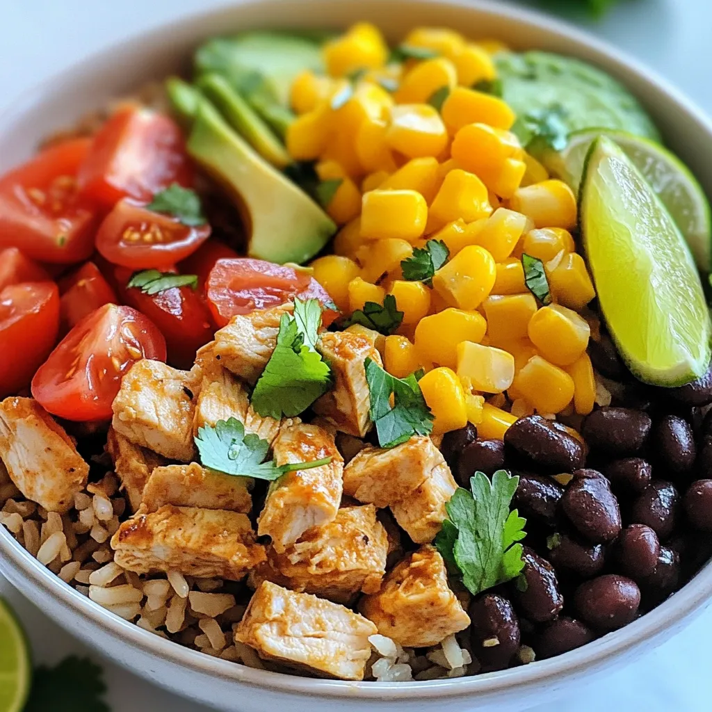 - 2 cups cooked brown rice - 1 lb boneless chicken breast, diced - 1 can (15 oz) black beans, rinsed and drained - 1 cup corn (fresh or frozen) - 1 red bell pepper, diced - 1 small red onion, finely chopped - 1 avocado, diced - 1 cup cherry tomatoes, halved - ½ cup shredded cheese (cheddar or Mexican blend) - ¼ cup fresh cilantro, chopped - Juice of 1 lime - 2 tablespoons olive oil - 1 tablespoon chili powder - 1 teaspoon cumin - Salt and pepper to taste - Sour cream - Salsa - Jalapeños A serving of this chicken burrito bowl is packed with nutrients. It offers protein from chicken and beans. The brown rice adds fiber to keep you full. Plus, the veggies and avocado provide vitamins and healthy fats. One bowl contains about 500 calories, depending on your toppings. This dish is balanced, tasty, and a great choice for a healthy meal. {{ingredient_image_1}} Start by gathering your diced chicken breast. Place it in a large bowl. Add 2 tablespoons of olive oil. Then, sprinkle in 1 tablespoon of chili powder. Next, add 1 teaspoon of cumin. Don't forget to squeeze in the juice of 1 lime. Season with salt and pepper to taste. Mix everything well to coat the chicken evenly. Let it marinate for 15 minutes. This step adds a lot of flavor. While the chicken marinates, heat a skillet over medium heat. Once hot, add the marinated chicken. Cook it for about 6-8 minutes. Stir often until it turns golden brown and is fully cooked. Check that the inside is no longer pink. Once done, remove the chicken from heat and set it aside. Now, take individual serving bowls. Layer 2 cups of cooked brown rice as the base. On top of the rice, add the cooked chicken. Then, add 1 can of rinsed black beans. Next, include 1 cup of corn and the diced red bell pepper. Toss in the halved cherry tomatoes for color. Don't forget the diced avocado. Lastly, sprinkle ½ cup of shredded cheese on top. For a fresh touch, add ¼ cup of chopped cilantro. Serve with lime juice and optional toppings like sour cream or salsa. Enjoy your delicious burrito bowl! To cook chicken just right, start with fresh, boneless chicken breast. Cut the chicken into small, even pieces. This helps it cook evenly. Use a skillet and heat it over medium heat. Add some olive oil. Once the oil is hot, add the marinated chicken. Cook it for about 6-8 minutes. Stir it often. Look for a golden-brown color and no pink inside. Use a meat thermometer to check. It should read 165°F to be safe. To boost the flavor of your burrito bowl, try these tips: - Marinate the chicken longer, if you can. This adds more taste. - Add fresh herbs like cilantro or parsley before serving. - Squeeze extra lime juice on top for a zesty kick. - Consider adding spices like smoked paprika or garlic powder for depth. - Mix in some diced jalapeños if you like heat. When serving your chicken burrito bowl, think about layering. Start with a base of brown rice. Then, pile on the cooked chicken and beans. Add corn and colorful veggies. Top with diced avocado and cheese. For a fun twist, serve with tortilla chips on the side. You can also offer toppings like sour cream or salsa. These extras let everyone customize their bowl! Pro Tips Marinate for Flavor: Allow the chicken to marinate for at least 30 minutes or even overnight for a deeper flavor profile. Rice Cooking Tip: Use vegetable or chicken broth instead of water when cooking the brown rice to enhance its flavor. Fresh Ingredients: Opt for fresh vegetables when possible, as they provide better texture and flavor compared to frozen ones. Customizable Bowls: Feel free to add other toppings like diced jalapeños, olives, or different types of cheese to personalize your burrito bowl. {{image_2}} You can easily swap the chicken with veggies or tofu. Use two cups of mixed veggies like zucchini and mushrooms instead. This keeps the bowl filling and tasty. Adding black beans gives protein, while quinoa boosts the fiber. Top with avocado and cheese for creaminess. You can change the flavors to suit your taste. For a smoky touch, add smoked paprika or chipotle powder. If you like heat, toss in some jalapeños or hot sauce. For a fresh twist, mix in lime zest or fresh herbs like basil. Feel free to mix and match your ingredients. Instead of brown rice, use quinoa or cauliflower rice for a lighter option. Swap black beans for pinto or chickpeas based on what you have. You can also choose different cheeses like feta or pepper jack for unique flavors. To store leftovers, let the chicken burrito bowl cool down first. Use an airtight container to keep the food fresh. Place the chicken, rice, and toppings in separate containers. This helps maintain their taste and texture. Store them in the fridge for up to three days. If you mix everything, it may not taste as good later. If you want to freeze the burrito bowl, it’s best to separate the ingredients. Cooked chicken and rice freeze well. Place them in freezer-safe bags or containers. Make sure to remove as much air as possible to stop freezer burn. You can store them in the freezer for up to three months. Toppings like avocado and tomatoes do not freeze well, so add them fresh when you serve. To reheat your bowl, take it out of the fridge or freezer. If you froze it, let it thaw in the fridge overnight. For best results, heat the chicken and rice in a skillet over medium heat. Stir often until it warms up. You can also use a microwave, but be careful not to overheat. Add fresh toppings like avocado and cheese just before serving. This keeps everything tasty and fresh. Yes, you can use white rice instead of brown rice. White rice cooks faster and has a softer texture. Just remember to adjust the cooking time for the rice. You want it fluffy, not sticky. Both options taste great with the other ingredients. To spice up your Chicken Burrito Bowl, add more chili powder. You can also use fresh jalapeños or spicy salsa. Another option is to mix in hot sauce. Start with a little, then taste and add more if you want more heat. This way, you control the spice level. Yes, this Chicken Burrito Bowl is perfect for meal prep. You can cook everything in advance and store it in separate containers. Keep the rice, chicken, and toppings separate until you are ready to eat. This helps keep everything fresh and tasty for days. This blog post covered how to make a Chicken Burrito Bowl. We went over the key ingredients, step-by-step cooking, and optional toppings to enhance flavor. I shared tips for perfect chicken and creative variations for different diets. Don't forget about storing leftovers properly. By following these steps, you can enjoy a tasty and healthy meal anytime. Embrace these tips to make your cooking fun and delicious. Enjoy making your own Burrito Bowl today.