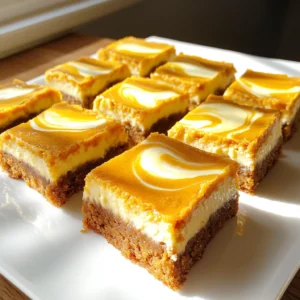 - 1 cup unsalted butter, softened - 1 cup brown sugar, packed - 1/2 cup granulated sugar - 1 large egg - 1 teaspoon vanilla extract - 2 cups all-purpose flour - 1 teaspoon baking powder - 1 teaspoon baking soda - 1 teaspoon ground cinnamon - 1/2 teaspoon ground nutmeg - 1/4 teaspoon salt - 1 cup pure pumpkin puree - 8 oz cream cheese, softened - 1/2 cup granulated sugar - 1 large egg - 1 teaspoon vanilla extract - 1 tablespoon all-purpose flour - 1/2 teaspoon ground cinnamon You can add some fun toppings to make your bars even better. Here are some ideas: - Whipped cream for a creamy touch - A sprinkle of cinnamon for extra flavor - Chopped nuts for a crunchy bite - Chocolate chips for a sweet twist These ingredients come together to create a delightful treat. Each layer adds its own unique flavor, making every bite a joy. The pumpkin cookie layer is soft and spiced just right. The cheesecake layer is creamy and rich. You will love how these two layers blend beautifully. First, preheat your oven to 350°F (175°C). This step is key for even baking. You can grease a 9x13 inch baking pan or line it with parchment paper. This makes it easier to lift out the bars later. In a large bowl, cream together 1 cup of softened unsalted butter, 1 cup of packed brown sugar, and 1/2 cup of granulated sugar. Mix until it is light and fluffy. Next, beat in 1 large egg and 1 teaspoon of vanilla extract. Make sure everything blends well. In another bowl, whisk together 2 cups of all-purpose flour, 1 teaspoon of baking powder, 1 teaspoon of baking soda, 1 teaspoon of ground cinnamon, 1/2 teaspoon of ground nutmeg, and 1/4 teaspoon of salt. Gradually add this dry mix to the wet ingredients. Stir until just combined. Finally, fold in 1 cup of pure pumpkin puree until mixed evenly. In a separate bowl, beat 8 ounces of softened cream cheese until it is smooth. Add 1/2 cup of granulated sugar and keep mixing until combined. Then, add 1 large egg, 1 teaspoon of vanilla extract, and 1 tablespoon of all-purpose flour. Mix until smooth. Lastly, stir in 1/2 teaspoon of ground cinnamon. Pour the pumpkin cookie mixture into your prepared baking pan. Spread it evenly. Then, dollop the cheesecake mixture over the pumpkin layer. Use a spatula or the back of a spoon to gently swirl the cheesecake into the pumpkin layer. This creates a nice marbled look. Bake in your preheated oven for 30 to 35 minutes. The edges should be set, but the center may jiggle slightly. Let the bars cool in the pan on a wire rack. Once cooled, refrigerate the bars for at least 2 hours. This helps the layers set properly. When ready, cut the bars into squares. They taste great on their own, or you can add a dollop of whipped cream or a sprinkle of cinnamon on top for extra flair. To make these bars soft and chewy, use softened butter. Cream the butter and sugars well. This helps to trap air and gives a light texture. Mix the dry ingredients separately first. This prevents clumps in your dough. When you fold in the pumpkin puree, keep it gentle. Over-mixing can make the bars tough. One common mistake is using cold butter. It won’t cream well and affects the texture. Don’t skip the chilling step after baking. Chilling helps the layers firm up and makes slicing easier. Another mistake is baking too long. Check the bars at 30 minutes. You want the center to jiggle slightly. This will set as they cool. When you spread the cookie base, make it even. Use a spatula to smooth it out. For the cheesecake layer, dollop it in spots. Then gently swirl it with a spatula. This creates a beautiful marbled look. Don’t rush this step; it adds to the visual appeal. Aim for a mix of pumpkin and cheesecake in each bite. {{image_2}} You can easily make these cookie bars gluten-free. Start by swapping out all-purpose flour with a gluten-free blend. Look for a mix that works well in baking. Brands like Bob's Red Mill or King Arthur Flour offer good options. This change keeps the texture while making your bars safe for those with gluten issues. To create a vegan version, you can replace a few key ingredients. Use vegan butter instead of regular butter. For the egg, substitute with a flax egg or applesauce. For the cream cheese layer, choose a plant-based cream cheese. This keeps the flavors and textures intact while making it vegan-friendly. You can customize your cookie bars with fun mix-ins. Consider adding chocolate chips or nuts for extra crunch. You could also fold in dried cranberries or chopped pecans. For a spiced twist, add a bit more cinnamon or a pinch of ginger. These changes let you make the bars your own. To keep your cookie bars fresh, store them in an airtight container. Place parchment paper between layers to prevent sticking. Keep them in the fridge for the best taste and texture. They will stay fresh for up to one week. You can freeze these bars for later enjoyment. First, let them cool completely. Cut them into squares, then wrap each piece tightly in plastic wrap. Place the wrapped bars in a freezer-safe bag or container. They will last for about three months in the freezer. When you're ready to eat, simply thaw them in the fridge overnight. These bars have a good shelf life. In the fridge, they last for about a week. In the freezer, they stay fresh for three months. Look for signs of spoilage like mold or an off smell. If they feel dry or crumbly, it's best to toss them. Enjoy these delicious treats while they're at their best! Yes, you can use fresh pumpkin. First, you need to cook it. Cut the pumpkin, remove the seeds, and bake it until soft. Then, scoop out the flesh and mash it well. Make sure to remove any extra water. This way, your bars will stay moist and tasty. To check if the bars are done, look for the edges. They should be firm and set. The center may jiggle a little, and that’s okay. A toothpick can help too. Insert it into the center. If it comes out clean or with just a few crumbs, your bars are ready! These bars are great on their own! But you can add more fun. Serve them with whipped cream or a sprinkle of cinnamon. You can also drizzle some caramel sauce on top. It adds a sweet touch. Ice cream is also a great choice for a cozy dessert. You can replace cream cheese with Greek yogurt for a lighter option. It will change the taste a bit, but it still works. Silken tofu is another choice for a dairy-free version. Just blend it well until smooth. In this post, I covered how to make delicious Pumpkin Cheesecake Cookie Bars. We looked at ingredients for both layers and optional toppings. I provided step-by-step instructions to preheat, make, assemble, and chill. You learned tips for great texture and common mistakes to avoid. I also shared storage info and ways to customize the recipe. These bars are a treat for any occasion. Enjoy baking and sharing them with others!