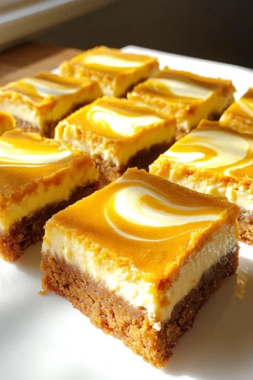 - 1 cup unsalted butter, softened - 1 cup brown sugar, packed - ½ cup granulated sugar - 1 large egg - 1 teaspoon vanilla extract - 2 cups all-purpose flour - 1 teaspoon baking powder - 1 teaspoon baking soda - 1 teaspoon ground cinnamon - ½ teaspoon ground nutmeg - ¼ teaspoon salt - 1 cup pure pumpkin puree - 8 oz cream cheese, softened - ½ cup granulated sugar - 1 large egg - 1 teaspoon vanilla extract - 1 tablespoon all-purpose flour - ½ teaspoon ground cinnamon You can add some fun toppings to make your bars even better. Here are some ideas: - Whipped cream for a creamy touch - A sprinkle of cinnamon for extra flavor - Chopped nuts for a crunchy bite - Chocolate chips for a sweet twist These ingredients come together to create a delightful treat. Each layer adds its own unique flavor, making every bite a joy. The pumpkin cookie layer is soft and spiced just right. The cheesecake layer is creamy and rich. You will love how these two layers blend beautifully. First, preheat your oven to 350°F (175°C). This step is key for even baking. You can grease a 9x13 inch baking pan or line it with parchment paper. This makes it easier to lift out the bars later. In a large bowl, cream together 1 cup of softened unsalted butter, 1 cup of packed brown sugar, and ½ cup of granulated sugar. Mix until it is light and fluffy. Next, beat in 1 large egg and 1 teaspoon of vanilla extract. Make sure everything blends well. In another bowl, whisk together 2 cups of all-purpose flour, 1 teaspoon of baking powder, 1 teaspoon of baking soda, 1 teaspoon of ground cinnamon, ½ teaspoon of ground nutmeg, and ¼ teaspoon of salt. Gradually add this dry mix to the wet ingredients. Stir until just combined. Finally, fold in 1 cup of pure pumpkin puree until mixed evenly. In a separate bowl, beat 8 ounces of softened cream cheese until it is smooth. Add ½ cup of granulated sugar and keep mixing until combined. Then, add 1 large egg, 1 teaspoon of vanilla extract, and 1 tablespoon of all-purpose flour. Mix until smooth. Lastly, stir in ½ teaspoon of ground cinnamon. Pour the pumpkin cookie mixture into your prepared baking pan. Spread it evenly. Then, dollop the cheesecake mixture over the pumpkin layer. Use a spatula or the back of a spoon to gently swirl the cheesecake into the pumpkin layer. This creates a nice marbled look. Bake in your preheated oven for 30 to 35 minutes. The edges should be set, but the center may jiggle slightly. Let the bars cool in the pan on a wire rack. Once cooled, refrigerate the bars for at least 2 hours. This helps the layers set properly. When ready, cut the bars into squares. They taste great on their own, or you can add a dollop of whipped cream or a sprinkle of cinnamon on top for extra flair. To make these bars soft and chewy, use softened butter. Cream the butter and sugars well. This helps to trap air and gives a light texture. Mix the dry ingredients separately first. This prevents clumps in your dough. When you fold in the pumpkin puree, keep it gentle. Over-mixing can make the bars tough. One common mistake is using cold butter. It won’t cream well and affects the texture. Don’t skip the chilling step after baking. Chilling helps the layers firm up and makes slicing easier. Another mistake is baking too long. Check the bars at 30 minutes. You want the center to jiggle slightly. This will set as they cool. When you spread the cookie base, make it even. Use a spatula to smooth it out. For the cheesecake layer, dollop it in spots. Then gently swirl it with a spatula. This creates a beautiful marbled look. Don’t rush this step; it adds to the visual appeal. Aim for a mix of pumpkin and cheesecake in each bite. {{image_2}} You can easily make these cookie bars gluten-free. Start by swapping out all-purpose flour with a gluten-free blend. Look for a mix that works well in baking. Brands like Bob's Red Mill or King Arthur Flour offer good options. This change keeps the texture while making your bars safe for those with gluten issues. To create a vegan version, you can replace a few key ingredients. Use vegan butter instead of regular butter. For the egg, substitute with a flax egg or applesauce. For the cream cheese layer, choose a plant-based cream cheese. This keeps the flavors and textures intact while making it vegan-friendly. You can customize your cookie bars with fun mix-ins. Consider adding chocolate chips or nuts for extra crunch. You could also fold in dried cranberries or chopped pecans. For a spiced twist, add a bit more cinnamon or a pinch of ginger. These changes let you make the bars your own. To keep your cookie bars fresh, store them in an airtight container. Place parchment paper between layers to prevent sticking. Keep them in the fridge for the best taste and texture. They will stay fresh for up to one week. You can freeze these bars for later enjoyment. First, let them cool completely. Cut them into squares, then wrap each piece tightly in plastic wrap. Place the wrapped bars in a freezer-safe bag or container. They will last for about three months in the freezer. When you're ready to eat, simply thaw them in the fridge overnight. These bars have a good shelf life. In the fridge, they last for about a week. In the freezer, they stay fresh for three months. Look for signs of spoilage like mold or an off smell. If they feel dry or crumbly, it's best to toss them. Enjoy these delicious treats while they're at their best! Yes, you can use fresh pumpkin. First, you need to cook it. Cut the pumpkin, remove the seeds, and bake it until soft. Then, scoop out the flesh and mash it well. Make sure to remove any extra water. This way, your bars will stay moist and tasty. To check if the bars are done, look for the edges. They should be firm and set. The center may jiggle a little, and that’s okay. A toothpick can help too. Insert it into the center. If it comes out clean or with just a few crumbs, your bars are ready! These bars are great on their own! But you can add more fun. Serve them with whipped cream or a sprinkle of cinnamon. You can also drizzle some caramel sauce on top. It adds a sweet touch. Ice cream is also a great choice for a cozy dessert. You can replace cream cheese with Greek yogurt for a lighter option. It will change the taste a bit, but it still works. Silken tofu is another choice for a dairy-free version. Just blend it well until smooth. In this post, I covered how to make delicious Pumpkin Cheesecake Cookie Bars. We looked at ingredients for both layers and optional toppings. I provided step-by-step instructions to preheat, make, assemble, and chill. You learned tips for great texture and common mistakes to avoid. I also shared storage info and ways to customize the recipe. These bars are a treat for any occasion. Enjoy baking and sharing them with others!