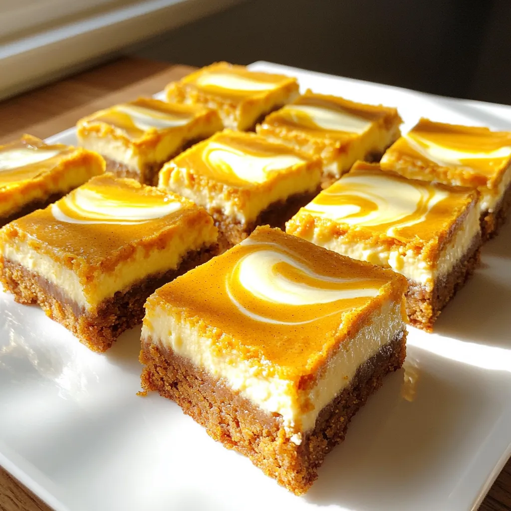 - 1 cup unsalted butter, softened - 1 cup brown sugar, packed - ½ cup granulated sugar - 1 large egg - 1 teaspoon vanilla extract - 2 cups all-purpose flour - 1 teaspoon baking powder - 1 teaspoon baking soda - 1 teaspoon ground cinnamon - ½ teaspoon ground nutmeg - ¼ teaspoon salt - 1 cup pure pumpkin puree - 8 oz cream cheese, softened - ½ cup granulated sugar - 1 large egg - 1 teaspoon vanilla extract - 1 tablespoon all-purpose flour - ½ teaspoon ground cinnamon You can add some fun toppings to make your bars even better. Here are some ideas: - Whipped cream for a creamy touch - A sprinkle of cinnamon for extra flavor - Chopped nuts for a crunchy bite - Chocolate chips for a sweet twist These ingredients come together to create a delightful treat. Each layer adds its own unique flavor, making every bite a joy. The pumpkin cookie layer is soft and spiced just right. The cheesecake layer is creamy and rich. You will love how these two layers blend beautifully. First, preheat your oven to 350°F (175°C). This step is key for even baking. You can grease a 9x13 inch baking pan or line it with parchment paper. This makes it easier to lift out the bars later. In a large bowl, cream together 1 cup of softened unsalted butter, 1 cup of packed brown sugar, and ½ cup of granulated sugar. Mix until it is light and fluffy. Next, beat in 1 large egg and 1 teaspoon of vanilla extract. Make sure everything blends well. In another bowl, whisk together 2 cups of all-purpose flour, 1 teaspoon of baking powder, 1 teaspoon of baking soda, 1 teaspoon of ground cinnamon, ½ teaspoon of ground nutmeg, and ¼ teaspoon of salt. Gradually add this dry mix to the wet ingredients. Stir until just combined. Finally, fold in 1 cup of pure pumpkin puree until mixed evenly. In a separate bowl, beat 8 ounces of softened cream cheese until it is smooth. Add ½ cup of granulated sugar and keep mixing until combined. Then, add 1 large egg, 1 teaspoon of vanilla extract, and 1 tablespoon of all-purpose flour. Mix until smooth. Lastly, stir in ½ teaspoon of ground cinnamon. Pour the pumpkin cookie mixture into your prepared baking pan. Spread it evenly. Then, dollop the cheesecake mixture over the pumpkin layer. Use a spatula or the back of a spoon to gently swirl the cheesecake into the pumpkin layer. This creates a nice marbled look. Bake in your preheated oven for 30 to 35 minutes. The edges should be set, but the center may jiggle slightly. Let the bars cool in the pan on a wire rack. Once cooled, refrigerate the bars for at least 2 hours. This helps the layers set properly. When ready, cut the bars into squares. They taste great on their own, or you can add a dollop of whipped cream or a sprinkle of cinnamon on top for extra flair. To make these bars soft and chewy, use softened butter. Cream the butter and sugars well. This helps to trap air and gives a light texture. Mix the dry ingredients separately first. This prevents clumps in your dough. When you fold in the pumpkin puree, keep it gentle. Over-mixing can make the bars tough. One common mistake is using cold butter. It won’t cream well and affects the texture. Don’t skip the chilling step after baking. Chilling helps the layers firm up and makes slicing easier. Another mistake is baking too long. Check the bars at 30 minutes. You want the center to jiggle slightly. This will set as they cool. When you spread the cookie base, make it even. Use a spatula to smooth it out. For the cheesecake layer, dollop it in spots. Then gently swirl it with a spatula. This creates a beautiful marbled look. Don’t rush this step; it adds to the visual appeal. Aim for a mix of pumpkin and cheesecake in each bite. {{image_2}} You can easily make these cookie bars gluten-free. Start by swapping out all-purpose flour with a gluten-free blend. Look for a mix that works well in baking. Brands like Bob's Red Mill or King Arthur Flour offer good options. This change keeps the texture while making your bars safe for those with gluten issues. To create a vegan version, you can replace a few key ingredients. Use vegan butter instead of regular butter. For the egg, substitute with a flax egg or applesauce. For the cream cheese layer, choose a plant-based cream cheese. This keeps the flavors and textures intact while making it vegan-friendly. You can customize your cookie bars with fun mix-ins. Consider adding chocolate chips or nuts for extra crunch. You could also fold in dried cranberries or chopped pecans. For a spiced twist, add a bit more cinnamon or a pinch of ginger. These changes let you make the bars your own. To keep your cookie bars fresh, store them in an airtight container. Place parchment paper between layers to prevent sticking. Keep them in the fridge for the best taste and texture. They will stay fresh for up to one week. You can freeze these bars for later enjoyment. First, let them cool completely. Cut them into squares, then wrap each piece tightly in plastic wrap. Place the wrapped bars in a freezer-safe bag or container. They will last for about three months in the freezer. When you're ready to eat, simply thaw them in the fridge overnight. These bars have a good shelf life. In the fridge, they last for about a week. In the freezer, they stay fresh for three months. Look for signs of spoilage like mold or an off smell. If they feel dry or crumbly, it's best to toss them. Enjoy these delicious treats while they're at their best! Yes, you can use fresh pumpkin. First, you need to cook it. Cut the pumpkin, remove the seeds, and bake it until soft. Then, scoop out the flesh and mash it well. Make sure to remove any extra water. This way, your bars will stay moist and tasty. To check if the bars are done, look for the edges. They should be firm and set. The center may jiggle a little, and that’s okay. A toothpick can help too. Insert it into the center. If it comes out clean or with just a few crumbs, your bars are ready! These bars are great on their own! But you can add more fun. Serve them with whipped cream or a sprinkle of cinnamon. You can also drizzle some caramel sauce on top. It adds a sweet touch. Ice cream is also a great choice for a cozy dessert. You can replace cream cheese with Greek yogurt for a lighter option. It will change the taste a bit, but it still works. Silken tofu is another choice for a dairy-free version. Just blend it well until smooth. In this post, I covered how to make delicious Pumpkin Cheesecake Cookie Bars. We looked at ingredients for both layers and optional toppings. I provided step-by-step instructions to preheat, make, assemble, and chill. You learned tips for great texture and common mistakes to avoid. I also shared storage info and ways to customize the recipe. These bars are a treat for any occasion. Enjoy baking and sharing them with others!