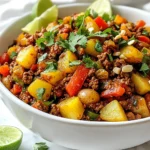 - 1 lb ground beef - 1 medium onion, chopped - 2 cloves garlic, minced - 1 small red bell pepper, diced - 1 small green bell pepper, diced - 1 cup diced potatoes - 1 cup diced carrots - 1 cup peas (fresh or frozen) - 1 tomato, diced - 1 teaspoon cumin - 1 teaspoon oregano - ½ teaspoon cinnamon - Salt and pepper to taste - 2 tablespoon tomato paste - 2 cups beef broth - Olive oil for sautéing To make great Mexican Picadillo, you need some key ingredients. The ground beef gives it flavor and protein. Onions and garlic add depth. The bell peppers bring color and sweetness. Potatoes and carrots add texture. Peas give a nice pop of green. Spices are essential too. Cumin and oregano provide warmth. A hint of cinnamon adds a unique kick. Salt and pepper enhance all the flavors. Tomato paste and beef broth help create a thick, rich sauce. - ¼ cup raisins (optional, for sweetness) - ¼ cup slivered almonds (optional, for crunch) You can add raisins for a touch of sweetness. Slivered almonds give a nice crunch to the dish. These ingredients are not needed, but they can add fun flavors. - Rice or tortillas - Fresh cilantro and lime wedges for garnish Serve your Picadillo with rice or tortillas for a complete meal. Fresh cilantro adds brightness, while lime wedges bring a zesty kick. These accompaniments make every bite more enjoyable! {{ingredient_image_1}} - Heat 1 tablespoon of olive oil in a large skillet over medium heat. - Add 1 chopped onion, 2 minced garlic cloves, and 1 small diced red bell pepper and 1 small diced green bell pepper. Sauté for 5 minutes until soft. - Increase the heat to medium-high and add 1 pound of ground beef. Cook until it is browned, breaking it up with a spatula. Drain any excess fat if needed. - Stir in 1 cup of diced potatoes, 1 cup of diced carrots, and 1 cup of peas. Sauté for another 5 minutes. - Add 1 diced tomato, and if you like, ¼ cup of raisins and ¼ cup of slivered almonds. Mix well. - Sprinkle in 1 teaspoon of cumin, 1 teaspoon of oregano, and ½ teaspoon of cinnamon. Stir to coat the mixture evenly with spices. - Add 2 tablespoons of tomato paste and pour in 2 cups of beef broth. Bring everything to a simmer. - Cover the skillet, lower the heat, and let it cook for 30 minutes. Stir occasionally. The mixture will thicken and the flavors will mix well. - Taste the Picadillo and adjust the seasoning with salt and pepper as needed. - Serve warm with rice or tortillas. Garnish with fresh cilantro and lime wedges for extra flavor. To ensure even cooking of vegetables, start with small, uniform pieces. This helps them cook at the same rate. Sauté the onions and garlic first, letting their flavors bloom before adding bell peppers. Stir often, so nothing burns. For properly browning ground beef, use a hot skillet. Break it into small pieces as it cooks. Let it sit without stirring for a bit to get a nice brown color. Drain excess fat only if needed. This keeps the meat juicy. To enhance the flavors, consider adjusting spices. If you like more heat, add cayenne pepper or chili powder. For a deeper flavor, try smoked paprika. You can also play with the amount of cumin and oregano based on your taste. If fresh ingredients are hard to find, use frozen or canned. Frozen peas work well and save prep time. Canned tomatoes can replace fresh ones. Just drain them to avoid too much liquid in the dish. The best serving style for Picadillo is in deep bowls. This helps keep the dish warm and adds a nice touch. Serve it with a scoop of rice or warm tortillas on the side. For garnishing, fresh cilantro and lime wedges add color and brightness. Sprinkle cilantro on top before serving. A few lime wedges on the side give your guests a choice for extra zing. Pro Tips Use Fresh Herbs: Fresh cilantro adds a vibrant flavor and freshness that elevates the dish. Add it just before serving for the best taste. Adjust the Sweetness: If you prefer a sweeter picadillo, increase the amount of raisins or add a pinch of sugar to balance the flavors. Experiment with Proteins: Ground turkey or chicken can be used as a lighter alternative to beef, while still maintaining the essence of the dish. Perfect Cooking Time: Allowing the dish to simmer longer can enhance the flavor profile, as it allows the spices to meld beautifully. {{image_2}} Picadillo changes from one region in Mexico to another. In the north, cooks may use beef or even goat. In the south, you might find pork or chicken blends. Each area adds its flair. For example, some regions like to add olives or capers. Others prefer a sweeter touch with pineapple or plantains. These local flavors make each picadillo unique. Not everyone eats meat, and that's okay! You can make a tasty vegetarian or vegan picadillo. Instead of ground beef, try lentils or black beans. They give you protein and a nice texture. You can also use mushrooms for a meaty feel. For gluten-free options, make sure to use gluten-free broth and skip any sauces with gluten. If you want to switch things up, you have options! Ground turkey or chicken works well in place of beef. They are lighter but still delicious. You can also swap out veggies for what's in season. Try using zucchini or squash instead of potatoes. This not only enhances flavor but also adds nutrients. Don’t hesitate to get creative with your picadillo! After making Mexican Picadillo, store leftovers in an airtight container. Place it in the fridge within two hours of cooking. This keeps it safe and tasty. It will last up to four days in the fridge. When reheating, use a skillet or microwave. Stir the mix often to heat it evenly. Add a splash of broth if it seems dry. For longer storage, freeze Picadillo in a freezer-safe container. Make sure to leave some space at the top for it to expand. It can stay fresh for up to three months in the freezer. When you're ready to eat, thaw it overnight in the fridge. Reheat it on the stove or in the microwave. Stir well to ensure even heating. Picadillo lasts about four days in the fridge. Look for signs of spoilage, such as off smells or changes in color. If you see any mold, throw it away. Always trust your senses when checking food. Enjoy your Picadillo safely! Mexican Picadillo is a savory ground beef dish. It has roots in traditional Mexican cooking. This dish combines meat with vegetables, spices, and sometimes fruit. You can find it in many Mexican households. Each family may have their own twist on the recipe. The blend of flavors makes it comforting and hearty. You can serve Mexican Picadillo in many ways. Here are some great ideas: - Serve it warm with fluffy rice. - Pair it with soft tortillas for easy wrapping. - Garnish with fresh cilantro and lime wedges for extra flavor. - Add a side of refried beans for a complete meal. These accompaniments enhance the dish's taste and make it more filling. Yes, you can make Picadillo ahead of time. It actually tastes better the next day. Here are some tips for meal prep: - Cook the dish and let it cool completely. - Store it in an airtight container in the fridge. - It can last up to four days in the fridge. - Reheat it in a pot on the stove for even heating. Making it ahead saves you time on busy days. Enjoy this tasty dish whenever you want! To make a great Mexican Picadillo, key ingredients include ground beef, fresh vegetables, and spices. You learn how to prepare, cook, and present the dish. Tips and variations help you add your twist. Storage advice ensures leftovers last longer. Overall, Picadillo is a versatile meal, perfect for customizing to your taste. I hope this guide inspires you to create your own delicious version of this classic dish. Enjoy cooking and sharing with friends and family!