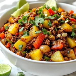 - 1 lb ground beef - 1 medium onion, chopped - 2 cloves garlic, minced - 1 small red bell pepper, diced - 1 small green bell pepper, diced - 1 cup diced potatoes - 1 cup diced carrots - 1 cup peas (fresh or frozen) - 1 tomato, diced - 1 tsp cumin - 1 tsp oregano - 1/2 tsp cinnamon - Salt and pepper to taste - 2 tbsp tomato paste - 2 cups beef broth - Olive oil for sautéing To make great Mexican Picadillo, you need some key ingredients. The ground beef gives it flavor and protein. Onions and garlic add depth. The bell peppers bring color and sweetness. Potatoes and carrots add texture. Peas give a nice pop of green. Spices are essential too. Cumin and oregano provide warmth. A hint of cinnamon adds a unique kick. Salt and pepper enhance all the flavors. Tomato paste and beef broth help create a thick, rich sauce. - 1/4 cup raisins (optional, for sweetness) - 1/4 cup slivered almonds (optional, for crunch) You can add raisins for a touch of sweetness. Slivered almonds give a nice crunch to the dish. These ingredients are not needed, but they can add fun flavors. - Rice or tortillas - Fresh cilantro and lime wedges for garnish Serve your Picadillo with rice or tortillas for a complete meal. Fresh cilantro adds brightness, while lime wedges bring a zesty kick. These accompaniments make every bite more enjoyable! {{ingredient_image_1}} - Heat 1 tablespoon of olive oil in a large skillet over medium heat. - Add 1 chopped onion, 2 minced garlic cloves, and 1 small diced red bell pepper and 1 small diced green bell pepper. Sauté for 5 minutes until soft. - Increase the heat to medium-high and add 1 pound of ground beef. Cook until it is browned, breaking it up with a spatula. Drain any excess fat if needed. - Stir in 1 cup of diced potatoes, 1 cup of diced carrots, and 1 cup of peas. Sauté for another 5 minutes. - Add 1 diced tomato, and if you like, 1/4 cup of raisins and 1/4 cup of slivered almonds. Mix well. - Sprinkle in 1 teaspoon of cumin, 1 teaspoon of oregano, and 1/2 teaspoon of cinnamon. Stir to coat the mixture evenly with spices. - Add 2 tablespoons of tomato paste and pour in 2 cups of beef broth. Bring everything to a simmer. - Cover the skillet, lower the heat, and let it cook for 30 minutes. Stir occasionally. The mixture will thicken and the flavors will mix well. - Taste the Picadillo and adjust the seasoning with salt and pepper as needed. - Serve warm with rice or tortillas. Garnish with fresh cilantro and lime wedges for extra flavor. To ensure even cooking of vegetables, start with small, uniform pieces. This helps them cook at the same rate. Sauté the onions and garlic first, letting their flavors bloom before adding bell peppers. Stir often, so nothing burns. For properly browning ground beef, use a hot skillet. Break it into small pieces as it cooks. Let it sit without stirring for a bit to get a nice brown color. Drain excess fat only if needed. This keeps the meat juicy. To enhance the flavors, consider adjusting spices. If you like more heat, add cayenne pepper or chili powder. For a deeper flavor, try smoked paprika. You can also play with the amount of cumin and oregano based on your taste. If fresh ingredients are hard to find, use frozen or canned. Frozen peas work well and save prep time. Canned tomatoes can replace fresh ones. Just drain them to avoid too much liquid in the dish. The best serving style for Picadillo is in deep bowls. This helps keep the dish warm and adds a nice touch. Serve it with a scoop of rice or warm tortillas on the side. For garnishing, fresh cilantro and lime wedges add color and brightness. Sprinkle cilantro on top before serving. A few lime wedges on the side give your guests a choice for extra zing. Pro Tips Use Fresh Herbs: Fresh cilantro adds a vibrant flavor and freshness that elevates the dish. Add it just before serving for the best taste. Adjust the Sweetness: If you prefer a sweeter picadillo, increase the amount of raisins or add a pinch of sugar to balance the flavors. Experiment with Proteins: Ground turkey or chicken can be used as a lighter alternative to beef, while still maintaining the essence of the dish. Perfect Cooking Time: Allowing the dish to simmer longer can enhance the flavor profile, as it allows the spices to meld beautifully. {{image_2}} Picadillo changes from one region in Mexico to another. In the north, cooks may use beef or even goat. In the south, you might find pork or chicken blends. Each area adds its flair. For example, some regions like to add olives or capers. Others prefer a sweeter touch with pineapple or plantains. These local flavors make each picadillo unique. Not everyone eats meat, and that's okay! You can make a tasty vegetarian or vegan picadillo. Instead of ground beef, try lentils or black beans. They give you protein and a nice texture. You can also use mushrooms for a meaty feel. For gluten-free options, make sure to use gluten-free broth and skip any sauces with gluten. If you want to switch things up, you have options! Ground turkey or chicken works well in place of beef. They are lighter but still delicious. You can also swap out veggies for what's in season. Try using zucchini or squash instead of potatoes. This not only enhances flavor but also adds nutrients. Don’t hesitate to get creative with your picadillo! After making Mexican Picadillo, store leftovers in an airtight container. Place it in the fridge within two hours of cooking. This keeps it safe and tasty. It will last up to four days in the fridge. When reheating, use a skillet or microwave. Stir the mix often to heat it evenly. Add a splash of broth if it seems dry. For longer storage, freeze Picadillo in a freezer-safe container. Make sure to leave some space at the top for it to expand. It can stay fresh for up to three months in the freezer. When you're ready to eat, thaw it overnight in the fridge. Reheat it on the stove or in the microwave. Stir well to ensure even heating. Picadillo lasts about four days in the fridge. Look for signs of spoilage, such as off smells or changes in color. If you see any mold, throw it away. Always trust your senses when checking food. Enjoy your Picadillo safely! Mexican Picadillo is a savory ground beef dish. It has roots in traditional Mexican cooking. This dish combines meat with vegetables, spices, and sometimes fruit. You can find it in many Mexican households. Each family may have their own twist on the recipe. The blend of flavors makes it comforting and hearty. You can serve Mexican Picadillo in many ways. Here are some great ideas: - Serve it warm with fluffy rice. - Pair it with soft tortillas for easy wrapping. - Garnish with fresh cilantro and lime wedges for extra flavor. - Add a side of refried beans for a complete meal. These accompaniments enhance the dish's taste and make it more filling. Yes, you can make Picadillo ahead of time. It actually tastes better the next day. Here are some tips for meal prep: - Cook the dish and let it cool completely. - Store it in an airtight container in the fridge. - It can last up to four days in the fridge. - Reheat it in a pot on the stove for even heating. Making it ahead saves you time on busy days. Enjoy this tasty dish whenever you want! To make a great Mexican Picadillo, key ingredients include ground beef, fresh vegetables, and spices. You learn how to prepare, cook, and present the dish. Tips and variations help you add your twist. Storage advice ensures leftovers last longer. Overall, Picadillo is a versatile meal, perfect for customizing to your taste. I hope this guide inspires you to create your own delicious version of this classic dish. Enjoy cooking and sharing with friends and family!