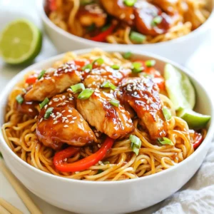 - 300g egg noodles - 2 chicken breasts, sliced thinly - 4 tablespoons soy sauce - 2 tablespoons honey - 4 cloves garlic, minced - 1 tablespoon ginger, freshly grated - 1 tablespoon sesame oil - 2 tablespoons vegetable oil - 1 red bell pepper, sliced - 2 green onions, chopped - 1 tablespoon sesame seeds - Salt and black pepper to taste To make sticky garlic chicken noodles, you need simple and fresh ingredients. Start with 300 grams of egg noodles. They give the dish a great texture and soak up the sauce well. For protein, use two chicken breasts sliced thinly. This helps them cook quickly and evenly. The sauce needs four tablespoons of soy sauce and two tablespoons of honey. These two ingredients make the dish sweet and savory. You also need four cloves of minced garlic and one tablespoon of freshly grated ginger. These aromatics bring lots of flavor. For cooking, add one tablespoon of sesame oil and two tablespoons of vegetable oil to your pan. They help brown the chicken and add a nice taste. Don’t forget the veggies! Use one sliced red bell pepper and two chopped green onions for color and crunch. Finally, sprinkle one tablespoon of sesame seeds on top for a fun finish. Remember to season with salt and black pepper to taste. These ingredients create a tasty, balanced meal that you will love. {{ingredient_image_1}} 1. Start by bringing a large pot of water to a boil. This will ensure your noodles cook evenly. 2. Cook the egg noodles according to the package instructions. This usually takes about 4 to 6 minutes. 3. After cooking, drain the noodles in a colander. To prevent sticking, toss them with a tablespoon of sesame oil. This adds flavor and keeps them from clumping together. 1. In a small bowl, mix together four tablespoons of soy sauce, two tablespoons of honey, four minced garlic cloves, and one tablespoon of freshly grated ginger. 2. Stir until the mixture is well combined. This sticky sauce will coat the noodles and chicken beautifully. 1. Heat two tablespoons of vegetable oil in a large pan over medium-high heat. 2. Add the thinly sliced chicken breasts. Season them with salt and black pepper. 3. Cook for about 5 to 7 minutes until the chicken turns golden brown and is cooked through. 1. Lower the heat to medium. Add sliced red bell pepper to the pan with the chicken. 2. Stir-fry for about 3 minutes. You want the pepper to be slightly softened but still crisp. This gives the dish great texture. 1. Add the cooked noodles to the pan with the chicken and peppers. 2. Pour the sticky garlic sauce over the noodles. 3. Toss everything together gently until the noodles are well-coated and heated through. This is where the magic happens! 1. To finish, sprinkle a tablespoon of sesame seeds and chopped green onions on top. 2. Give everything a gentle stir to combine. This adds a nice crunch and fresh flavor. 3. Serve the sticky garlic chicken noodles in deep bowls. If you like, add an extra sprinkle of sesame seeds and a slice of lime for a zesty kick. To get your chicken golden brown, use high heat. Heat the vegetable oil until it shimmers. This helps the chicken sear nicely. Spread the chicken in the pan without crowding it. This allows even cooking and browning. Cook the chicken for about 5-7 minutes until it's no longer pink inside. Use a meat thermometer; it should read 165°F (75°C) for safety. To prevent overcooking the noodles, watch the clock. Follow the package instructions closely. Test the noodles a minute before the time ends. They should be firm but cooked. After draining, toss them with sesame oil. This keeps them from sticking together. Adjusting the sauce is key to a great taste. If you like it sweeter, add more honey. For a saltier flavor, increase the soy sauce. You can even add a splash of rice vinegar for tang. Taste the sauce before adding it to the noodles. This ensures it matches your preference perfectly. Pro Tips Use Fresh Ingredients: Fresh garlic and ginger will enhance the flavor of your sticky sauce significantly compared to dried or jarred versions. Adjust the Sweetness: Feel free to adjust the amount of honey based on your preference for sweetness. You can also substitute it with maple syrup for a different flavor. Protein Variations: This recipe works wonderfully with shrimp, tofu, or beef as alternatives to chicken, allowing for versatile meal options. Meal Prep Friendly: Make the sauce and prep the chicken and vegetables ahead of time. This will save you time on busy weeknights! {{image_2}} You can switch the chicken for shrimp or tofu. Shrimp cooks fast and adds a nice flavor. Just sauté the shrimp until pink. If you choose tofu, use firm tofu. Cube it and fry until golden for a tasty crunch. Both options give you a great protein boost. You can add more veggies for extra taste and color. Try broccoli, snap peas, or carrots. They keep the dish fresh and crunchy. You can also use seasonal veggies. In summer, add zucchini or bell peppers. In fall, think about using mushrooms or spinach. This way, you get a dish that changes with the seasons. Feel free to play with the sauce. Use maple syrup or agave instead of honey. You can mix in chili sauce for some heat. If you want a different flavor, try teriyaki or oyster sauce. These changes let you create new taste profiles and make the dish your own. To keep your sticky garlic chicken noodles fresh, store them in an airtight container. Make sure to let them cool down first. Place them in the fridge. They will last for about 3 to 4 days. If you want to keep them longer, consider freezing. When you're ready to eat, reheat the noodles gently. You can use a microwave or a skillet. If using a microwave, heat in short bursts. Stir between to avoid hot spots. If using a skillet, add a splash of water to keep noodles moist. This helps maintain their tasty texture and flavor. To freeze, divide the noodles into portions. Place them in freezer-safe bags or containers. Remove as much air as you can before sealing. They can last up to 2 months in the freezer. To defrost, move them to the fridge overnight. You can also use the microwave on the defrost setting. Reheat as mentioned earlier to enjoy a delicious meal later! If you need gluten-free options, you can use rice noodles or zucchini noodles. Rice noodles cook fast and soak up flavors well. Zucchini noodles, or zoodles, are fresh and light. They add a fun twist to your dish. To add heat, you can use crushed red pepper flakes or sliced fresh chili peppers. Another option is to add a dash of hot sauce. Start with a little and taste as you go. This way, you can find the right level of heat for your taste. Yes, you can meal prep Sticky Garlic Chicken Noodles. Cook a large batch and store it in airtight containers. Keep it in the fridge for up to three days. Reheat in a pan or microwave before serving. This makes for easy lunches or dinners. Leftovers last about three to four days in the fridge. Make sure to store them in a sealed container. If you want to keep them longer, you can freeze them. Frozen leftovers can last up to three months. This blog post shared a simple recipe for a tasty noodle dish. I broke down the key ingredients, including chicken and vegetables, along with making a sticky sauce. You learned step-by-step how to cook the noodles, chicken, and veggies. I also covered cooking tips, variations, and storage advice. Cooking can be fun and flavorful. You now have the tools to create your own version. Enjoy experimenting with flavors and ingredients!