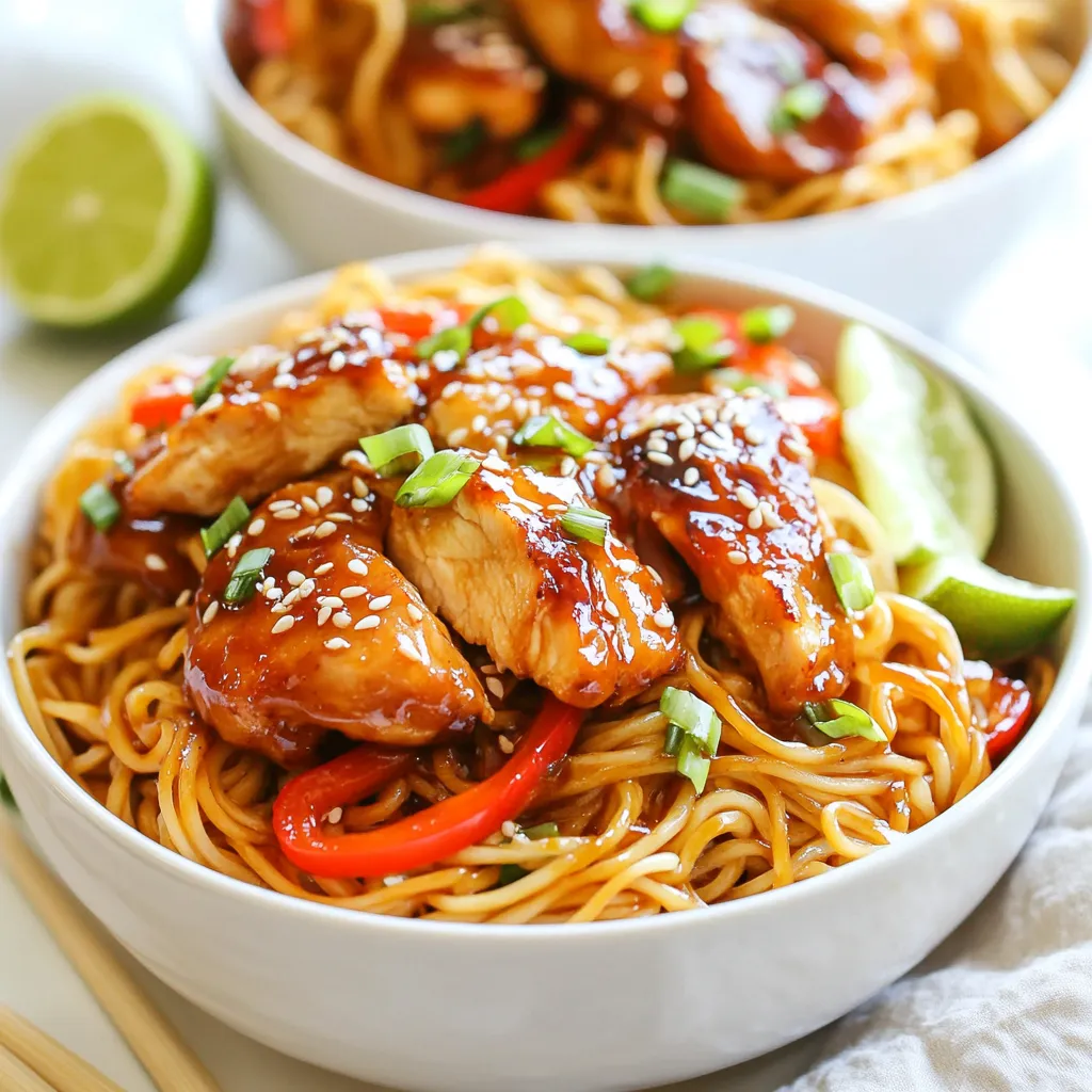 - 300g egg noodles - 2 chicken breasts, sliced thinly - 4 tablespoons soy sauce - 2 tablespoons honey - 4 cloves garlic, minced - 1 tablespoon ginger, freshly grated - 1 tablespoon sesame oil - 2 tablespoons vegetable oil - 1 red bell pepper, sliced - 2 green onions, chopped - 1 tablespoon sesame seeds - Salt and black pepper to taste To make sticky garlic chicken noodles, you need simple and fresh ingredients. Start with 300 grams of egg noodles. They give the dish a great texture and soak up the sauce well. For protein, use two chicken breasts sliced thinly. This helps them cook quickly and evenly. The sauce needs four tablespoons of soy sauce and two tablespoons of honey. These two ingredients make the dish sweet and savory. You also need four cloves of minced garlic and one tablespoon of freshly grated ginger. These aromatics bring lots of flavor. For cooking, add one tablespoon of sesame oil and two tablespoons of vegetable oil to your pan. They help brown the chicken and add a nice taste. Don’t forget the veggies! Use one sliced red bell pepper and two chopped green onions for color and crunch. Finally, sprinkle one tablespoon of sesame seeds on top for a fun finish. Remember to season with salt and black pepper to taste. These ingredients create a tasty, balanced meal that you will love. {{ingredient_image_1}} 1. Start by bringing a large pot of water to a boil. This will ensure your noodles cook evenly. 2. Cook the egg noodles according to the package instructions. This usually takes about 4 to 6 minutes. 3. After cooking, drain the noodles in a colander. To prevent sticking, toss them with a tablespoon of sesame oil. This adds flavor and keeps them from clumping together. 1. In a small bowl, mix together four tablespoons of soy sauce, two tablespoons of honey, four minced garlic cloves, and one tablespoon of freshly grated ginger. 2. Stir until the mixture is well combined. This sticky sauce will coat the noodles and chicken beautifully. 1. Heat two tablespoons of vegetable oil in a large pan over medium-high heat. 2. Add the thinly sliced chicken breasts. Season them with salt and black pepper. 3. Cook for about 5 to 7 minutes until the chicken turns golden brown and is cooked through. 1. Lower the heat to medium. Add sliced red bell pepper to the pan with the chicken. 2. Stir-fry for about 3 minutes. You want the pepper to be slightly softened but still crisp. This gives the dish great texture. 1. Add the cooked noodles to the pan with the chicken and peppers. 2. Pour the sticky garlic sauce over the noodles. 3. Toss everything together gently until the noodles are well-coated and heated through. This is where the magic happens! 1. To finish, sprinkle a tablespoon of sesame seeds and chopped green onions on top. 2. Give everything a gentle stir to combine. This adds a nice crunch and fresh flavor. 3. Serve the sticky garlic chicken noodles in deep bowls. If you like, add an extra sprinkle of sesame seeds and a slice of lime for a zesty kick. To get your chicken golden brown, use high heat. Heat the vegetable oil until it shimmers. This helps the chicken sear nicely. Spread the chicken in the pan without crowding it. This allows even cooking and browning. Cook the chicken for about 5-7 minutes until it's no longer pink inside. Use a meat thermometer; it should read 165°F (75°C) for safety. To prevent overcooking the noodles, watch the clock. Follow the package instructions closely. Test the noodles a minute before the time ends. They should be firm but cooked. After draining, toss them with sesame oil. This keeps them from sticking together. Adjusting the sauce is key to a great taste. If you like it sweeter, add more honey. For a saltier flavor, increase the soy sauce. You can even add a splash of rice vinegar for tang. Taste the sauce before adding it to the noodles. This ensures it matches your preference perfectly. Pro Tips Use Fresh Ingredients: Fresh garlic and ginger will enhance the flavor of your sticky sauce significantly compared to dried or jarred versions. Adjust the Sweetness: Feel free to adjust the amount of honey based on your preference for sweetness. You can also substitute it with maple syrup for a different flavor. Protein Variations: This recipe works wonderfully with shrimp, tofu, or beef as alternatives to chicken, allowing for versatile meal options. Meal Prep Friendly: Make the sauce and prep the chicken and vegetables ahead of time. This will save you time on busy weeknights! {{image_2}} You can switch the chicken for shrimp or tofu. Shrimp cooks fast and adds a nice flavor. Just sauté the shrimp until pink. If you choose tofu, use firm tofu. Cube it and fry until golden for a tasty crunch. Both options give you a great protein boost. You can add more veggies for extra taste and color. Try broccoli, snap peas, or carrots. They keep the dish fresh and crunchy. You can also use seasonal veggies. In summer, add zucchini or bell peppers. In fall, think about using mushrooms or spinach. This way, you get a dish that changes with the seasons. Feel free to play with the sauce. Use maple syrup or agave instead of honey. You can mix in chili sauce for some heat. If you want a different flavor, try teriyaki or oyster sauce. These changes let you create new taste profiles and make the dish your own. To keep your sticky garlic chicken noodles fresh, store them in an airtight container. Make sure to let them cool down first. Place them in the fridge. They will last for about 3 to 4 days. If you want to keep them longer, consider freezing. When you're ready to eat, reheat the noodles gently. You can use a microwave or a skillet. If using a microwave, heat in short bursts. Stir between to avoid hot spots. If using a skillet, add a splash of water to keep noodles moist. This helps maintain their tasty texture and flavor. To freeze, divide the noodles into portions. Place them in freezer-safe bags or containers. Remove as much air as you can before sealing. They can last up to 2 months in the freezer. To defrost, move them to the fridge overnight. You can also use the microwave on the defrost setting. Reheat as mentioned earlier to enjoy a delicious meal later! If you need gluten-free options, you can use rice noodles or zucchini noodles. Rice noodles cook fast and soak up flavors well. Zucchini noodles, or zoodles, are fresh and light. They add a fun twist to your dish. To add heat, you can use crushed red pepper flakes or sliced fresh chili peppers. Another option is to add a dash of hot sauce. Start with a little and taste as you go. This way, you can find the right level of heat for your taste. Yes, you can meal prep Sticky Garlic Chicken Noodles. Cook a large batch and store it in airtight containers. Keep it in the fridge for up to three days. Reheat in a pan or microwave before serving. This makes for easy lunches or dinners. Leftovers last about three to four days in the fridge. Make sure to store them in a sealed container. If you want to keep them longer, you can freeze them. Frozen leftovers can last up to three months. This blog post shared a simple recipe for a tasty noodle dish. I broke down the key ingredients, including chicken and vegetables, along with making a sticky sauce. You learned step-by-step how to cook the noodles, chicken, and veggies. I also covered cooking tips, variations, and storage advice. Cooking can be fun and flavorful. You now have the tools to create your own version. Enjoy experimenting with flavors and ingredients!