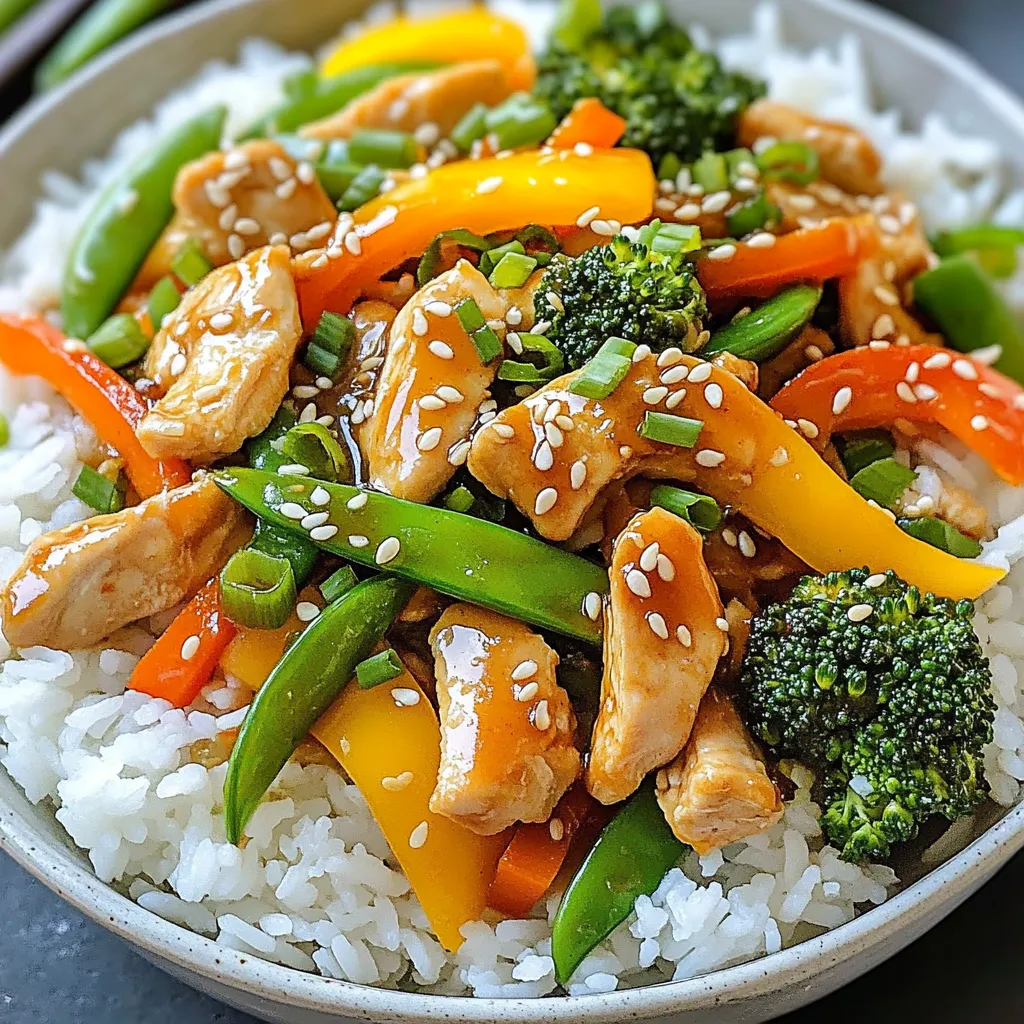 - 1 pound boneless, skinless chicken breast, sliced into thin strips - 2 cups mixed bell peppers (red, yellow, green), sliced - 1 cup broccoli florets - 1 cup snap peas - 3 cloves garlic, minced - 1-inch piece of ginger, grated - 3 tablespoons soy sauce - 1 tablespoon hoisin sauce - 1 tablespoon sesame oil - 1 tablespoon olive oil - 1 teaspoon cornstarch mixed with 2 tablespoons water (for thickening sauce) - Salt and pepper to taste - Cooked rice or quinoa, for serving - Sesame seeds and chopped green onions for garnish You can swap chicken for tofu or shrimp if you prefer. For veggies, try zucchini or carrots instead of bell peppers. Use tamari sauce for a gluten-free option. Coconut aminos also work well if you want a sweeter taste. Choose chicken that feels firm and is pink in color. Look for bell peppers that are bright and crisp. Broccoli should be deep green with tight florets. Snap peas should snap when you bend them. Always check for a fresh smell when buying garlic and ginger. Fresh ingredients make your stir fry taste great! {{ingredient_image_1}} Start by cutting the chicken breast into thin strips. This helps the chicken cook fast and evenly. Place the chicken in a bowl. Add two tablespoons of soy sauce, salt, and pepper. Mix well and let it sit for about 15 minutes. This step adds a lot of flavor to your chicken. Use a large non-stick skillet or wok for stir-frying. Heat one tablespoon of olive oil over medium-high heat. Once the oil is hot, add the marinated chicken. Cook it for about 5 to 7 minutes. Stir it often until the chicken turns golden brown and is cooked through. Remove the chicken from the skillet and set it aside. Now, add minced garlic and grated ginger to the same skillet. Sauté for about 30 seconds. This will make your kitchen smell great! Next, add sliced bell peppers, broccoli, and snap peas. Stir-fry these for 3 to 4 minutes. You want them to be bright and a bit crunchy. Finally, return the chicken to the skillet. Pour in the remaining soy sauce and hoisin sauce. Stir to mix everything well. To thicken the sauce, add the cornstarch slurry. Stir constantly for about 2 minutes until the sauce coats the chicken and veggies. Timing and temperature are key in stir-frying. Make sure your oil is hot before adding chicken. This helps the chicken brown nicely. Don’t overcrowd the skillet. If you do, the chicken will steam instead of fry. Stir everything quickly to keep it cooking evenly. This will give you a great texture and taste. To get juicy chicken, start by cutting the chicken breast into thin strips. Thin pieces cook faster and stay tender. Marinate the chicken for 15 minutes in soy sauce, salt, and pepper. This step adds flavor and moisture. Heat your skillet or wok before adding chicken. Cook it for about 5-7 minutes until golden brown. Make sure not to overcrowd the pan; this helps it cook evenly. Sauces are key to a great stir fry. Use soy sauce for saltiness and hoisin sauce for sweetness. Sesame oil adds a nutty flavor, making your dish richer. Don't forget the garlic and ginger! They give a fresh, aromatic taste. Mix cornstarch with water to thicken the sauce. This makes everything stick together and taste better. Taste your stir fry and adjust the seasoning if needed. One common mistake is overcooking the chicken. This can make it dry. Make sure to watch the time and remove it from the heat once it’s done. Another mistake is not prepping your ingredients ahead of time. Stir frying is fast! If you don’t have your veggies ready, they might cook too long. Lastly, avoid using too much sauce. This can make your stir fry soggy. Aim for balance for a perfect meal. Pro Tips Marinate for Flavor: Allow the chicken to marinate for at least 15 minutes to enhance its flavor and tenderness. High Heat is Key: Use medium-high heat for stir-frying to ensure the chicken cooks quickly and retains its juiciness. Keep Vegetables Crisp: Stir-fry the vegetables until they are vibrant and slightly tender to maintain their crunch and nutrients. Customize Your Sauce: Feel free to adjust the soy sauce and hoisin sauce according to your taste preferences for a more personalized flavor. {{image_2}} You can change up your stir fry by adding other veggies. Try carrots, zucchini, or mushrooms. Each vegetable adds its own taste and texture. For a colorful mix, use purple cabbage or baby corn. Just cut them into small pieces for quick cooking. Stir-frying keeps veggies crunchy and bright. This makes your meal not only tasty but also fun to look at. If you want to switch proteins, try beef, shrimp, or tofu. Thinly sliced beef cooks quickly and adds a rich flavor. Shrimp is light and cooks fast, too. For a plant-based option, use firm tofu; it absorbs flavors well. Just remember to press tofu to remove excess water before cooking. This helps it get a nice texture in the pan. For gluten-free options, use tamari instead of soy sauce. Tamari has a similar taste but is safe for gluten-free diets. You can also swap rice for cauliflower rice to cut carbs. Cauliflower rice is low in calories and still fills you up. This way, you enjoy a hearty meal without the extra carbs. These easy swaps help you meet your dietary needs while staying delicious. To store your chicken stir fry, let it cool down first. Place it in an airtight container. You can keep it in the fridge for up to 3 days. Make sure to separate the rice or quinoa if you have any left. This keeps everything fresh. When you are ready to eat, take the stir fry out of the fridge. You can reheat it on the stove or in the microwave. If using the stove, warm it in a pan over medium heat. Stir often until it's hot. If using a microwave, cover the bowl and heat for 1-2 minutes. Stir once and check if it’s warm enough. You can freeze the chicken stir fry for later use. Place it in a freezer-safe container. It will stay good for up to 3 months. When you are ready to eat, thaw it overnight in the fridge. Then, reheat as mentioned above. This makes meal prep easy and saves time! The best type of chicken for stir fry is boneless, skinless chicken breast. It cooks fast and stays tender. I like to slice it into thin strips. This helps it cook evenly and soak up flavors. Yes, you can make this stir fry in advance. Cook it fully and let it cool. Store it in an airtight container in the fridge for up to three days. You can also freeze it for up to three months. Just reheat it in a pan or microwave before serving. To make your stir fry less oily, use less oil when cooking. You only need a tablespoon of olive oil for this recipe. You can also use a non-stick skillet to reduce the amount of oil needed. Lastly, drain any excess oil before serving. In this blog post, we walked through the key ingredients and their fresh alternatives for your stir-fry. We shared techniques for marinating and stir-frying chicken, focusing on timing and temperature. You learned tips for achieving perfectly cooked chicken and enhancing flavor. We also discussed variations with vegetables and protein options, plus storage tips. Stir-frying is an easy and fun way to cook. With practice, you will master this healthy dish. Enjoy your cooking journey!