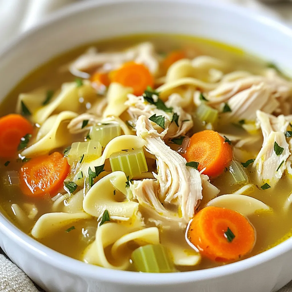 To make a warm and tasty crockpot chicken noodle soup, gather the following ingredients: - 1 lb chicken breast, boneless and skinless - 4 cups low sodium chicken broth - 2 cups water - 2 cups sliced carrots - 1 cup chopped celery - 1 large diced onion - 3 cloves minced garlic - 1 teaspoon dried thyme - 1 teaspoon dried rosemary - 2 bay leaves - Salt and pepper to taste - 2 cups egg noodles - Fresh parsley for garnish Each ingredient plays a key role in flavor and texture. The chicken provides protein and heartiness. The broth adds depth and warmth. Carrots, celery, and onions bring freshness and crunch. Garlic gives it a nice kick. Thyme and rosemary add a lovely aroma. The bay leaves infuse even more flavor. Finally, egg noodles create that classic soup feel. When selecting your ingredients, choose fresh veggies for the best taste. Use low sodium broth to control the saltiness. This dish is all about simplicity and comfort, so make it your own! Adjust the herbs or add your favorite spices. Enjoy the process of cooking and the joy it brings. {{ingredient_image_1}} Start by chopping your vegetables. Here’s how: - Slice 2 cups of carrots into thin rounds. - Chop 1 cup of celery into small pieces. - Dice 1 large onion into small cubes. - Mince 3 cloves of garlic finely. Next, prepare the chicken. Use 1 pound of boneless, skinless chicken breast. You don’t need to chop it. Just place it whole in the crockpot. Measuring ingredients is key. Make sure you have the right amounts. This ensures your soup has the right taste and texture. Now, let’s cook! Follow these steps for the crockpot method: 1. Put the whole chicken at the bottom of the crockpot. 2. Pour in 4 cups of low-sodium chicken broth and 2 cups of water. The chicken should be covered. 3. Add your sliced carrots, chopped celery, diced onion, and minced garlic. 4. Sprinkle in 1 teaspoon of dried thyme, 1 teaspoon of dried rosemary, 2 bay leaves, salt, and pepper. Cover the crockpot. You can cook on low for 6-8 hours or on high for 4-5 hours. Cooking on low makes the chicken super tender. After the cooking time, check the chicken. It should be cooked through and easy to shred. 1. Remove the chicken from the pot. Use two forks to shred it. 2. Return the shredded chicken to the pot. 3. Stir in 2 cups of egg noodles. Cover and cook on high for an extra 30 minutes, or until the noodles are tender. Before serving, taste the soup. Adjust the seasoning if needed. Finally, serve hot and garnish with fresh parsley for a pop of color! To ensure your chicken stays tender, use boneless, skinless chicken breast. Cook it on low heat for a long time. This slow cooking helps break down the fibers. The chicken becomes soft and easy to shred. For the best seasoning, add salt and pepper toward the end. You can taste the soup first. This way, you can adjust the flavor just right. Use fresh herbs like parsley for a burst of flavor. Dried thyme and rosemary work well too. They add depth to the soup. Using rotisserie chicken is a great shortcut. It saves time and adds flavor. You can shred it and add it right to the broth. This cuts your prep time in half. Pre-chopping your vegetables also speeds things up. You can do this the night before. Just store them in the fridge. This makes your cooking day much easier. Pair your soup with warm bread or a crisp salad. A crunchy side adds texture to the meal. You can even serve it with a grilled cheese sandwich. For garnishing, sprinkle fresh parsley on top. This adds color and freshness. You can also add a squeeze of lemon for a zesty touch. Enjoy your hearty bowl of soup! Pro Tips Use Bone-In Chicken: For extra flavor, consider using bone-in chicken breasts or thighs. The bones add richness to the broth. Customize Veggies: Add your favorite vegetables like peas, corn, or green beans for a heartier soup. Make It Ahead: This soup keeps well in the fridge for up to 3 days. Reheat and add fresh noodles if needed. Herb Variations: Try experimenting with other herbs like dill or sage to give the soup a different flavor profile. {{image_2}} You can make this soup healthier by swapping out the egg noodles. Here are two great options: - Zucchini noodles: These noodles are low in carbs and add a fresh taste. Use a spiralizer to make thin strips of zucchini. Add them to the soup during the last 30 minutes of cooking. - Gluten-free egg noodles: If you need to avoid gluten, these noodles work well. Look for brands made with rice or corn. They cook quickly, so add them in the last 30 minutes too. To boost the flavor of your soup, try these tips: - Add different herbs and spices: Mix in fresh basil, dill, or oregano. These herbs add a new taste to your soup. You can also try a pinch of cayenne for some heat. - Incorporate lemon or lime juice: A splash of citrus brightens the soup. Add a tablespoon of juice just before serving. This adds a nice tang and freshness to every bowl. Adding more veggies can make your soup even better. Here are some ideas: - Additional veggies for nutrition: Throw in green beans, peas, or spinach. These add color and nutrients. Chop them into small pieces and add them during the last hour of cooking. - Seasonal vegetable suggestions: Use what’s in season for the best flavor. In the fall, try butternut squash. In the spring, add asparagus. Each season brings new tastes to enjoy. Your chicken noodle soup will stay fresh in the fridge for about 3 to 4 days. To keep it at its best, let the soup cool first. Then, transfer it to an airtight container. This helps prevent any loss of flavor or texture. Always label your container with the date. This way, you know when it’s time to eat it or toss it out. Freezing soup is a great idea for later meals. Portion the soup into freezer-safe containers. Leave some space at the top since liquids expand when frozen. You can freeze it for up to 3 months. When you're ready to enjoy it, move a portion to the fridge overnight to thaw. Reheat it on the stove or in the microwave until hot. Stir occasionally to ensure even heating. Preparing this soup ahead of time saves you work during busy days. You can make a big batch and portion it out. Use small containers for lunches or quick dinners. Pair it with a simple salad or a piece of bread for a complete meal. Leftovers can also work as a filling lunch. Just heat them up, and you’re good to go! Yes, you can use frozen chicken breast. Just add it directly to the crockpot. The cooking time will increase by about an hour. Ensure that the chicken reaches 165°F to be safe. If you forget to add noodles, don't worry! You can add them after shredding the chicken. Stir in the egg noodles and cook on high for 30 minutes. This will let the noodles soften in the soup. Yes, you can make this soup on the stovetop. Use a large pot and follow the same steps. Cook the chicken for about 20-30 minutes on medium heat. Once the chicken is done, shred it and add the noodles. Let them cook for about 8-10 minutes until they are tender. Adjust the heat to keep it simmering gently. This article outlined how to make a hearty chicken soup in a crockpot. We covered the important ingredients and step-by-step instructions for perfect results. You learned tips for cooking, shortcuts for faster prep, and ideas for variations. Remember to store your soup properly for later enjoyment. By following these easy steps, you can create a delicious meal anytime. Enjoy making this chicken soup and share it with your loved ones!