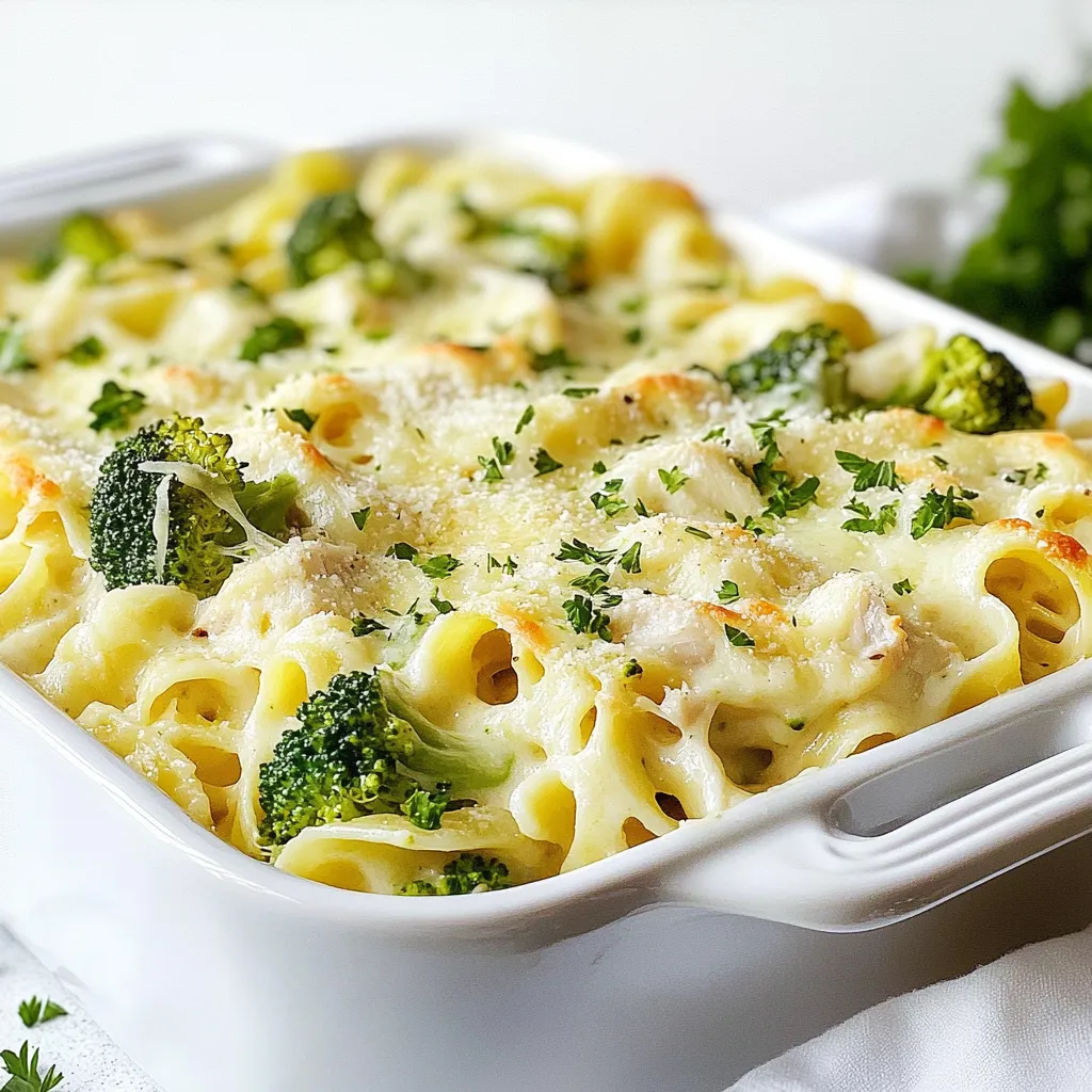 To make Chicken Broccoli Baked Alfredo, gather these main items: - 2 cups cooked chicken, shredded - 2 cups broccoli florets, steamed - 12 oz fettuccine pasta, uncooked - 4 cups alfredo sauce (store-bought or homemade) - 1 cup shredded mozzarella cheese - 1 cup grated Parmesan cheese - 1 teaspoon garlic powder - 1 teaspoon onion powder - Salt and pepper to taste - Fresh parsley, chopped (for garnish) These ingredients create a creamy and rich dish. The mix of chicken and broccoli adds flavor and nutrition. You can change up the dish with some fun options: - Cooked mushrooms for added earthiness - Spinach for extra greens - Sun-dried tomatoes for a burst of flavor - Crushed red pepper for some heat - Different types of cheese like cheddar or gouda These variations keep the meal exciting and allow you to use what you have on hand. If you're looking for a great store-bought alfredo sauce, here are some brands I trust: - Rao's Homemade Alfredo Sauce - Bertolli Alfredo Sauce - Classico Creamy Alfredo Pasta Sauce These brands offer tasty options that save time. However, making your own sauce can be rewarding and delicious, too! {{ingredient_image_1}} Start by gathering your ingredients. You need cooked chicken and steamed broccoli. Use two cups of each. Next, measure out twelve ounces of uncooked fettuccine. Get four cups of alfredo sauce ready. You can use store-bought or homemade. Donât forget the cheese! You will need one cup of shredded mozzarella and one cup of grated Parmesan. Finally, grab garlic powder, onion powder, salt, and pepper for flavor. Boil a large pot of water. Add salt to the water for taste. Cook the fettuccine according to the package instructions until it is al dente. This usually takes about eight to ten minutes. Once done, drain the pasta well and set it aside. Make sure you do not overcook it; you want it firm, not mushy. In a large mixing bowl, combine the chicken, broccoli, and fettuccine. Add garlic powder, onion powder, salt, and pepper. Mix everything well. Pour the alfredo sauce over the mixture and stir gently. Now, transfer this mix to a greased 9x13 inch baking dish. Sprinkle mozzarella and Parmesan cheese on top. Cover the dish with aluminum foil, ensuring it does not touch the cheese. Bake in the oven at 350°F for 25 minutes. After that, remove the foil and bake for an extra 10 to 15 minutes. You want the cheese to be bubbly and golden. Once baked, let it cool for a few minutes. Garnish with fresh parsley before serving. Enjoy your tasty meal! To make a great alfredo sauce, start with good quality butter. Use fresh garlic for the best taste. Heat the butter in a pan over medium heat. Add garlic and sautĂ© until it smells nice. Then, slowly stir in heavy cream. Keep stirring as it heats up. Add grated Parmesan cheese slowly, mixing well. If it seems too thick, add a little milk. Season with salt and pepper. Taste and adjust as needed. This sauce should be creamy and rich. When cooking chicken, use fresh or thawed meat. Cut the chicken into small pieces for even cooking. Season with salt, pepper, and garlic powder. You can cook it in a skillet until golden brown. This takes about 5 to 7 minutes per side. Make sure the chicken reaches 165°F (74°C) to be safe. Shred the cooked chicken with two forks. This makes it easy to mix into your alfredo bake. To get a creamy bake, donât overcook the pasta. Cook it al dente, so it stays firm. When mixing, pour the sauce evenly over the chicken and pasta. Stir gently but well to coat everything. Use a greased baking dish to prevent sticking. Cover with foil while baking to keep moisture in. Remove the foil near the end to let the cheese brown. This gives a nice texture to the top. Enjoy your creamy, delicious meal! Pro Tips Cook Pasta Al Dente: Make sure to cook the fettuccine just until al dente, as it will continue to cook in the oven and become too soft if overcooked. Customize Your Veggies: Feel free to add other vegetables like bell peppers or spinach for extra flavor and nutrition. Use Fresh Herbs: Fresh parsley not only adds a pop of color but also enhances the flavor of the dish. Consider adding fresh basil or thyme for a different twist. Make Ahead: This dish can be assembled a day in advance. Just cover it tightly and refrigerate. Bake it straight from the fridge, adding a few extra minutes to the cooking time. {{image_2}} You can easily turn this dish into a vegetarian delight. Instead of chicken, use 2 cups of sautĂ©ed mushrooms or roasted red peppers. These options add great flavor and texture. For protein, toss in some chickpeas or lentils. They are hearty and filling. Make sure your alfredo sauce is vegetarian. Many store-bought sauces fit this need. You can also make your own with cream, butter, and cheese. To boost the taste of your baked alfredo, try adding spices. A pinch of nutmeg brings warmth to the dish. You can also mix in some crushed red pepper for heat. Fresh herbs like basil or thyme can elevate the flavor too. They add freshness and a lovely aroma. If you enjoy garlic, increase the garlic powder to 2 teaspoons. This makes every bite more savory. While fettuccine is classic, feel free to experiment. Penne or rigatoni are great choices too. These shapes hold sauce well and create a nice bite. For a gluten-free option, use gluten-free pasta. It cooks similarly and tastes great. Zucchini noodles or spaghetti squash are fun, low-carb alternatives. They add nutrition and flavor without the carbs. Just remember to adjust cooking times for these options. To keep your Chicken Broccoli Baked Alfredo fresh, let it cool. Once cool, cover it with plastic wrap or transfer it to an airtight container. Store it in the fridge for up to three days. This way, you can enjoy it again soon. When you want to reheat your meal, preheat your oven to 350°F (175°C). Place the dish in the oven for about 15-20 minutes. You want it warm all the way through. If you're in a hurry, you can also microwave it. Use a microwave-safe dish and heat it for 2-3 minutes. Stir halfway to ensure even heating. If you want to save some for later, freezing is great. First, let the dish cool completely. Then, portion it into freezer-safe containers. Make sure to leave some space at the top for expansion. It can stay in the freezer for up to three months. When you're ready to eat, thaw it in the fridge overnight before reheating. Yes, you can use frozen broccoli. Just cook it before adding it to your dish. Steam it until tender, then drain any excess water. This method keeps your bake creamy and tasty. Frozen broccoli is a great time-saver and still gives great flavor. You can use other pasta types if you like. Penne or rotini work well too. These shapes hold the sauce nicely and add fun to the dish. Choose a pasta that you enjoy. Just follow the cooking time on the package for perfect results. This chicken broccoli baked alfredo stays fresh for about three to four days. Store it in an airtight container to keep it tasty. When you want to eat it again, just reheat it in the oven or microwave. Enjoy your warm, comforting meal! This blog post showed you how to make a great Alfredo dish. We covered the main ingredients, fun variations, and helpful tips. You learned the steps to create this creamy delight and how to store leftovers. Remember, you can switch up the pasta or add veggies for extra flavor. I hope the information helps you make this dish your own. Enjoy your cooking, and have fun experimenting!