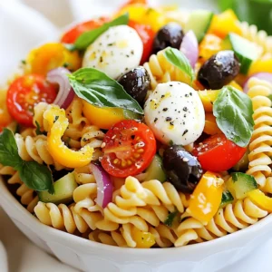 To make a tasty pasta salad, you need these main ingredients: - 2 cups rotini pasta - 1 cup cherry tomatoes, halved - 1 cup cucumber, diced - 1/2 cup black olives, sliced - 1/2 cup bell peppers (red and yellow), diced - 1/2 cup mozzarella balls, halved - 1/4 cup red onion, finely chopped - 1/2 cup Italian dressing (store-bought or homemade) - 1 teaspoon dried oregano - Salt and pepper to taste - Fresh basil leaves for garnish These ingredients work together to create a colorful and flavorful dish. The rotini pasta holds the dressing and veggies well, making each bite enjoyable. You can customize your pasta salad by adding some optional ingredients. Here are a few ideas: - Spinach or arugula for greens - Artichoke hearts for a tangy twist - Sun-dried tomatoes for added flavor - Grated Parmesan cheese for richness - Avocado for creaminess Use these options to make the salad your own. Feel free to mix and match based on what you like or have on hand. When it comes to dressing, you have two choices: store-bought or homemade. Store-bought Italian dressing is quick and easy. It saves time and still tastes good. Homemade dressing lets you control the flavor. You can mix olive oil, vinegar, herbs, and spices to create your perfect blend. Whichever you choose, the dressing brings all the flavors together. Don’t forget to pour it over the pasta and veggies before mixing! {{ingredient_image_1}} Start by filling a large pot with water. Add salt to the water for flavor. Bring the water to a boil over high heat. Once boiling, add 2 cups of rotini pasta. Cook it until it is al dente, which takes about 8-10 minutes. Stir the pasta occasionally to prevent it from sticking. When done, drain the pasta in a colander. Then, rinse it under cold water. This stops the cooking and cools the pasta. While the pasta cooks, you can prep your vegetables. Take 1 cup of cherry tomatoes and slice them in half. Dice 1 cup of cucumber into small pieces. Next, chop 1/2 cup of bell peppers, using both red and yellow for color. Slice 1/2 cup of black olives and 1/2 cup of mozzarella balls in half. Lastly, finely chop 1/4 cup of red onion. Keep all these veggies ready for mixing later. In a large mixing bowl, add your cooled pasta. Then, toss in the cherry tomatoes, cucumber, bell peppers, black olives, red onion, and mozzarella balls. Pour 1/2 cup of Italian dressing over this mixture. Sprinkle in 1 teaspoon of dried oregano, along with salt and pepper to taste. Now, use a spatula to gently toss everything. Ensure each piece gets coated with dressing for the best flavor. Cover the mixing bowl with plastic wrap or a lid. Place it in the fridge for at least 30 minutes. This chilling time allows the flavors to blend nicely. Just before serving, give the salad another quick toss. For a fresh touch, add some basil leaves on top. Enjoy your vibrant and tasty pasta salad! To cook pasta perfectly, use a large pot. Fill it with water and add salt. Bring the water to a boil before adding the rotini pasta. Stir it often to keep it from sticking. Check the package for cooking time. Taste the pasta a minute before the time is up. It should be firm but not hard. When done, drain the pasta and rinse it with cold water. This stops the cooking process and keeps it al dente. Store leftover pasta salad in an airtight container. Make sure it is completely cool before sealing it. This will keep it fresh and tasty. You can place it in the fridge for three to five days. If you want to keep it longer, consider freezing it. Just remember that the texture may change when thawed. If you need gluten-free pasta, use brown rice or quinoa pasta. These options work well and taste great. For a vegan twist, swap mozzarella with avocado or tofu. You can also choose a vegan Italian dressing. This way, everyone can enjoy the pasta salad, no matter their diet. Pro Tips Cook Pasta Al Dente: Make sure to cook the rotini pasta just until al dente to maintain a perfect texture in your salad. Overcooked pasta can become mushy when mixed with dressing. Chill for Maximum Flavor: Allow the salad to chill in the refrigerator for at least 30 minutes. This helps the flavors meld together, creating a more delicious dish. Customize Your Veggies: Feel free to add or substitute your favorite vegetables in the salad. Ingredients like artichokes, zucchini, or even baby spinach can add variety and flavor. Use Fresh Herbs: Enhance the salad's flavor by adding fresh herbs like basil or parsley just before serving. They add a burst of freshness that elevates the dish. {{image_2}} To make a Mediterranean pasta salad, start with the base of rotini pasta. You can add some sun-dried tomatoes, artichoke hearts, and feta cheese. These ingredients bring strong flavors and a tasty twist. For a zesty touch, include a squeeze of lemon juice. This variation offers a fresh taste that brightens the dish. Adding protein makes the salad heartier. You can mix in cooked chicken or canned tuna. Shredded rotisserie chicken works well and saves time. If you prefer seafood, tuna in olive oil adds great flavor. For a vegetarian option, try chickpeas or white beans. These proteins make your salad filling and satisfying. Using seasonal ingredients keeps your pasta salad exciting. In spring, try adding peas and asparagus. These vegetables add color and crunch. During summer, fresh corn and bell peppers shine. In fall, roasted butternut squash or pumpkin can add a warm touch. Winter calls for hearty greens like kale or spinach. Changing ingredients with the seasons keeps your salad fresh and flavorful. To keep your pasta salad fresh, use an airtight container. Spread the salad evenly in the container. Make sure to remove as much air as possible. This helps prevent sogginess. If you have extra dressing, store it separately. Pasta salad with Italian dressing lasts about three to five days in the fridge. After that, the veggies may lose their crunch. The taste might not be as fresh. Always check for signs of spoilage before eating. If it smells off or looks slimy, it's best to toss it. Freezing pasta salad is not ideal. The texture of the pasta and veggies changes. If you still want to freeze it, store it in a freezer-safe container. Keep the dressing separate. When ready to eat, let it thaw in the fridge overnight. Mix it well before serving. You can keep pasta salad with Italian dressing in the fridge for about three to five days. Make sure to store it in an airtight container. This keeps it fresh and tasty. If you see any changes in color or smell, it’s best to toss it out. Yes, you can make pasta salad a day ahead. In fact, it often tastes better the next day! The flavors mix well overnight. Just cover it tightly and place it in the fridge. Before serving, give it a quick stir to wake it up. Serve pasta salad cold or at room temperature. It makes a great side dish for picnics and barbecues. You can also serve it as a main dish. Add some grilled chicken or shrimp for protein. Garnish with fresh basil or extra cheese for a nice touch. Absolutely! You can use any pasta you like. Bowtie, penne, or fusilli all work well. Just make sure to cook it according to the package directions. Each pasta shape brings a new twist to the salad. Choose what you enjoy! Pasta salad is simple, tasty, and fun to make. You can choose fresh ingredients and dressings to fit your taste. Always cook your pasta perfectly for the best texture. Don’t forget to chill it for great flavor. Consider variations like Mediterranean styles or adding protein for a boost. With the right tips, your leftovers will stay fresh longer. Get creative with this dish, and enjoy every bite. Trust me, it's a meal you’ll love!