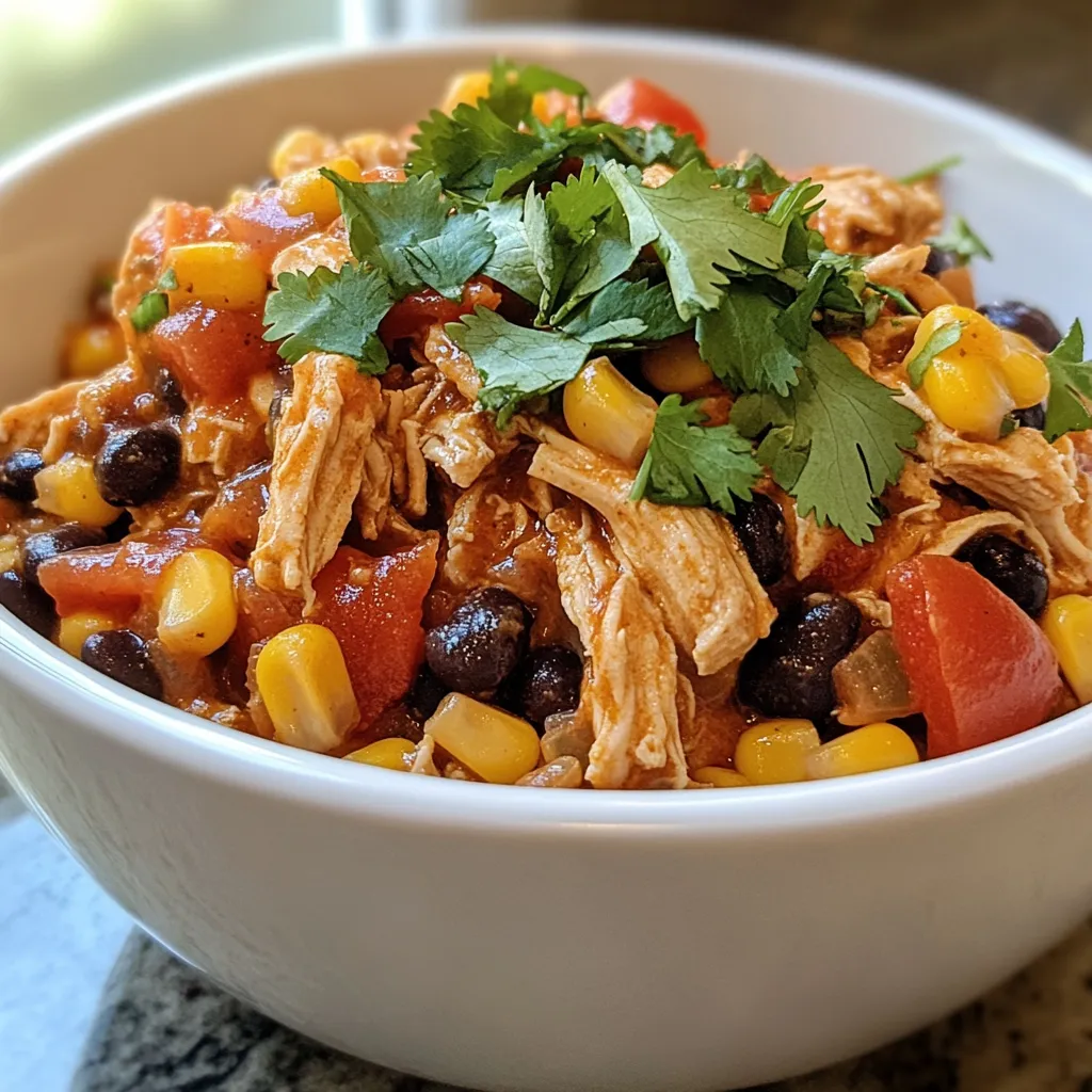To make Fiesta Crockpot Chicken, you need these simple ingredients: - 4 boneless, skinless chicken breasts - 1 can (15 oz) black beans, rinsed and drained - 1 can (15 oz) corn, drained - 1 can (10 oz) diced tomatoes with green chilies - 1 red bell pepper, diced - 1 yellow onion, diced - 2 cloves garlic, minced - 1 tablespoon chili powder - 1 teaspoon cumin - 1 teaspoon paprika - Salt and pepper to taste - 1 lime, juiced - 1 cup fresh cilantro, chopped (for garnish) - Optional: Tortilla chips or warm tortillas for serving This dish is not only tasty but also healthy. Each serving roughly contains: - Calories: 290 - Protein: 30g - Carbohydrates: 35g - Fiber: 8g - Fat: 6g It’s a great source of protein and fiber. The beans and veggies boost nutrition too. You can swap ingredients to fit your taste or what you have at home. Here are some ideas: - Chicken: Use turkey breasts or thighs for a different flavor. - Beans: Any canned beans work. Try pinto or kidney beans. - Corn: Fresh corn can replace canned corn for more crunch. - Tomatoes: Use fresh diced tomatoes if you prefer. - Peppers: Any color bell pepper is fine. Feel free to get creative! {{ingredient_image_1}} Start by placing the chicken breasts in the bottom of the crockpot. Make sure they are flat and even. This helps them cook well and stay juicy. No need to cut or season them just yet. We will do that later. In a large bowl, mix the black beans, corn, and diced tomatoes. Add the red bell pepper, yellow onion, and minced garlic next. Then, stir in the chili powder, cumin, paprika, salt, and pepper. This mix gives the chicken flavor and color. Pour this mixture over the chicken in the crockpot. Ensure the chicken is fully covered. This adds moisture and taste as it cooks. Cover the crockpot with its lid. You can cook on low for 6-8 hours or high for 3-4 hours. If you cook it on low, the chicken becomes very tender. Once the time is up, use two forks to shred the chicken in the pot. Stir in the lime juice for a fresh kick. Taste and adjust seasoning if needed. This dish is ready to serve! To keep your chicken tender, use boneless, skinless chicken breasts. They cook evenly. Always add enough liquid to the crockpot. The liquid helps steam the chicken. Avoid overcooking; it can dry out. Cook on low for best results. This method breaks down the meat and keeps it juicy. Layer your ingredients wisely. Place chicken at the bottom for even cooking. Add veggies on top. They will cook down and add flavor. Don't peek too often! Opening the lid lets heat escape. Stick to the cooking time. This helps the flavors meld together. Add lime juice at the end to brighten the dish. Fresh cilantro brings a nice touch. You can spice it up with jalapeños or hot sauce. Consider adding more spices like smoked paprika. For a smokier taste, try chipotle powder. Each tweak makes your dish unique! Pro Tips Adjust Spice Levels: If you prefer a milder flavor, reduce the chili powder or use a mild salsa instead of diced tomatoes with green chilies. Batch Cooking: This recipe is perfect for meal prep! You can double the ingredients and freeze half for later use. Add More Vegetables: Feel free to include other vegetables like zucchini or spinach for added nutrition and flavor. Serving Suggestions: Serve over rice or quinoa for a hearty meal, or use as a filling for burritos or tacos! {{image_2}} To make your Fiesta Crockpot Chicken spicy, add more chili powder and jalapeños. You can use fresh or pickled jalapeños for a kick. Adjust the heat based on your taste. This adds a fun twist to the dish. For a vegetarian version, swap the chicken for extra black beans or chickpeas. Keep the other ingredients the same. You can add more veggies like zucchini or bell peppers. Cook it just like the original recipe. This version is both filling and tasty. You can use different proteins to change the dish. Try turkey or lean beef if you prefer. Adjust the cooking time based on the meat you choose. Chicken will cook faster than beef. Cook it until it’s tender and easy to shred. To store your Fiesta Crockpot Chicken, let it cool first. Use a clean container with a lid. Spoon the chicken and sauce into the container. Keep it in the fridge for up to three days. Make sure to label the container with the date. This helps you remember when you made it. When you want to enjoy leftovers, reheat them carefully. You can use a microwave or a stovetop. For the microwave, place the chicken in a bowl. Cover it with a lid or a plate. Heat it for one to two minutes, stirring halfway. For the stovetop, warm it in a pan over low heat. Stir gently until hot. Add a splash of water if it seems dry. If you want to save some for later, freezing is a great option. Place the Fiesta Chicken in a freezer-safe container. Leave some space at the top for expansion. Seal it tightly and label it with the date. You can freeze it for up to three months. When ready to eat, thaw it in the fridge overnight. Then, reheat it as I shared earlier. Yes, you can make Fiesta Crockpot Chicken in advance. This dish is great for meal prep. Just cook it as usual, then let it cool. Store it in an airtight container in the fridge for up to three days. For longer storage, freeze it. When you’re ready to eat, thaw it in the fridge overnight. You can reheat it on the stove or in the microwave. Fiesta Crockpot Chicken pairs well with many sides. Here are some ideas: - Tortilla chips: Crunchy and fun to scoop. - Warm tortillas: Great for making wraps. - Rice: Cilantro lime rice adds a tasty touch. - Salad: A fresh side salad can lighten the meal. - Guacamole: Creamy and rich, it enhances every bite. Feel free to mix and match these sides to suit your taste! To change the spice level, you have a few options. If you want it milder, skip the diced tomatoes with green chilies. You can also reduce the chili powder. If you like it spicy, add more chili powder or a chopped jalapeño. For an extra kick, try some hot sauce when serving. Always taste as you go to find your perfect heat! In this blog post, we explored the key ingredients for Fiesta Crockpot Chicken, including substitutes and nutritional info. I detailed simple steps for preparing and cooking this dish to perfection. You learned tips for keeping your chicken tender and various flavor enhancements. We even discussed fun variations like a vegetarian option. Remember, cooking should be fun and easy. Don’t hesitate to experiment with ingredients and flavors. Enjoy your cooking journey!
