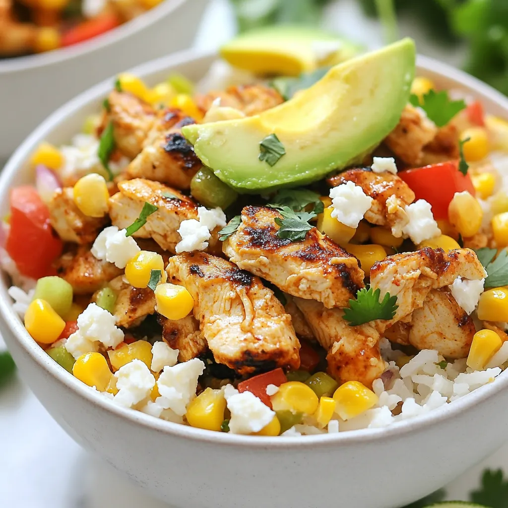 To make these street corn chicken rice bowls, you need a few key items: - 1 cup jasmine rice - 2 cups chicken broth - 1 lb chicken breast, diced - 1 tablespoon olive oil - 1 cup corn (frozen or fresh) - ½ cup diced red bell pepper - ½ cup diced red onion - 1 avocado, sliced These ingredients form the base of the dish. They provide flavor, texture, and nutrition. The right spices make this dish pop. Here's what you'll need: - 1 teaspoon chili powder - 1 teaspoon garlic powder - Salt and pepper to taste - 1 tablespoon lime juice These spices add warmth and zest. They enhance the chicken and vegetables in the bowl. Toppings take your rice bowl to the next level. Consider adding: - ¼ cup crumbled feta cheese - Fresh cilantro for garnish These toppings add creaminess and freshness. They also make your dish look great! {{ingredient_image_1}} To start, grab a medium pot. Add 1 cup of jasmine rice and 2 cups of chicken broth. Bring this to a boil. Once it boils, reduce the heat. Cover the pot and let it simmer for about 15 minutes. The rice should be tender when done. After cooking, fluff it with a fork and set it aside. Next, take a large skillet and heat 1 tablespoon of olive oil over medium heat. Season 1 lb of diced chicken breast with 1 teaspoon of chili powder, 1 teaspoon of garlic powder, salt, and pepper. Add the chicken to the skillet. Sauté it until it turns golden brown and is fully cooked. This should take about 6 to 8 minutes. Now, add 1 cup of corn, ½ cup of diced red bell pepper, and ½ cup of diced red onion to the skillet. Stir everything together. Cook for an extra 3 to 4 minutes. The veggies should be tender but still crisp. To assemble, take your serving bowls and layer them. Start with the cooked jasmine rice at the bottom. Then, add the chicken and corn mixture on top. This creates a nice base for your meal. For the fresh toppings, slice 1 avocado and add it to each bowl. Crumble ¼ cup of feta cheese over the top. Finally, drizzle 1 tablespoon of lime juice on each bowl. This adds a bright flavor. To finish, sprinkle fresh cilantro on top. This adds color and a fresh taste to your bowls. Enjoy your Street Corn Chicken Rice Bowls! To cook jasmine rice, use a pot with a lid. Measure one cup of rice and two cups of chicken broth. Rinse the rice under cold water to remove excess starch. This step helps keep the rice fluffy. Add the rinsed rice and broth to your pot. Bring it to a boil over high heat. Once it boils, cover the pot and reduce the heat. Let it simmer for about 15 minutes. When done, fluff the rice with a fork. This gives you light and tender rice. For the chicken, I recommend using a large skillet. Heat one tablespoon of olive oil over medium heat. Season your diced chicken breast with chili powder, garlic powder, salt, and pepper. This adds great flavor to the meat. Place the chicken in the skillet. Cook it for 6 to 8 minutes until it turns golden brown. Make sure the chicken is fully cooked. This ensures a juicy and tasty bite. You can boost flavors easily. Try adding lime juice to the finished bowls. This gives a zesty kick. Fresh cilantro also adds brightness. If you want more heat, add some diced jalapeños. You can swap feta cheese for queso fresco or cotija cheese for a different taste. Consider using black beans or additional veggies for extra texture. Each change can make your rice bowl unique and fun. Pro Tips Enhance Flavor: Add a pinch of smoked paprika to the chicken seasoning for a deeper flavor profile. Rice Cooking: For extra flavor, replace chicken broth with vegetable broth or add a bay leaf while cooking the rice. Veggie Variations: Feel free to swap in seasonal vegetables like zucchini or cherry tomatoes for a fresh twist. Serving Suggestions: Serve with lime wedges on the side for added zest and freshness when enjoying your bowl! {{image_2}} To make a vegetarian version, swap the chicken for black beans or chickpeas. Both options add protein and fiber. You can keep the rest of the ingredients the same. The corn, peppers, and onion will still shine. Add extra lime juice for a fresh kick. This bowl is colorful and packed with flavor. If you like heat, add more chili powder or jalapeños to the chicken. You can also mix in a dash of hot sauce. This will give your bowl a spicy twist. Don't forget to adjust the lime juice to balance the heat. A spicy street corn chicken rice bowl is sure to wake up your taste buds. Feel free to get creative with your ingredients. You can use brown rice instead of jasmine rice for added nutrition. If you don’t have feta cheese, try goat cheese or queso fresco. For a twist, add roasted red peppers or zucchini. These swaps can change the dish while keeping it tasty and fun. To keep your Street Corn Chicken Rice Bowls fresh, store them in an airtight container. Make sure the rice and chicken mixture is cool before sealing. Place any toppings, like avocado and cilantro, in a separate container. This keeps them fresh and crunchy. Leftovers can last in the fridge for up to three days. When you’re ready to enjoy your leftovers, reheat the rice and chicken mixture in a skillet over medium heat. Stir occasionally until it’s hot. You can also use the microwave. Just place the mixture in a microwave-safe dish, cover it, and heat for about two minutes. Check if it’s hot all the way through. Add fresh toppings afterward, so they stay bright and tasty. If you want to save the dish for later, freezing is a great option. Place the rice and chicken mixture in a freezer-safe container. Leave some space at the top for expansion. You can freeze the mixture for up to three months. However, it's best to add fresh ingredients like avocado and cilantro after reheating. This keeps their flavor and texture just right. The best way to cook jasmine rice is to use chicken broth. This adds great flavor. First, rinse 1 cup of jasmine rice under cold water. Then, in a pot, combine the rice with 2 cups of chicken broth. Bring it to a boil. Reduce the heat, cover, and simmer for 15 minutes. The rice will be fluffy and tasty. Yes, you can use brown rice. However, it takes longer to cook. Use a 2:1 ratio of water to brown rice. Cook it for about 40-45 minutes. The texture will be chewier, but still delicious in the bowl. I recommend using diced chicken breast. It cooks quickly and stays tender. You can also use chicken thighs for a richer flavor. Just adjust the cooking time slightly to ensure it's fully cooked. To make it spicier, add more chili powder. You can also mix in diced jalapeños or a splash of hot sauce. This gives the dish a nice kick without overpowering the other flavors. If you don't have feta cheese, try queso fresco or goat cheese. Both add creaminess and a tangy taste. You can also skip cheese altogether for a dairy-free option. Just add more avocado for creaminess. This article covered the key aspects of making Street Corn Chicken Rice Bowls. We explored the main ingredients, spices, and toppings, ensuring your dish has full flavor. I gave you easy steps for cooking jasmine rice, chicken, and vegetables. You also learned tasty tips for variations, storage, and reheating. To sum up, this recipe not only satisfies the taste buds but also allows for creativity. Try it with different toppings or spice levels to make it your own. Enjoy your cooking adventure!