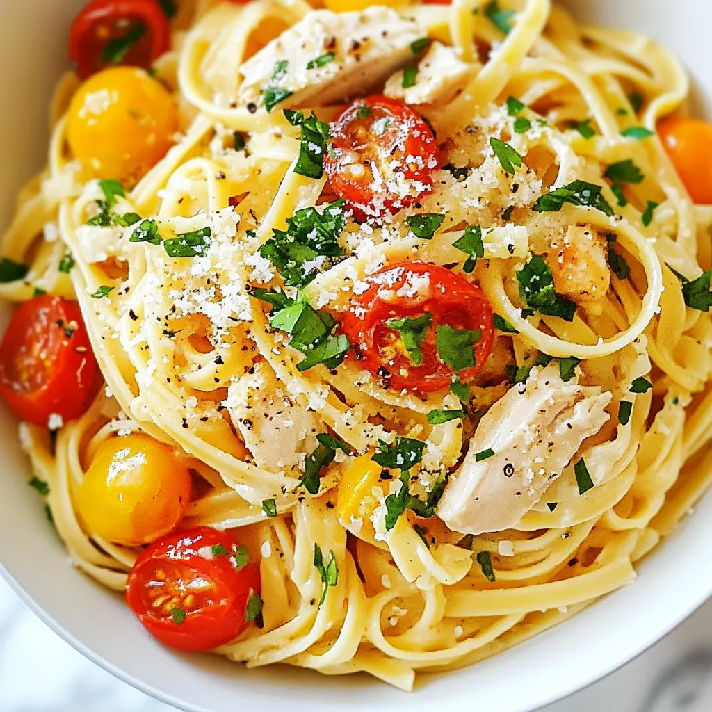 - Chicken and Pasta - 2 chicken breasts, diced - 8 oz linguine pasta - Spices and Seasonings - 4 tablespoons unsalted butter - 4 cloves garlic, minced - 1 teaspoon smoked paprika - ½ teaspoon cayenne pepper (adjust for spice) - 1 teaspoon dried oregano - 1 teaspoon dried thyme - Salt and pepper to taste - Fresh Ingredients - Zest and juice of 1 lemon - ½ cup cherry tomatoes, halved - Âź cup fresh parsley, chopped - Grated Parmesan cheese for serving For the best Cowboy Butter Chicken Linguine, gather your ingredients first. I love using fresh chicken and pasta for this dish. The chicken adds protein and flavor. The linguine helps soak up all that butter goodness. Next, spices make this dish shine. Smoked paprika adds warmth, while cayenne gives it a kick. Oregano and thyme bring depth to the flavor. Salt and pepper are essential for balance. Fresh ingredients add brightness. The lemon zest and juice give a fresh taste. Cherry tomatoes burst with flavor and color. Lastly, fresh parsley adds a pop of green, and Parmesan cheese gives creaminess. Get these ingredients ready to cook a simple and tasty meal! {{ingredient_image_1}} To start, fill a large pot with water. Add a pinch of salt. Bring the water to a boil. Once boiling, add the linguine pasta. Cook according to the package instructions until it is al dente. This usually takes about 9-11 minutes. When done, drain the pasta. Save half a cup of pasta water for later. Set the drained linguine aside while you prepare the rest. Next, grab a large skillet. Heat it over medium heat and add 2 tablespoons of unsalted butter. Let the butter melt. Once melted, add the diced chicken breasts to the pan. Season the chicken with salt, pepper, and smoked paprika. Cook for about 6-8 minutes. You want the chicken to be brown and cooked through. Once ready, remove the chicken from the skillet and place it on a plate. Now, in the same skillet, add the last 2 tablespoons of butter. Let it melt over medium heat. Add the minced garlic, cayenne pepper, dried oregano, and dried thyme. SautĂŠ the mixture for about 1 minute. Youâll know itâs ready when it smells really good. This is the cowboy butter part that makes the dish special. Time to bring it all together! Add the halved cherry tomatoes to the skillet. Cook them for another 2-3 minutes until they are soft. Return the cooked chicken to the skillet. Squeeze in the juice of a lemon and add the zest. Stir everything well so the flavors mix. Finally, add the cooked linguine to the skillet. Pour in the reserved pasta water. Toss everything together until the pasta is coated. Make sure itâs heated through. Taste and adjust seasoning with salt and pepper if needed. To serve, sprinkle fresh chopped parsley on top. Offer grated Parmesan cheese on the side for those who want a little extra flavor. Enjoy your cowboy butter chicken linguine! To cook chicken perfectly, use fresh breasts. Dice them into even pieces. This helps them cook evenly. Season well with salt and smoked paprika. Cook in a hot skillet for 6-8 minutes. Look for a golden brown color. Make sure it is cooked through. A meat thermometer should read 165°F. This ensures it's safe to eat. To avoid overcooking linguine, watch the clock. Boil your pasta in salted water. Cook according to the package's instructions. Taste it a minute before the time ends. It should be al dente, or firm to the bite. Drain it but save some pasta water. This water helps the sauce stick to the pasta. If you like heat, add more cayenne pepper. Start with the suggested amount and taste. You can always add more, but itâs hard to take it out. For a milder dish, skip the cayenne or reduce it. You can also add sweet bell peppers for flavor without heat. Adjust spices based on what you and your guests enjoy. Pro Tips Butter Temperature: Use room temperature butter for easier mixing and better incorporation into the dish. Cooking Chicken: Avoid overcrowding the skillet to ensure the chicken browns nicely rather than steams. Pasta Water Magic: The reserved pasta water is starchy and helps to create a silky sauce that clings to the pasta. Fresh Herbs: Always use fresh parsley for garnish to enhance flavor and presentation; dried herbs can substitute in cooking but lack freshness. {{image_2}} You can easily make a vegetarian version of this dish. Swap the chicken for mixed veggies. Bell peppers, zucchini, and mushrooms work well. SautĂŠ the veggies until they are tender. Follow the same steps for the butter sauce. This keeps the flavors rich and tasty without meat. If you want to try different proteins, shrimp and tofu are great choices. For shrimp, cook them just until they turn pink. This takes about 3-4 minutes. For tofu, use firm tofu and cut it into cubes. SautĂŠ until golden brown. Both options absorb the cowboy butter flavors well. You can use various pasta types for this recipe. Penne or fettuccine can be good substitutes. Each pasta gives a different texture and taste. Make sure to adjust cooking times based on the pasta shape. Keep it simple and enjoy your favorite kind! To store leftovers, let the Cowboy Butter Chicken Linguine cool down. Place it in an airtight container. Make sure to seal it tightly. You can keep it in the fridge for up to three days. If you want to keep it longer, freezing is a great option. For freezing, use a freezer-safe container. Divide the dish into smaller portions. This makes it easier to thaw later. You can freeze it for up to three months. Before you freeze, remove any extra toppings like Parmesan. This helps keep the texture nice. To reheat, thaw the pasta overnight in the fridge. You can heat it on the stove or in the microwave. If using the stove, add a splash of water to help it heat evenly. Stir it often until it warms up. For the microwave, use a microwave-safe bowl and cover it with a lid. Heat in short bursts, stirring in between. This keeps the dish moist and tasty. Enjoy your Cowboy Butter Chicken Linguine just like new! Cowboy butter is a rich, flavorful blend of butter, garlic, and spices. It adds a kick to dishes and gives them a rustic charm. The smoked paprika and cayenne pepper offer warmth, while the herbs add depth. This mix makes any meal feel special. You can use it on pasta, chicken, or even veggies. Yes, you can prepare this dish ahead of time. Cook the chicken and pasta, then store them separately. Make the cowboy butter sauce and keep it in the fridge. When ready to serve, combine everything. This method helps flavors blend well when reheating. Just ensure you donât overcook the chicken during reheating. You can spice up your cowboy butter chicken linguine in many ways. Add more cayenne for heat or toss in crushed red pepper flakes. Try mixing in fresh herbs like basil or cilantro. For a twist, use sun-dried tomatoes or olives. Just remember to balance flavors so that the dish stays delightful. Many side dishes go well with cowboy butter chicken linguine. A simple green salad adds freshness. Garlic bread is perfect for dipping in the sauce. Roasted vegetables like asparagus or Brussels sprouts can add a nice crunch. You can also serve it with a light soup for a cozy meal. This blog post walked you through making Cowboy Butter Chicken Linguine. We covered the key ingredients, step-by-step cooking methods, and tips for perfect results. You can try variations to suit your taste, like using shrimp or tofu. We also discussed how to store leftovers for later enjoyment. Now, you have all you need to create a tasty meal. Enjoy cooking and sharing this delicious dish!