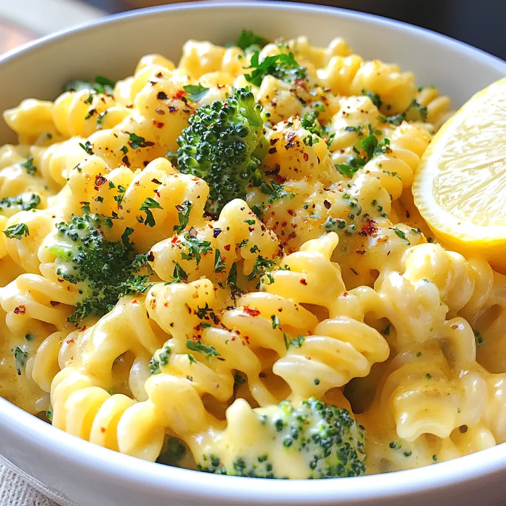 - 8 oz (225 g) pasta of your choice (fusilli or penne work well) - 2 cups broccoli florets - 1 tablespoon olive oil - 3 cloves garlic, minced - 1 cup heavy cream - 1 ½ cups shredded sharp cheddar cheese - ½ cup grated Parmesan cheese - Salt and pepper to taste - 1 teaspoon lemon zest - A pinch of red pepper flakes (optional) - Fresh parsley, chopped (for garnish) You can choose many types of pasta for this dish. Fusilli and penne are great choices. Both hold the cheese sauce well. You can also try rotini or shells for fun shapes. Each pasta type gives a different bite, making every forkful exciting. You can customize your dish easily. For added flavor, try sun-dried tomatoes or spinach. If you want more protein, add cooked chicken or shrimp. You can swap the heavy cream for half-and-half for a lighter version. For a dairy-free option, use cashew cream and vegan cheese. Don't forget to taste and adjust seasonings as you go! {{ingredient_image_1}} To start, fill a large pot with water. Add salt and bring it to a boil. Once boiling, toss in 8 oz of your favorite pasta, like fusilli or penne. Cook it as the package says until it's al dente. With just 3 minutes left, add 2 cups of broccoli florets. This way, the broccoli cooks perfectly without losing its bright color. Drain the pasta and broccoli together but save about ½ cup of that pasta water for later. Now, let’s add some flavor. In the same pot you used for the pasta, pour in 1 tablespoon of olive oil. Heat it over medium heat. Once hot, add 3 minced garlic cloves. Sauté for about 1 minute until it smells amazing. Be careful not to burn the garlic. If it starts to turn brown, lower the heat. Next, it’s cheese time! Lower the heat and pour in 1 cup of heavy cream. Stir it for 1-2 minutes to warm it up. Then, slowly mix in 1 ½ cups of shredded sharp cheddar cheese and ½ cup of grated Parmesan cheese. Keep stirring until it’s all melted and smooth. If the sauce seems too thick, add a bit of the reserved pasta water until it feels just right. This creamy sauce will coat the pasta and broccoli beautifully. Now you can combine everything. Add the pasta and broccoli back into the pot with the cheese sauce. Mix until every piece is coated. Season it with salt, pepper, and a teaspoon of lemon zest. If you like a kick, sprinkle in some red pepper flakes. Finally, serve your delicious broccoli cheese pasta in bowls. A bit of fresh parsley on top adds color and a fresh touch! To make a great cheese sauce, start with fresh cheese. I love sharp cheddar, but you can mix it up. Use a blend of cheeses for depth. Remember to add cheese slowly, stirring well. This way, it melts evenly. If your sauce is too thick, add a splash of pasta water. This will make it creamy and smooth. Cooking pasta to al dente means it should be firm but not hard. Follow the package instructions closely. Around 1-2 minutes before the time is up, add the broccoli to the pot. This way, both will be ready at the same time. Drain everything well but save some pasta water for your sauce. For a beautiful plate, serve pasta in deep bowls. Sprinkle extra cheese on top for a tasty finish. A touch of red pepper flakes adds color and a hint of spice. Add a wedge of lemon on the side. Not only does it look nice, but it adds a bright flavor too. Finish with fresh parsley for a pop of green. This makes your dish inviting and fun! Pro Tips Cheese Selection: Opt for a sharp cheddar for a stronger flavor contrast against the creaminess of the sauce. Broccoli Cooking: For vibrant green broccoli, add it to the pasta pot during the last few minutes of cooking instead of boiling it separately. Pasta Water Magic: The reserved pasta water can help adjust the sauce's consistency and add extra starch for creaminess. Garnish for Flair: Chopped fresh parsley not only adds a pop of color but also a fresh flavor that complements the creamy sauce. {{image_2}} You can make broccoli cheese pasta a bit different by adding more veggies. Try bell peppers, peas, or spinach. These not only add color but also boost the flavor. For a fun twist, toss in some sun-dried tomatoes. They bring a nice tangy taste. You can also switch the pasta to a whole grain or chickpea type for extra health benefits. If you want to make this dish heartier, add protein. Chicken or shrimp works well. Just cook them before adding the sauce. For a vegetarian option, try tofu or chickpeas. They soak up the cheese sauce flavor nicely. If you like beans, black or white beans add great taste and texture. Cheese is key in this dish. You can mix and match your cheeses for fun flavors. Gouda or fontina adds a smoky taste. For a sharper bite, try blue cheese or feta. You can also use mozzarella for a creamier texture. Just remember to adjust the balance of flavors based on your choice. Mixing cheeses can make each bite exciting! After enjoying your broccoli cheese pasta, store any leftovers in an airtight container. Let it cool first. Then, place it in the fridge. It should last for about three to four days. When you're ready to enjoy your leftovers, reheat them slowly. You can use a microwave or stovetop. If using the microwave, place the pasta in a bowl and cover it. Heat in short bursts, stirring in between. For stovetop, add a splash of water or cream in a pan. Stir on low heat until warm. If you want to save some for later, freezing is a great option. Allow the pasta to cool completely. Then, transfer it to a freezer-safe container. You can also use freezer bags. Press out any air before sealing. Broccoli cheese pasta can stay good for up to three months in the freezer. When ready to eat, thaw it overnight in the fridge before reheating. To make broccoli cheese pasta gluten-free, choose gluten-free pasta. Many brands offer options like rice or corn pasta. Follow the same cooking steps as regular pasta. You can enjoy the same creamy sauce with gluten-free pasta. Yes, you can use other veggies! Cauliflower, carrots, or peas work well. You can mix and match to suit your taste. Just remember to cook them until tender. This adds color and flavor to your dish. If your cheese sauce is too thick, add a bit of pasta water. Start with a small amount and stir until smooth. You can also add more cream for extra richness. Adjust it until you reach the perfect consistency. This blog post covered how to make delicious broccoli cheese pasta. We discussed key ingredients and the best pasta types to use. I shared clear steps to cook the pasta, sauté the garlic, and make a smooth cheese sauce. I also offered tips for perfecting your dish and variations to explore. In conclusion, you can enjoy this pasta your way. Experiment with different ingredients and make it your own. Whether serving fresh or storing for later, broccoli cheese pasta is a treat. Happy cooking!