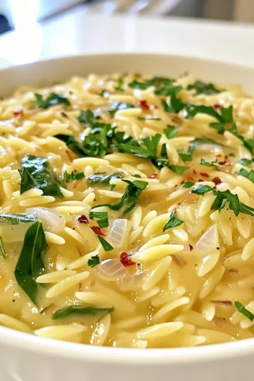 - 1 cup orzo pasta - 2 tablespoons olive oil - 4 cloves garlic, minced - 1 medium onion, finely chopped - 1 cup vegetable broth - 1 cup heavy cream - ½ cup grated Parmesan cheese - 1 cup baby spinach - ¼ teaspoon red pepper flakes (optional) - Salt and pepper to taste - Fresh parsley, chopped (for garnish) Gather these ingredients to create a rich and creamy dish. Each item plays a key role. The orzo pasta gives the meal its base. Olive oil adds flavor and helps cook the onion and garlic. Garlic brings a lovely aroma. The onion adds sweetness when sautéed. Vegetable broth adds depth, while heavy cream makes it rich. Parmesan cheese offers a tasty kick. Baby spinach adds health and color. Red pepper flakes give heat if you want it. Finally, salt and pepper enhance all the flavors. Fresh parsley gives a nice touch when serving. With this list, you are ready to make a delightful meal. - Sauteing the onion and garlic: Start by heating 2 tablespoons of olive oil in a large skillet over medium heat. Add 1 finely chopped onion. Cook it for about 3-4 minutes until it is soft and clear. Then, add 4 minced garlic cloves. Stir and cook for 1 more minute. You want it to smell great! - Cooking the orzo with broth: Next, add 1 cup of orzo pasta to the skillet. Stir it well to coat it with the oil and onion mixture. Pour in 1 cup of vegetable broth and bring it to a gentle boil. Once it boils, reduce the heat to low. Cover it and let it simmer for about 10 minutes. The orzo should be soft but still firm. Most of the liquid will be gone. - Mixing in the cream and cheese: After 10 minutes, take off the lid. Now, add 1 cup of heavy cream and ½ cup of grated Parmesan cheese. Stir it all until it looks creamy and smooth. - Adding spinach and seasoning: Toss in 1 cup of baby spinach. Cook for another 2 minutes until it wilts. Season with salt and pepper to make it tasty. - Serving suggestions: Once done, let the orzo sit for a couple of minutes. This helps it thicken. Serve it in bowls and sprinkle some fresh parsley on top for color and flavor. Enjoy your meal! - Ensuring the right orzo texture: Cook the orzo until it is al dente. This means it should be firm but not hard. If you overcook it, the orzo will turn mushy and lose its charm. Keep an eye on the timer, and taste a few minutes before the suggested cooking time ends. - Avoiding curdling of cream: When you add heavy cream, make sure to lower the heat first. High heat can cause the cream to curdle. Stir gently, and ensure it blends well with the other ingredients. This keeps your dish smooth and creamy. - Importance of sautéing onions: Start with sautéing the onions in olive oil. This step adds a sweet and rich flavor base to your dish. Cook them until they are soft and translucent, which usually takes about 3-4 minutes. This builds depth in your creamy orzo. - How to best incorporate flavors: After adding garlic, stir for just a minute. This helps to release its aroma without burning it. When you add the broth, scrape up any tasty bits stuck to the pan. This boosts the flavor of your creamy orzo, making it truly delicious. {{image_2}} You can easily swap ingredients to make creamy garlic orzo your own. - Using different cheeses: Try using mozzarella or feta instead of Parmesan. Each cheese offers a unique taste. Mozzarella adds a nice stretch, while feta brings a salty kick. These swaps can change your dish in fun ways. - Adding proteins like chicken or shrimp: For a heartier meal, add cooked chicken or shrimp. Simply sauté them in the pan before adding garlic and onion. This will add protein and make the dish more filling. You can also use tofu for a vegetarian option. You can enhance flavors with simple tweaks. - Incorporating herbs and spices: Fresh herbs like basil or thyme can brighten the dish. You can also add spices like oregano or lemon zest for extra zing. A pinch of smoked paprika can add depth and warmth to the orzo. - Additional vegetables to consider: You can stir in peas, bell peppers, or broccoli. Adding these veggies boosts nutrition and adds color. Sauté them with the onion for a flavorful base before adding orzo. To store leftover creamy garlic orzo, place it in an airtight container. This keeps the dish fresh. Make sure to cool it down before sealing. Leftovers will stay good in the fridge for up to three days. If you want to keep it longer, freeze it. Just use a freezer-safe container. It can last up to three months in the freezer. When you’re ready to enjoy your orzo again, reheating it right is key. The best method is to use the stovetop. Add a splash of vegetable broth or cream to a skillet. This helps keep the orzo creamy. Heat it over low heat, stirring often. This way, it warms up without drying out. You can also use the microwave if you prefer. Just cover the bowl and add a little liquid. Heat it in short bursts, stirring in between. This keeps the dish smooth and rich. Can I make creamy garlic orzo ahead of time? Yes, you can make creamy garlic orzo ahead of time. Cook the orzo and mix in the sauce. Let it cool, then store it in an airtight container in the fridge. When you’re ready to eat, reheat it on low heat. You may need to add a splash of broth or cream to bring back the creaminess. How do I make this recipe lighter? To lighten this dish, swap heavy cream for half-and-half or a plant-based cream. You can also use less cheese or a low-fat version of Parmesan. Adding more spinach or other veggies can boost nutrients without adding many calories. What can I serve with creamy garlic orzo? Creamy garlic orzo pairs well with grilled chicken or shrimp. A fresh salad with a light dressing also complements it nicely. You might serve it with roasted vegetables or garlic bread for a full meal. Try matching flavors to keep the meal balanced and tasty. This blog post covered how to make creamy garlic orzo from scratch. You learned about the key ingredients, step-by-step instructions, tips for success, and how to make it your own. Remember, you can swap ingredients or adjust flavors to fit your taste. Storing and reheating the dish properly will keep it fresh and delicious. With these easy steps, you can impress family and friends with a warm, tasty meal. Enjoy your cooking adventure and feel confident trying new twists on this recipe!