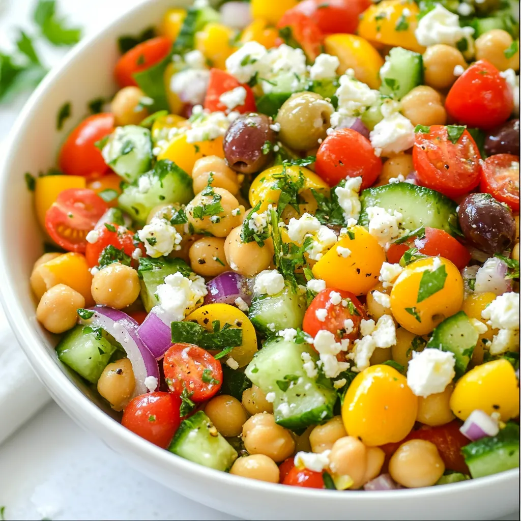 - Chickpeas and Vegetables - 1 can (15 oz) chickpeas, rinsed and drained - 1 cup cherry tomatoes, halved - 1 cucumber, diced - 1 bell pepper (red or yellow), diced - ¼ red onion, finely chopped Chickpeas are the star in this salad. They bring a nice texture and protein. The cherry tomatoes add sweetness, while the cucumber gives crunch. The bell pepper adds color and flavor. The red onion gives a little bite. - Seasonings and Dressings - ½ cup Kalamata olives, pitted and halved - ½ cup feta cheese, crumbled - 2 tablespoons fresh parsley, chopped - 1 tablespoon fresh mint, chopped - 3 tablespoons olive oil - 2 tablespoons lemon juice - 1 teaspoon dried oregano - Salt and pepper to taste The olives add a briny taste. Feta brings creaminess that pairs well with the crunch. Fresh parsley and mint add bright notes. Olive oil and lemon juice create a tangy dressing. Oregano adds warmth and depth. - Optional Add-ins - You can add avocado for creaminess. - Try adding grilled chicken for extra protein. - Sunflower seeds add a nice crunch. These add-ins make your salad unique. They can change the texture and flavor. Experiment to find your favorite mix! {{ingredient_image_1}} Start by taking a large mixing bowl. Add one can of chickpeas that you rinsed and drained. Next, toss in one cup of halved cherry tomatoes. Then, add one diced cucumber and one diced bell pepper, either red or yellow. Finally, include a quarter of a finely chopped red onion. This mix of colors and textures makes the salad bright and fresh. In a small bowl, whisk together three tablespoons of olive oil and two tablespoons of lemon juice. Add one teaspoon of dried oregano, along with salt and pepper to taste. This dressing brings all the flavors together. Make sure to mix it well, so everything blends nicely. Now, pour the dressing over the vegetable mix. Gently toss everything until the salad gets coated evenly. Add in half a cup of pitted Kalamata olives, half a cup of crumbled feta cheese, two tablespoons of chopped fresh parsley, and one tablespoon of chopped fresh mint. These ingredients add a punch of flavor. Let the salad sit for at least 15 minutes. This time helps the flavors meld together. Before serving, give it one last gentle toss. Enjoy your fresh and tasty Mediterranean chickpea salad! Allowing Flavors to Meld After you mix the ingredients, let the salad sit. I suggest at least 15 minutes. This time helps the flavors blend well. You will notice how tasty it becomes. The longer it sits, the better it tastes. Adjusting Seasoning to Taste Taste the salad before serving. You might want more salt or pepper. Everyone's taste is different. You can also add more lemon juice if you like a zesty kick. Don't be shy; tweak it until it’s perfect for you. Chilling for Better Taste Chilling the salad enhances its flavor. If you have time, pop it in the fridge. Let it chill for about 30 minutes. The coolness makes it refreshing and even more delicious. Pro Tips Use Fresh Herbs: Fresh parsley and mint elevate the flavor of this salad. Don't skip them for the best taste! Chill Before Serving: Allow the salad to chill in the refrigerator for 30 minutes to enhance the flavors even more. Customize Your Veggies: Feel free to add or substitute other vegetables like avocado or radishes based on your preference. Make It Ahead: This salad can be made a day in advance; just keep the dressing separate until serving to maintain freshness. {{image_2}} You can easily adjust this salad to fit your needs. Here are some tasty options: - Vegan Options (Omit Feta): If you want a vegan salad, just leave out the feta cheese. The salad will still taste fresh and vibrant. You can replace the feta with avocado for a creamy feel. - Gluten-Free Considerations: This salad is naturally gluten-free. Just check your dressing ingredients to ensure they are gluten-free as well. - Adding Protein (Chicken or Tuna): For extra protein, add cooked chicken or canned tuna. This makes the salad a fuller meal. Just mix in your choice of protein after you toss the salad. These simple changes make the Mediterranean Chickpea Salad flexible for any diet or taste. Enjoy trying out these variations! Refrigeration Guidelines Store your Mediterranean chickpea salad in an airtight container. It keeps well in the fridge for about 3 to 5 days. Make sure you keep it cold, especially if you add feta cheese. When you are ready to eat, give it a good stir. This helps to mix the flavors again. Freezing Options I do not recommend freezing this salad. The texture of the veggies, olives, and cheese changes when frozen. They may become mushy when thawed. If you want to save it, stick to refrigeration. Reusing Leftovers in Other Dishes If you have leftover salad, you can use it in many ways. Try adding it to wraps or pita bread for a quick lunch. You can toss it into a grain bowl for more texture. Mixing it with pasta is also a tasty option. Use your creativity and enjoy the flavors! How long will the salad last in the fridge? This salad will last about three to five days in the fridge. Store it in an airtight container. The flavors will deepen over time, making it even tastier! Can I use dried chickpeas instead of canned? Yes, you can use dried chickpeas. Soak them overnight and cook until tender. This will add a fresh taste and texture to your salad. What are the best substitutes for Kalamata olives? If you can't find Kalamata olives, try black olives or green olives. They will still give a nice salty flavor. You can also skip olives if you prefer. This blog post gave you a clear guide on making Mediterranean chickpea salad. We covered the key ingredients, how to prepare and mix them, and practical tips for storage and flavor. You can adapt this salad to fit your diet or add protein as you like. Remember, the choice of fresh ingredients makes a big difference. Enjoying your homemade salad is easy, and it tastes great too! Now, go ahead and start creating your own tasty version.