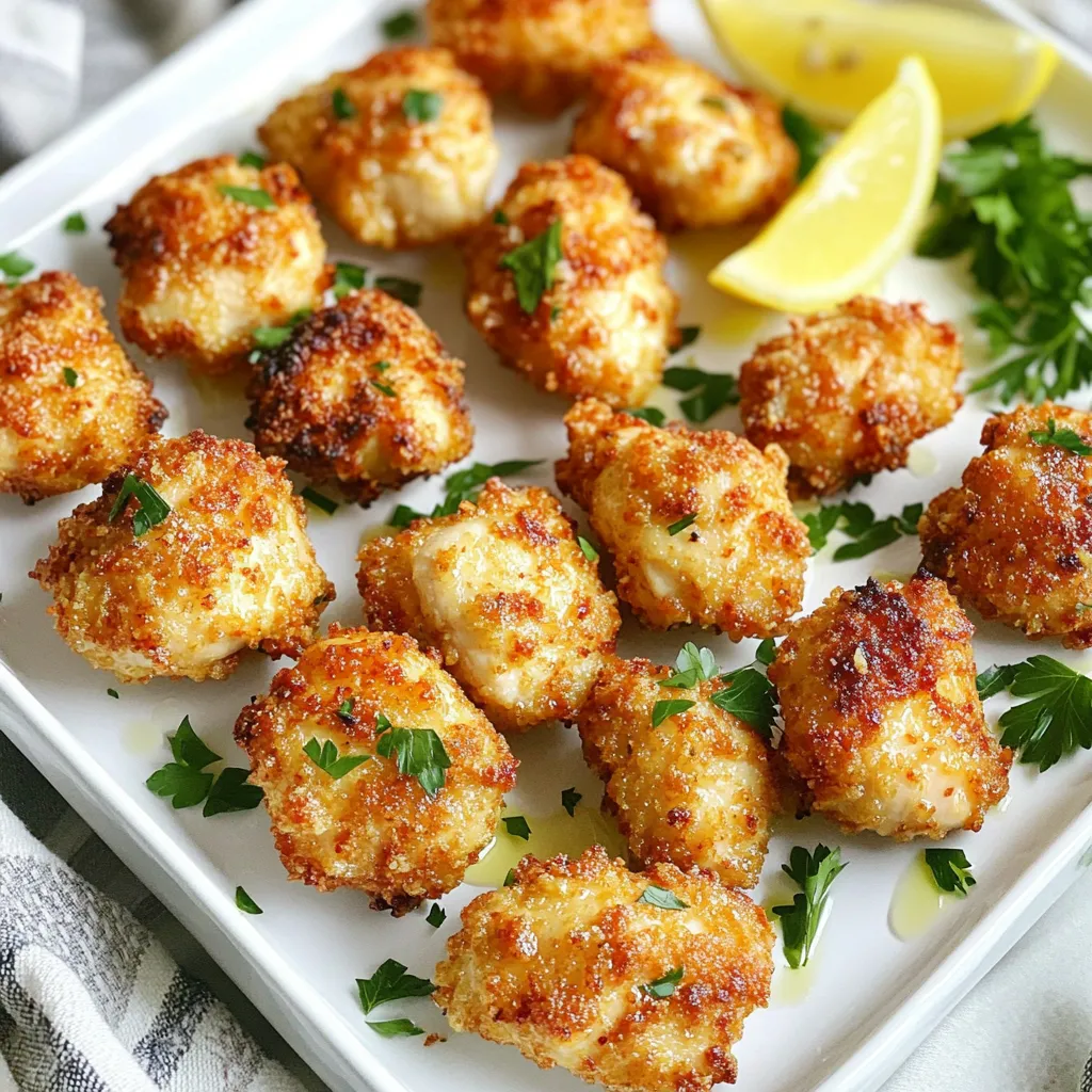 For these tasty lemon chicken bites, you need: - 1 lb chicken breast, cut into bite-sized pieces - 2 tablespoons olive oil - 1 lemon (zest and juice) - 3 cloves garlic, minced - 1 teaspoon dried oregano - 1 teaspoon paprika - ½ teaspoon salt - ¼ teaspoon black pepper - Fresh parsley, chopped (for garnish) These ingredients come together to create a bright, zesty flavor. The chicken breast keeps the dish light, while the lemon and garlic enhance the taste. To add more depth to your chicken bites, consider these extras: - A pinch of red pepper flakes for heat - Fresh herbs like thyme or rosemary for a fragrant touch - A splash of white wine for a tangy kick These options can elevate your meal and make it even more enjoyable. You will need a few key tools to make this dish: - Air fryer: This is the star of the show. It cooks the chicken quickly and gives it a crispy texture. - Mixing bowls: Use these to combine your marinade and coat the chicken. - Measuring spoons: Accurate measurements ensure the best flavor. - Tongs: These help you handle the chicken safely while cooking. Gathering these items before you start will make the cooking process smooth and easy. Enjoy creating your Air Fryer Lemon Chicken Bites! To start, grab a large mixing bowl. Add 2 tablespoons of olive oil. Then, zest and juice one lemon into the bowl. Next, add 3 cloves of minced garlic. This adds great flavor! Also, toss in 1 teaspoon of dried oregano and 1 teaspoon of paprika. Don’t forget ½ teaspoon of salt and ¼ teaspoon of black pepper. Mix everything well. This marinade will make your chicken tasty and juicy. Now, take 1 pound of chicken breast, cut into bite-sized pieces. Place the chicken in the bowl with the marinade. Toss the chicken until every piece is coated. This step is key for flavor. Cover the bowl and place it in the fridge. Let it marinate for at least 30 minutes. If you have time, let it sit for up to 2 hours. The longer you marinate, the better the flavor! Preheat your air fryer to 375°F (190°C). Once it's ready, take the marinated chicken out of the fridge. Place the chicken in the air fryer basket in a single layer. If you have a small air fryer, you may need to cook in batches. Cook the chicken for 10 to 12 minutes. Be sure to shake the basket halfway through cooking. This helps the chicken cook evenly. When done, the chicken should be golden brown and reach an internal temperature of 165°F (74°C). Finally, remove the chicken and garnish it with fresh parsley before serving. Enjoy your meal! To get juicy chicken bites, start with fresh chicken breast. Cut it into even pieces. This helps them cook at the same rate. Marinate the chicken for at least 30 minutes. If you have time, let it sit for two hours. This extra time adds great flavor. Set your air fryer to 375°F (190°C). Cooking times can change based on your air fryer. Check the chicken after 10 minutes. It should be golden brown and reach 165°F (74°C) inside. If it is not done, add a few more minutes. You can change the taste of your chicken bites easily. Want them spicier? Add red pepper flakes to the marinade. If you like herbs, mix in fresh thyme or basil. You can even swap the lemon for lime for a different twist. Always taste the marinade before adding the chicken. This way, you can adjust the flavors to your liking. If you have a lot of chicken, cook in batches. Put a single layer in the air fryer. This lets the hot air flow around each piece. If you overcrowd the basket, the chicken won't cook evenly. Once one batch is done, keep it warm in the oven. Set it to a low heat while you finish the rest. This keeps everything hot and tasty! {{image_2}} If you love heat, try making spicy lemon chicken bites. Just add some cayenne pepper or red pepper flakes to your marinade. Start with ¼ teaspoon and taste it. Adjust based on your spice level. The heat will mix beautifully with the lemon. This kick adds flavor and makes the dish exciting. For a herby twist, add fresh herbs to the mix. Consider using thyme, rosemary, or basil. Chop up about 1 tablespoon of your chosen herb and mix it into the marinade. This adds depth and freshness. The herbs will give the chicken an aromatic quality. You can even combine herbs for a unique taste. You can switch out chicken breast for other proteins. Chicken thighs work well for a juicier bite. If you want a lighter option, try turkey breast. You can also use tofu for a vegetarian meal. Just make sure to adjust cooking times slightly. Keep the same marinade for great flavor. This way, everyone can enjoy the dish. To store leftover chicken bites, let them cool completely. Place them in an airtight container. This helps keep the chicken fresh and tasty. You can store them in the fridge for up to three days. If you notice any bad smell, toss them out. To reheat the chicken, use your air fryer. Set it to 350°F (175°C). Heat for about 5-7 minutes. This method keeps them crispy. You can also use a microwave, but they may not stay crispy. If you choose the microwave, heat for about 1-2 minutes, checking often. You can freeze chicken bites for later. Make sure they are fully cooled first. Place them in a freezer bag, and squeeze out the air. Label the bag with the date. They will stay good for up to three months. To reheat from frozen, cook in the air fryer for about 10-12 minutes at 375°F (190°C), checking for doneness. Yes, you can use chicken thighs. They have more fat, which adds flavor. Thighs are also juicy and tender. Just cut them into bite-sized pieces like the breasts. You may need to adjust the cooking time slightly. Cook until the internal temperature reaches 165°F (74°C). Cooking chicken in an air fryer takes about 10 to 12 minutes. This time may vary slightly based on the size of your pieces. Always check the internal temperature. It should reach 165°F (74°C) for safe eating. Shake the basket halfway through cooking for even results. Many sauces go great with lemon chicken bites. Here are a few good options: - Honey mustard - Garlic aioli - Tzatziki sauce - Barbecue sauce - Spicy ranch Each sauce brings its own flavor. Choose one that fits your taste! In this article, we explored how to make Air Fryer Lemon Chicken Bites. We discussed the main ingredients needed, plus ways to enhance their flavor. I walked you through each step, from marinating to air frying, while offering tips for the best results. You can even adjust recipes to create spicy or herb-infused bites. Remember, proper storage helps keep leftovers fresh. Enjoy these tasty bites and try new variations. Cooking can be easy and fun!