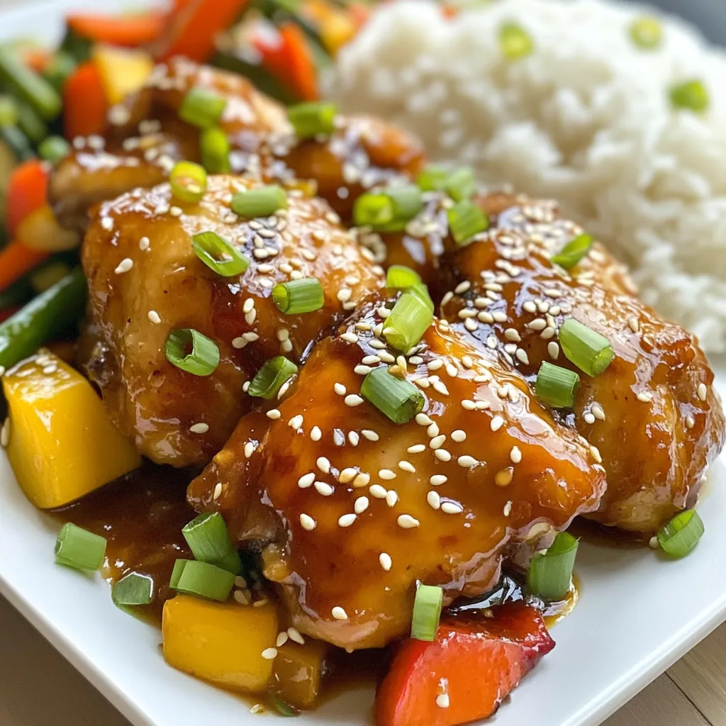 - 4 boneless, skinless chicken thighs - ¼ cup honey - 3 tablespoons soy sauce - 2 tablespoons rice vinegar - 1 tablespoon sesame oil - 2 cloves garlic, minced - 1 tablespoon fresh ginger, grated - ½ teaspoon crushed red pepper flakes (adjust to taste) - 1 tablespoon cornstarch - 1 tablespoon water - Sesame seeds for garnish - Chopped green onions for garnish For this dish, I love using chicken thighs. They stay juicy and tender during cooking. The marinade is where the magic begins. You mix honey, soy sauce, rice vinegar, sesame oil, minced garlic, grated ginger, and crushed red pepper flakes. This blend gives the chicken a sweet and savory taste. You can adjust the red pepper flakes to make it spicier or milder. After marinating, the chicken picks up these amazing flavors. Don't forget to reserve some of the marinade. You'll use it later to make a thick, rich sauce to brush on the chicken. Finally, for a beautiful finish, sprinkle sesame seeds and chopped green onions on top. These garnishes add a nice crunch and vibrant color to your dish. You can serve this chicken with steamed rice and stir-fried veggies for a complete meal. {{ingredient_image_1}} First, gather your marinade ingredients. You will need honey, soy sauce, rice vinegar, sesame oil, minced garlic, grated ginger, and crushed red pepper flakes. In a medium bowl, whisk these ingredients together until smooth. This mix brings out the sweet and savory notes in the chicken. Next, take your boneless, skinless chicken thighs. Place them in a zip-lock bag or a shallow dish. Pour the marinade over the chicken. Seal the bag or cover the dish tightly. Let the chicken marinate in the fridge for at least 30 minutes. For a stronger flavor, let it marinate for up to 2 hours. Now it’s time to bake the chicken. Start by preheating your oven to 375°F (190°C). This ensures the chicken cooks evenly and stays juicy. While the oven heats, remove the chicken from the marinade. Set the marinade aside for later use. Place the marinated chicken thighs on a baking sheet lined with parchment paper. Bake the chicken for 25-30 minutes. Use a meat thermometer to ensure the internal temperature reaches 165°F (75°C). This step is crucial for food safety. While the chicken bakes, let’s prepare the sauce. Pour the reserved marinade into a small saucepan. Heat it over medium heat until it starts to boil. In a small bowl, mix cornstarch with water until smooth. Stir this mix into the boiling sauce to thicken it. Cook for an extra 1-2 minutes until you reach your desired sauce thickness. Once your chicken is cooked, brush the thickened honey sauce over the chicken thighs. This adds a beautiful glaze and extra flavor. For a lovely presentation, serve the chicken with a drizzle of sauce. Garnish with sesame seeds and chopped green onions for a pop of color. Enjoy your flavorful Asian honey chicken! To infuse great flavor, use fresh ingredients. Mix honey, soy sauce, and spices in a bowl. Pour this over your chicken. Seal it in a bag or cover it well. Marinate in the fridge for at least 30 minutes. For the best taste, let it sit for up to 2 hours. This time lets the chicken soak up all the tasty goodness. For even cooking, place chicken thighs on a lined baking sheet. Make sure they are spaced out. This helps hot air circulate around the chicken. Bake at 375°F (190°C) for 25 to 30 minutes. To check doneness, use a meat thermometer. The chicken should reach 165°F (75°C) in the thickest part. This ensures it's safe and juicy. Serve your chicken on a big platter for a beautiful look. Drizzle extra honey sauce over the top for shine. Sprinkle sesame seeds and chopped green onions for color. These add a nice crunch and freshness. Pair the chicken with steamed rice and stir-fried veggies. This creates a complete meal that's pleasing to the eye and the palate. Pro Tips Marinate Longer for More Flavor: If time allows, marinate the chicken thighs for up to 2 hours. This will enhance the flavor and tenderness of the meat. Adjusting Spice Level: The crushed red pepper flakes can be adjusted to your spice preference. Start with a small amount and add more if you like a kick! Thicken the Sauce Perfectly: To achieve the ideal consistency for your sauce, mix the cornstarch with cold water before adding it to the boiling marinade. Serving Suggestions: Pair the honey-glazed chicken with steamed rice and stir-fried vegetables for a well-rounded meal that complements the flavors beautifully. {{image_2}} You can switch proteins in this recipe. Try using boneless turkey thighs or tofu. Both options soak up the flavors well. If you're cooking for someone with dietary needs, adjust the soy sauce to a gluten-free version. This change keeps the dish tasty for all. Want some heat? Use jalapeños or sriracha for a spicy kick. They add great depth to the dish. You can also toss in fruits like pineapple or mango. These fruits bring a sweet twist that pairs beautifully with the honey. Grilling adds a smoky flavor to your chicken. Just marinate it and then grill over medium heat until cooked. Pan-frying is another quick option. It gives a nice crispy texture. If you love slow cooking, try using a slow cooker. Just cook on low for 4-5 hours for tender results. This method allows the flavors to meld perfectly. To keep your Asian Honey Chicken fresh, follow these steps: - Let the chicken cool to room temperature. - Place it in an airtight container. - Store it in the fridge. You can safely keep leftovers for 3 to 4 days. If you want to save it longer, consider freezing it. Just wrap the chicken tightly in plastic wrap and then foil. It will last in the freezer for up to 3 months. When reheating your chicken, you want to keep it juicy and full of flavor. Here are some methods: - Oven: Preheat the oven to 350°F (175°C). Place the chicken in a baking dish and cover it with foil. Heat for about 15-20 minutes. - Microwave: Use a microwave-safe plate. Cover the chicken with a damp paper towel. Heat in short bursts of 30 seconds until warm. To maintain texture, avoid reheating too long. Overheating can make the chicken dry. Enjoy your delicious leftovers just like the first time! You can pair Asian Honey Chicken with many tasty sides. Here are some ideas: - Steamed rice: White or brown rice works well. - Stir-fried vegetables: Use snap peas, bell peppers, or broccoli. - Noodles: Try lo mein or rice noodles for a twist. - Salad: A light Asian-style salad with sesame dressing is great. - Egg rolls: Crunchy egg rolls add fun and flavor. These sides complement the sweet and savory flavors of the chicken. They enhance your meal and provide a balanced plate. Marinating the chicken is key to flavor. I recommend marinating for at least 30 minutes. For the best taste, aim for 2 hours. When you marinate longer, the chicken absorbs more flavor. It becomes tender and juicy. Just keep it in the fridge while it soaks up those delicious flavors. Yes, you can use other cuts of chicken. Here are some options: - Chicken breasts: They are leaner but can dry out if overcooked. - Drumsticks: These have more flavor and stay juicy. - Wings: Great for bite-sized treats, but adjust cooking time. Each cut has a different texture and flavor. Adjust your cooking time based on the cut you choose. This blog post covered how to make Asian Honey Chicken. We looked at the right ingredients, from chicken thighs to marinade. You learned step-by-step instructions, including marinating and baking. I shared tips on how to ensure great flavor and even cooking. We also explored fun variations and best storage methods. In wrapping up, remember that this dish is flexible and fun. Play around with flavors and enjoy every bite. Happy cooking!