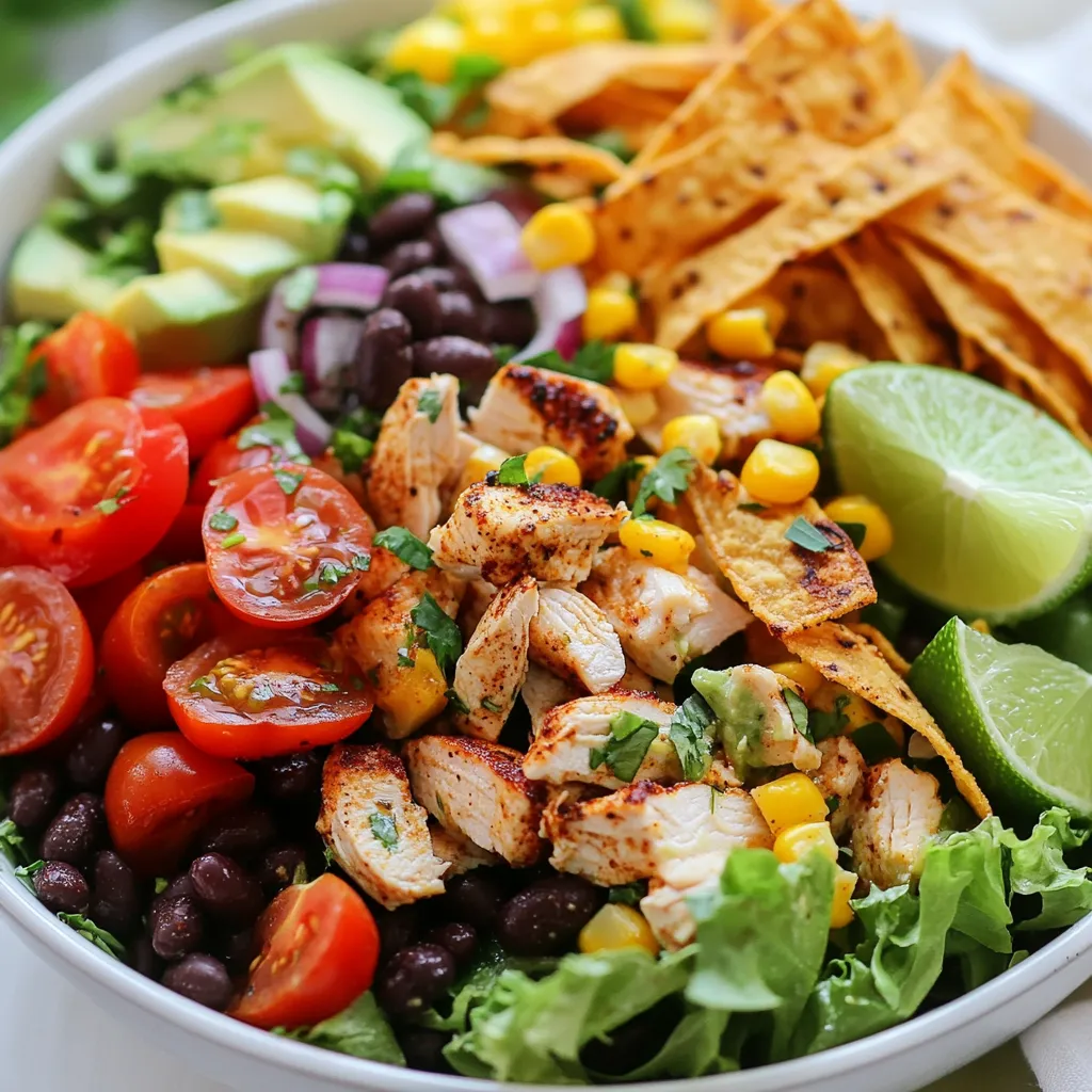 - 2 cups cooked chicken breast, diced - 1 can (15 oz) black beans, rinsed and drained - 1 cup corn kernels (fresh, frozen, or canned) - 1 red bell pepper, diced - 1 avocado, diced - 1 cup cherry tomatoes, halved - ½ red onion, finely chopped - 1 cup romaine lettuce, chopped - ¼ cup fresh cilantro, chopped The first step to making a zesty Southwest chicken salad bowl is gathering the main ingredients. You need cooked chicken for protein and black beans for fiber. Corn adds sweetness and crunch to the mix. Fresh veggies like red bell pepper, avocado, cherry tomatoes, red onion, and romaine lettuce give the salad a colorful and healthy boost. - ¼ cup lime juice - 3 tablespoons olive oil - 2 teaspoons chili powder - 1 teaspoon cumin - ½ teaspoon garlic powder - Salt and pepper to taste The dressing makes this salad pop with flavor. You mix lime juice and olive oil for a tangy base. Then, add chili powder, cumin, and garlic powder for warmth and depth. Don’t forget salt and pepper to bring it all together! - Tortilla strips or crushed tortilla chips - Fresh cilantro for garnish Finally, garnishing adds a fun crunch. You can use tortilla strips or crushed chips for texture. Fresh cilantro on top adds a burst of color and flavor. You can make your salad look as good as it tastes! {{ingredient_image_1}} To make this salad, start by combining all the salad ingredients. In a large bowl, mix together: - 2 cups cooked chicken breast, diced - 1 can (15 oz) black beans, rinsed and drained - 1 cup corn kernels - 1 red bell pepper, diced - 1 avocado, diced - 1 cup cherry tomatoes, halved - ½ red onion, finely chopped - 1 cup romaine lettuce, chopped This mix gives you a colorful and tasty base. Each bite will be fresh and full of flavor. Next, let’s make the dressing. In a small bowl, whisk together: - ¼ cup lime juice - 3 tablespoons olive oil - 2 teaspoons chili powder - 1 teaspoon cumin - ½ teaspoon garlic powder - Salt and pepper to taste This dressing adds a zesty kick to the salad. The lime juice and spices blend well together. Now it’s time to coat the salad with the dressing. Pour the dressing over the salad mixture. Gently toss everything together. Make sure each piece gets a good coating. After tossing, add the fresh cilantro and toss lightly again. Be careful not to mash the avocado. This keeps the salad looking fresh and bright. Let the salad sit for 10 minutes. This step helps the flavors meld. It allows the spices and lime juice to soak into the chicken and veggies. For a stunning look, serve each salad bowl lined with chopped romaine lettuce. Then, mound the chicken salad mixture right in the center. This creates a nice base and adds height. Garnish the top with extra cilantro. A sprinkle of chili powder gives a pop of color. You can also add tortilla strips for crunch. This makes your salad bowl not just tasty but beautiful too. To boost flavor, try adding a pinch of smoked paprika. This spice adds a warm, smoky taste. You can also mix in some diced jalapeños for heat. For the best texture, use fresh ingredients. Crunchy veggies like red bell pepper and corn add a nice bite. Make sure your avocado is ripe but firm. This way, it won’t turn mushy in the salad. Busy cooks can save time with meal prep. Chop all your veggies ahead of time. Store them in airtight containers in the fridge. This way, you can quickly toss your salad. Using rotisserie chicken cuts down on cooking time. Just shred it and add it to your bowl. Pre-cooked beans or frozen corn are great shortcuts, too. When making this salad in advance, keep the dressing separate. This helps the salad stay fresh and crisp. You can combine all the salad ingredients in one bowl. Store it in the fridge for up to two days. Just before serving, add the dressing and toss. For storage, use a glass container. This keeps everything fresh and ready to enjoy. Pro Tips Fresh Ingredients: Use fresh, ripe avocados and vegetables for the best flavor and texture in your salad. Marinating Time: Allow the salad to sit for at least 10 minutes after mixing to let the flavors meld and enhance the overall taste. Customize the Heat: Adjust the amount of chili powder to your preferred spice level; add jalapeños for an extra kick. Crunch Factor: For added crunch, consider toasting your tortilla strips lightly before adding them as a garnish. {{image_2}} If you want to change the protein in your salad, try different options. You can use tofu for a vegetarian dish. Tofu absorbs flavors well and adds a nice texture. Shrimp is another great choice. It cooks quickly and adds a tasty twist. For a vegan option, chickpeas give a hearty feel and boost protein. You can mix up the veggies in your salad. Try adding diced cucumbers or shredded carrots for crunch. Zucchini or radishes can also work well. If you love heat, add jalapeños or spicy peppers. For dressings, you might want to try avocado dressing or a spicy ranch. Try different flavors to find what you love! Pair your salad with a side of tortilla chips or a light soup. This adds texture and flavor. If you want a fun twist, make a wrap. Just spoon the salad into a tortilla and roll it up. You can also turn it into a burrito bowl. Just layer rice, beans, and salad in a bowl. Enjoy your meal in a new way! Store your leftover salad in an airtight container. Glass or plastic containers work well. Keep it in the fridge for up to three days. After that, the ingredients may not taste fresh. Always cover your salad well to avoid drying out. To freeze, separate the components. Place the chicken, beans, and corn in one bag. Store the fresh veggies in another bag. Do not freeze the dressing or avocado. When ready to eat, thaw the bags in the fridge overnight. Reheat the chicken mixture in a pan or microwave. Add fresh veggies and dressing just before serving. To keep ingredients fresh, store them separately. Use a damp paper towel in the container for leafy greens. Check for signs of spoilage like brown spots or bad smells. If your avocado gets brown, use lemon juice to slow down the process. Always eat leftovers quickly to enjoy their best taste. To add heat, try adding chopped jalapeños. You can also sprinkle in some cayenne pepper. If you want more flavor, use a spicy dressing or hot sauce. These options will kick up the heat without losing taste. Yes, canned ingredients can save time. Using canned black beans and corn is quick and easy. Just rinse them to reduce sodium. However, fresh ingredients bring better flavor and crunch. Balance convenience with taste when choosing your ingredients. The salad can sit for about 10 minutes before serving. This time lets the flavors blend well. However, if it sits too long, the lettuce may wilt. To keep it fresh, serve it soon after mixing. This blog post covered how to create a healthy, tasty salad. You learned about the main ingredients, dressing, and garnishing options. We walked through easy steps for preparation and serving. Tips to enhance flavor and save time were also shared. Plus, we explored variations to suit your taste and how to store leftovers for freshness. Now, you have all the tools to make a vibrant salad that fits your needs. Enjoy making it your own!