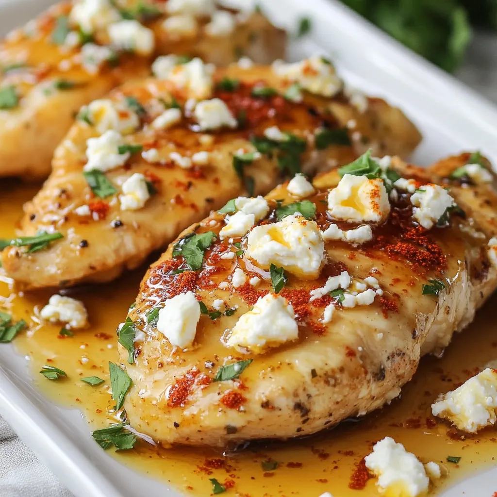 You need 4 boneless, skinless chicken breasts for this dish. These chicken breasts stay juicy while cooking and soak up the flavors well. They are perfect for this recipe. The marinade is key to the flavor. Here’s what you will need: - ¼ cup hot honey (or honey mixed with chili flakes for heat) - 2 tablespoons olive oil - 3 cloves garlic, minced - 1 teaspoon paprika - 1 teaspoon dried oregano - Salt and pepper to taste Mix the hot honey, olive oil, garlic, paprika, oregano, salt, and pepper in a bowl. This blend creates a sweet and spicy base that makes the chicken shine. To finish it off, you will need: - ½ cup crumbled feta cheese - Fresh parsley, chopped (for garnish) The feta cheese adds a creamy texture and salty flavor. The parsley brightens up the dish, making it look and taste fresh. Drizzle a bit of extra hot honey on top for added sweetness and heat. This simple act elevates the whole meal. {{ingredient_image_1}} First, preheat your oven to 400°F (200°C). This step is key for even cooking. Next, grab a mixing bowl. Combine hot honey, minced garlic, paprika, oregano, olive oil, salt, and pepper. Mix it well to form a tasty marinade. Take your chicken breasts and place them in a ziplock bag or a bowl. Pour the marinade over the chicken. Seal the bag or cover the bowl. Let it marinate in the fridge for at least 30 minutes. For more flavor, you can let it sit for up to 2 hours. After marinating, arrange the chicken in a baking dish. Make sure they are evenly spaced. Now, sprinkle crumbled feta cheese on top of each chicken breast. Drizzle a bit of extra hot honey over the feta. This adds a nice touch of sweetness. Bake the chicken in the preheated oven for 25 to 30 minutes. Check the chicken's internal temperature. It should reach 165°F (75°C). The feta will turn slightly golden. Once the chicken is done, take it out of the oven. Let it rest for about 5 minutes. This helps keep it juicy. Finally, garnish with chopped fresh parsley. It adds color and freshness to the dish. Serve your Hot Honey Feta Chicken and enjoy! Marinating the chicken is key to great flavor. I suggest a minimum of 30 minutes. This lets the chicken soak up the spices and honey. For even better taste, marinate for up to 2 hours. This gives the flavors more time to blend. If you can, try to marinate overnight in the fridge. You will taste the difference when you bite into the chicken. For perfect chicken, start by preheating your oven to 400°F (200°C). Make sure the chicken is spread out in the baking dish. This helps it cook evenly. Use a meat thermometer to check the internal temperature. It should reach 165°F (75°C) to be safe to eat. Let the chicken rest for 5 minutes after baking. This keeps it juicy and tender. Serve the Hot Honey Feta Chicken on a nice platter. Drizzle some leftover hot honey over the top. A sprinkle of parsley adds color and freshness. Pair it with roasted veggies or a fresh salad. These sides balance the spicy and sweet flavors. You can also serve it with rice or quinoa for a hearty meal. Enjoy your feast! Pro Tips Marinate Longer for Deeper Flavor: For the best results, marinate the chicken for at least 2 hours, or even overnight. This will infuse the meat with more flavor and tenderness. Choose Quality Feta: Using high-quality feta cheese can elevate the dish significantly. Look for a crumbly, rich variety for the best flavor and texture. Adjust the Heat: If you prefer less spice, reduce the amount of hot honey or chili flakes. Conversely, for an extra kick, add more to suit your taste. Rest Before Serving: Allow the chicken to rest for 5-10 minutes after baking. This helps retain juices, making the chicken more moist and flavorful when served. {{image_2}} You can switch up the feta cheese if you want. Try goat cheese for a creamier taste. It melts well and adds a tangy flavor. If you like sharpness, use aged cheddar. It gives a nice bite to the dish. For a milder flavor, mozzarella is a great choice. It melts beautifully and balances the heat from the honey. You can easily change the spice level to fit your taste. For less heat, use regular honey instead of hot honey. Just skip the chili flakes in the marinade. If you want more kick, add extra chili flakes or sliced jalapeños. You can also try adding a pinch of cayenne pepper. This will give your chicken a nice kick without being too hot. This dish pairs well with many sides. Roasted vegetables bring color and crunch. Try carrots, zucchini, or bell peppers. A fresh salad with greens and a light vinaigrette complements the meal. If you crave comfort, serve it with creamy mashed potatoes. Rice is another good option, especially with the sweet sauce. Each side adds to the meal's flavor and makes it more filling. You can keep Hot Honey Feta Chicken in the fridge. Place it in an airtight container. It stays fresh for up to 3 days. Make sure it cools down before storing. This helps keep the chicken juicy. If you want to freeze your Hot Honey Feta Chicken, wrap it tightly. Use plastic wrap or foil. Then place it in a freezer-safe bag. It can last up to 3 months. To thaw, move it to the fridge overnight before reheating. To reheat, use the oven for best results. Preheat it to 350°F (175°C). Place the chicken in a baking dish. Cover it with foil to keep it moist. Heat for about 15-20 minutes. Check that it reaches 165°F (75°C) inside. You can also use a microwave if you're short on time. Just cover it to avoid drying out. If you can't find feta cheese, try using goat cheese. Goat cheese has a similar tangy flavor and creamy texture. You can also use ricotta salata for a milder taste. If you're looking for a dairy-free option, try crumbled tofu mixed with lemon juice. This creates a similar texture without the dairy. Yes, you can use bone-in chicken. Just be aware that bone-in chicken takes longer to cook. It can add more flavor too. Make sure to adjust the cooking time. Aim for an internal temperature of 165°F. A meat thermometer helps check this. The best way to know is by using a meat thermometer. Stick it into the thickest part of the chicken. It should read 165°F. If you don’t have a thermometer, cut into the chicken. The juices should run clear, and the meat should not be pink. This shows it’s safe to eat. This blog post guided you through making a tasty chicken dish. We covered the key ingredients, from chicken and marinade to toppings. I provided clear step-by-step instructions for prepping, baking, and adding finishing touches. You learned helpful tips for marinating, cooking, and serving. Variations on cheese and spice levels allow for personal touches. Lastly, I shared storage tips to keep leftovers fresh. Enjoy your cooking and explore these ideas to make each meal a hit!