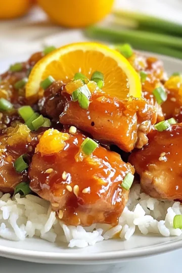 To make Slow Cooker Sweet Tangy Orange Chicken, you need these key ingredients: - 1.5 lbs boneless, skinless chicken thighs - 1 cup fresh orange juice - 1/4 cup soy sauce - 1/4 cup honey - 2 tablespoons rice vinegar - 2 cloves garlic, minced - 1 tablespoon ginger, grated - 1 teaspoon sesame oil - 1 tablespoon cornstarch mixed with 2 tablespoons water (for thickening) - Cooked rice (for serving) You can add some optional ingredients to boost flavor: - 1/2 teaspoon red pepper flakes for heat - 2 green onions, sliced for garnish To prepare this dish, you will need: - A slow cooker to cook the chicken - A mixing bowl to combine the sauce ingredients - A whisk for mixing the sauce - Two forks for shredding the chicken after cooking {{ingredient_image_1}} To start, place the chicken thighs at the bottom of your slow cooker. This helps the meat soak in all the tasty sauce. Make sure the chicken pieces do not overlap. This way, they cook evenly. You want every bite to be juicy and full of flavor. Next, grab a mixing bowl. In it, whisk together these ingredients: - 1 cup fresh orange juice - 1/4 cup soy sauce - 1/4 cup honey - 2 tablespoons rice vinegar - 2 cloves garlic, minced - 1 tablespoon ginger, grated - 1 teaspoon sesame oil - 1/2 teaspoon red pepper flakes (optional) Mix until everything blends well. This sauce is what makes your chicken sweet and tangy. Pour this mixture over the chicken. Ensure the chicken is fully covered with the sauce. This step is crucial for the best taste. Now, cover your slow cooker. Set it to cook on low for 6-8 hours. If you’re short on time, you can set it on high for 3-4 hours. The chicken will become tender and easy to shred. When the time is up, check that the chicken is fully cooked. It should shred easily with two forks. This means it is ready for the next steps. To adjust the sweetness of your orange chicken, add more honey. If you want it sweeter, go for an extra tablespoon. For a spicier kick, mix in more red pepper flakes. Start with a pinch and taste the sauce. You can always add more, but you can't take it out! If the dish becomes too sweet, balance it with a splash of rice vinegar. After cooking, let the chicken sit for a few minutes. This cooling helps it stay moist. Use two forks to shred the chicken. Hold one fork in each hand and pull apart the meat. Shredding is easy and quick this way. If you find it hard, try using your hands to pull the chicken apart. For a thicker sauce, use cornstarch mixed with water. First, mix one tablespoon of cornstarch with two tablespoons of water. Stir this slurry into the sauce in your slow cooker. Let it cook for 15 to 20 minutes on high. This will make the sauce nice and thick. Always taste the sauce after thickening. Adjust the flavor if needed! Pro Tips Use Fresh Ingredients: Freshly squeezed orange juice and fresh ginger will enhance the flavor of your dish significantly compared to bottled alternatives. Chicken Thighs for Tenderness: Boneless, skinless chicken thighs are ideal for slow cooking as they remain juicy and tender, making shredding easy. Adjusting Spice Levels: If you prefer a milder dish, reduce or omit the red pepper flakes. Conversely, for extra heat, consider adding a pinch of cayenne pepper. Thickening the Sauce: If you prefer a thicker sauce, let it simmer uncovered for a few minutes after adding the cornstarch slurry, stirring occasionally to prevent sticking. {{image_2}} You can switch out chicken thighs for other proteins. Chicken breasts work well too. They are leaner and still tasty. If you want a plant-based option, try tofu. Use firm tofu and press it first. This will help it absorb flavors better. You can also use shrimp or pork if you prefer. To change the flavor, try different citrus fruits. Instead of orange juice, use lime or lemon juice. Each will give a fresh twist. You can also add spices like cumin or coriander for a warm taste. If you like sweet heat, try adding more red pepper flakes. The mix of flavors can make this dish even more fun. You can cook this dish in an Instant Pot too. Just set it to cook on high for 10 minutes. Release the pressure and follow the same steps for thickening the sauce. If you prefer using the stovetop, sear the chicken first in a pan. Then, add the sauce and let it simmer for about 20 minutes until the chicken is tender. This method is faster but still gives great results. To store leftovers safely, wait until the orange chicken cools. Place it in an airtight container. Store it in the fridge for up to four days. Make sure to seal it tightly to keep out air and moisture. If you want to freeze the dish, let it cool completely first. Use a freezer-safe container or bag to store it. Squeeze out any air before sealing. The chicken can last for up to three months in the freezer. When you're ready to eat, thaw it overnight in the fridge. Reheat in a pan over low heat or in the microwave until hot. The sweet tangy orange chicken lasts about four days in the fridge. In the freezer, it remains good for three months. Always check for any off smells or discoloration before eating. If in doubt, throw it out. Yes, you can use chicken breasts. They will cook well in the slow cooker. Chicken breasts are leaner than thighs. This might change the texture and taste a bit. Thighs stay moist and tender, while breasts cook faster and can dry out. If you choose breasts, adjust cooking time to avoid dryness. Cook them for about 4-6 hours on low or 2-3 hours on high. You can serve this dish with several sides. Here are some tasty ideas: - Steamed rice: It soaks up the delicious sauce. - Stir-fried veggies: Keep it colorful and healthy. - Quinoa: A nutty flavor that pairs nicely with the chicken. - Salad: A fresh side to balance the flavors. - Egg noodles: They add a fun twist to the meal. These sides make a complete meal that everyone will love. To change the heat level, you can modify the red pepper flakes. If you want it mild, skip them altogether. For some heat, start with a pinch and taste. You can always add more later. If you want more spice, consider adding fresh chili or hot sauce. Just add these in small amounts to keep it balanced. Remember to taste as you go! This blog post outlined how to make Sweet Tangy Orange Chicken in a slow cooker. We covered required ingredients, necessary equipment, and step-by-step cooking instructions. You learned tips for flavor enhancement and how to shred chicken perfectly. We also explored variations and storage tips. In conclusion, this dish is easy to customize. You can adjust flavors or try new proteins. Whether you follow the recipe or make it your own, enjoy a tasty meal!